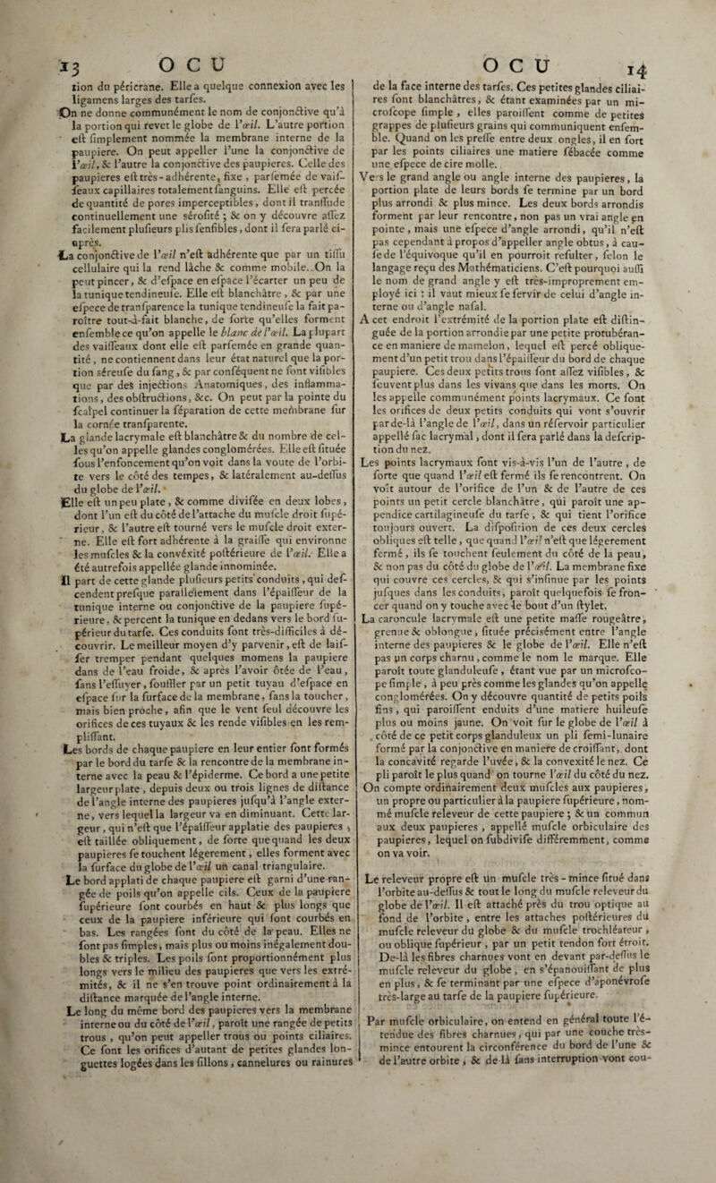 lion du péricrane. Elle a quelque connexion avec les ligamens larges des tarfes. On ne donne communément le nom de conjonélive qu’à la portion qui revet le globe de Yœil. L’autre portion eft Amplement nommée la membrane interne de la paupière. On peut appeller l’une la conjonéfive de Y œil, Sc l’autre la conjonctive des paupières. Celle des paupières elttrès-adhérente, fixe , parfemée de vaif- îeaux capillaires totalement fanguins. Elle elt percée de quantité de pores imperceptibles, dont il tranffude continuellement une sérofité ; & on y découvre allez facilement plufieurs plis fenfibles, dont il fera parlé ci- après. •La conjonctive de 1 ’œil n’eft adhérente que par un tiffu cellulaire qui la rend lâche Sc comme mobile..On la peut pincer, Sc d’efpace en efpace l’écarter un peu de la tunique tendineule. Elle eft blanchâtre, 8c par une efpecedetranfparence la tunique tendineufe la faitpa- roître tout-à-fait blanche, de forte qu’elles forment enfemble ce qu’on appelle le blanc de/’œil. La plupart des vaiffeaux dont elle elï: parfemée en grande quan¬ tité, ne contiennent dans leur état naturel que la por¬ tion séreufe du fang, Sc par conféquentne font vifibles que par des injections Anatomiques, des inflamma¬ tions, desobftruétions, Scc. On peut par la pointe du fcalpel continuer la féparation de cette merhbrane fur la cornée tranfparente. La glande lacrymale eft blanchâtre & du nombre de cel¬ les qu’on appelle glandes conglomérées. Eilleeft fituée fous l’enfoncement qu’on voit dans la voûte de l’orbi¬ te vers le côté des tempes, Sc latéralement au-deffus du globe de Yœil. J£lle eft un peu plate , Sc comme divifée en deux lobes , dont l’un eft du côté de l’attache du mufcle droit fupé- rieur, 8c l’autre eft tourné vers le mufcle droit exter¬ ne. Elle eft fort adhérente à la graille qui environne lesmufcles Sc la convéxité poftérieure de Y œil. Elle a été autrefois appellée glande innommée. Il part de cette glande plufieurs petits conduits, qui deft cendentprefque parallèlement dans l’épailfeur de la tunique interne ou conjonétive de la paupière fupé- rieure, Sc percent la tunique en dedans vers le bord fu- Péri eurdutarfe. Ces conduits font très-difficiles à dé¬ couvrir. Le meilleur moyen d’y parvenir, eft de laif- fèr tremper pendant quelques momens la paupière dans de î’eau froide, Sc après l’avoir ôtée de l’eau, fans l’effuyer, fouffler par un petit tuyau d’efpace en efpace fur la furface de la membrane, fans la toucher , mais bien proche, afin que le vent feul découvre les orifices de ces tuyaux Sc les rende vifibles en les rem- pliflfant. Les bords de chaque paupière en leur entier font formés par le bord du tarfe Sc la rencontre de la membrane in¬ terne avec la peau Sc l’épiderme. Ce bord a une petite largeurplate , depuis deux ou trois lignes de diftance de l’angle interne des paupières jufqu’à l’angle exter¬ ne, vers lequel la largeur va en diminuant. Cette lar¬ geur , qui n’eft que l’épaiffeur applatie des paupières * eft taillée obliquement, de forte quequand les deux paupières fe touchent légèrement, elles forment avec la furface du globe de Yœil un canal triangulaire. Le bord applati de chaque paupière eft garni d’une ran¬ gée de poils qu’on appelle cils. Ceux de la paupière fupérieure font courbés en haut Sc plus longs que ceux de la paupière inférieure qui font courbés en bas. Les rangées font du côté de la'peau. Elles ne font pas fimples, mais plus ou moins inégalement dou¬ bles Sc triples. Les poils font proportionnément plus longs vers le milieu des paupières que vers les extré¬ mités, Sc il ne s’en trouve point ordinairement à la diftance marquée de l’angle interne. Le long du même bord des paupières vers la membrane interne ou du côté de Y œil, paroît une rangée de petits j trous , qu’on peut appeller trous ou points ciliaires. Ce font les orifices d’autant de petites glandes lon¬ guettes logées dans les filions, cannelures ou rainures de la face interne des tarfes. Ces petites glandes ciliai¬ res font blanchâtres, Sc étant examinées par un mi- crofcope fimple , elles paroiffent comme de petites grappes de plufieurs grains qui communiquent enfem¬ ble. Quand on les preffie entre deux ongles, il en fort par les points ciliaires une matière fébacée comme une efpece de cire molle. Vers le grand angle ou angle interne des paupières, la portion plate de leurs bords fe termine par un bord plus arrondi Sc plus mince. Les deux bords arrondis forment par leur rencontre, non pas un vrai angle en pointe, mais une efpece d’angle arrondi, qu’il n’eft pas cependant à propos d’appeller angle obtus, à cau- îede l’équivoque qu’il en pourroit refulter, félon le langage reçu des Mathématiciens. C’eft pourquoi auflî le nom de grand angle y eft très-improprement em¬ ployé ici : il vaut mieux fe fervir de celui d’angle in¬ terne ou d’angle nafal. A cet endroit l’extrémité de la portion plate eft diftin- guée de la portion arrondie par une petite protubéran¬ ce en maniéré de mamelon, lequel eft percé oblique- mentd’un petit trou dans l’épaiffeur du bord de chaque paupière. Ces deux petits trous font allez vifibles, 8c fcuventplus dans les vivans que dans les morts. On les appelle communément points lacrymaux. Ce font les orifices de deux petits conduits qui vont s’ouvrir parde-là l’angle de Y œil, dans un réfervoir particulier appellé fac lacrymal, dont il fera parlé dans la deferip- tion du nez. Les points lacrymaux font vis-à-vis l’un de l’autre , de forte que quand Y œil eft fermé ils fe rencontrent. On volt autour de l’orifice de l’un & de l’autre de ces points un petit cercle blanchâtre, qui paroît une ap¬ pendice cartilagineufe du tarfe, Sc qui tient l’orifice toujours ouvert. La difpofirion de ces deux cercles obliques eft telle, que quand Yœil n’eft que légèrement fermé , ils fe touchent feulement du côté de la peau , Sc non pas du côté du globe de Y œil. La membrane fixe qui couvre ces cercles, Sc qui s’infinue par les points jufques dans les conduits, paroît quelquefois fe fron¬ cer quand on y touche avec le bout d’un ftylet, La caroncule lacrymale eft une petite mafl'e rougeâtre, grenue Sc oblongue, fituée précisément entre l’angle interne des paupières Sc le globe de Yœil. Elle n’eft pas yn corps charnu, comme le nom le marque. Elle paroît toute glanduleufe , étant vue par un microfco- pe fimple , à peu près comme les glandes qu’on appelle conglomérées. On y découvre quantité de petits poils fins, qui parodient enduits d’une matière huileufè plus ou moins jaune. On voit fur le globe de Yœil à . côté de ce petit corps glanduleux un pli femi-lunaire formé par la conjonCtive en maniéré de croiffant, dont la concavité regarde l’uvée, Sc la convexité le nez. Ce pli paroît le plus quand on tourne Yœil du côté du nez. On compte ordinairement deux mufdes aux paupières, un propre ou particulier à la paupière fupérieure, nom¬ mé mufcle releveur de cette paupière ; Sc un commun aux deux paupières , appellé mufcle orbiculaire des paupières, lequel on fubdivife différemment, comme on va voir. Le releveur propre eft Un mufcle très - mince fitué dans l’orbite au-deffus Se tout le long du mufcle releveurdu globe de Yœil. Il eft attaché près du trou optique au fond de l’orbite, entre les attaches poftérieures dil mufcle releveur dü globe Sc du mufcle trochléateur , ou oblique fupérieur , par un petit tendon fort étroit. De-là les fibres charnues vont en devant par-defliis le mufcle releveur du globe , en s’épanouiffant de plus en plus, Sc fe terminant par une efpece d’aponévrofe très-large au tarfe de la paupière fupérieure. Par mufcle orbiculaire, on entend en général toute 1 dé¬ tendue des fibres charnues, qui par une couche tres- mince entourent la circonférence du bord de l’une Sc de l’autre orbite , Sc de là fans interruption vont cou-
