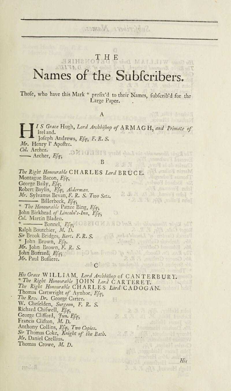 ; Names of the Subfcribers. Thofe, who have this Mark * prefix’d to their Names, fubfcrib’d for the Large Paper. A I S Grace Hugh, Lord Archbijhop of A RM A G H, and Primate of Irel and. - J Jofeph Andrews, Efq-, F. R. S. Mr. Henry 1* Apoftre. Col. Archer. -- Archer, Efq-, B The Right Honourable CHARLES Lord BRUCE. Montague Bacon, Efq George Baily, Efq, Robert Baylis, Efq-, Alderman. Mr. Sylvanus Bevan, F. R. S. Two Sets. -—* Billerbeck, Efq-, * The Honourable Pattee Bing, Efq-, John Birkhead of Lincoln's-lnn, Efq- Col. Martin Bladen. *• —■—— Bonnel, Efq-, Ralph Boutchier, M. D. Sir Brook Bridges, Bart. F. R. S. * John Brown, Efq. Mr. John Brown, F. R. S. John Burrard^ Efq) Mr. Paul Buffiere. His Grace W IL LIA M, Lord Archbijhop of C A N T E R B U R Y. * The Right Honourable JOHN Lord CAR T E R E T. The Right Honourable CHARLES Lord C A D O G A N. Thomas Cartwright of Aynhoe, Efq-, The Rev. Dr. George Carter. W. Chefelden, Surg eon, F. R. S. Richard Chifwell, EJq-, George Clifford, Jim. Efq-, Francis Clifton, M. D. Anthony Collins, Efq-, Two Copies. Sir Thomas Coke, Knight of the Bath. Mr. Daniel Crellius. Thomas Crowe, M. D.