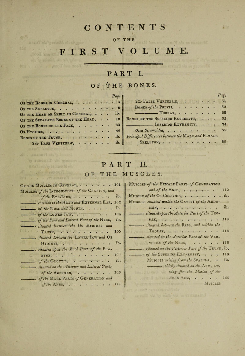 CONTENTS r OF THE FIRST VOLUME. PART I. » OF THE BONES. Pag, Of the Bones in Generax, .... Of the Skeleton,. Of the Head or Skull in General, . Of the Separate Bones of the Head, Of the Bones of the Face, . . . . Os Hyoides,. Bones of the Trunk,. The True Vertebrje, , . . . 3 8 ib. 18 33 45 ib. ib. Pag, The False Vertebrae,.51 Bones of the Pelvis,.52 - .. Thorax,.58 Bones of the Superior Extremity, ... 62 -Inferior Extremity, ... “T4 Oisa Sesamoideaf.*79 Principal Differences between the Male and Female Skeleton,.86 PART II. OF THE MUSCLES. Of the Muscles in General,.; Muscles of the Integuments of the Cranium, and of the Eye-Lids,.. ib. - - common to the Head and External Ear, 102 —1- of the Nose and Mouth,.ib. -of the Lower Jaw,. 104 _of the Fore and Lateral Part of Neck, ib. ~— situated between the Os HyoidES and Trunk,.105 _situated between the Lower Jaw and Os ’ Hyoides,.ib. __situated upon the Back Part of the Pha¬ rynx, ... *.107 _of the Glottis,.ib. _situated on the Anterior and Lateral Parts of the Abdomen,.109 _of the Male Parts o/Generation and of the Ill Muscles of the Female Parts of Generation and of Anus, ...... 112 Muscle of the Os Coccygis,.ib. Muscles situated within the Cavity of the Abdo¬ men, . * . . ib. ^ _ ——— situated upon the Anterior Part of the Tho¬ rax, .113 ... I situated between the Ribs, a7id within the Thorax,. 114 ---situated on the Anterior Part of the iebra: ^ Neck,.115 ,, situated on the Posterior Part of the Trunk, ib. -of Superior ExthEMI ry, . . , 119 Muscles Scapula, . ib. —.—chiefly situated on the Arm, ser¬ ving for the Motion of the Fore-Arm, . . . . 120 Muscles