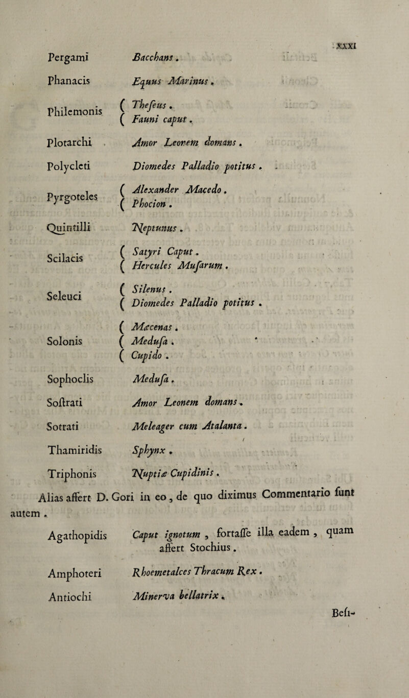Pergami Phanaeis Philemonis Plotarchi Polycleti Pyrgoteles Quintilii Scilacis Seleuci Solonis Sophoclis Softrati Sotrati Thamiridis Triphonis Bacchans. Equus Marinus • ( Thefeus • ( Fauni caput. Amor Leonem clomans. Diomedes Palladio potitus » ( Alexander Macedo. ( Phocion . TSleptunus * ( Satyri Caput • ( Hercules Mufarum, ( Silenus . ( Diomedes Palladio potitus . ( Maecenas « ( Medufa . ( Cupido . Medufa, Amor Leonem domans Meleager cum Atalanta. i Sphynx . TSpuptifi Cupidinis • Alias affert D. Gori ia eo , de quo diximus Commentario funt autem . Agathopidis Amphoteri Antiochi Caput ignotum , fortaffe illa eadem 5 quam affert Stochius. * r t Rhoemetalces Thracum Rex. Mi ne raja bellatrix « Beh-