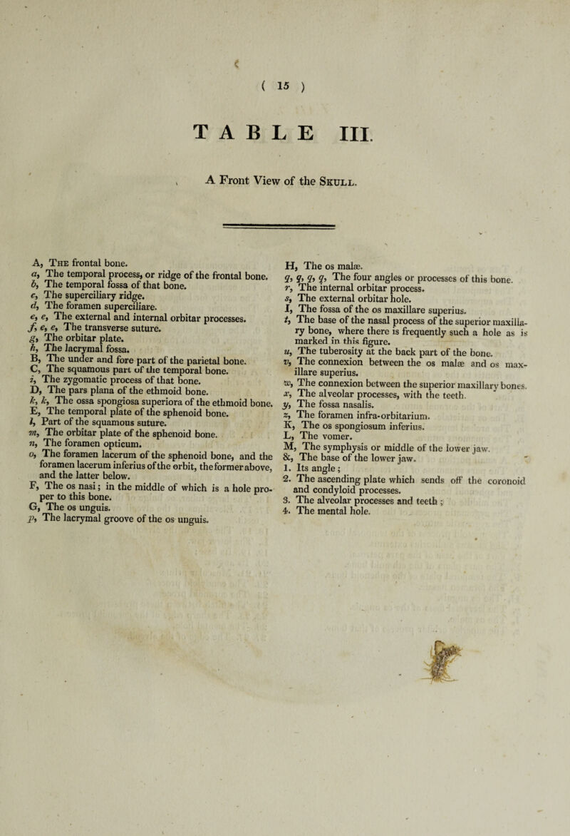 < ( 15 ) TABLE III. A Front View of the Skull. A, The frontal bone. c, The temporal process, or ridge of the frontal bone. The superciliary ridge. The foramen superciliare. ey The external and internal orbitar processes. e9 e. The transverse suture. The orbitar plate. The lacrymal fossa. » The under and fore part of the parietal bone. and the latter below. The os nasi; in the middle of which is a hole pro¬ per to this bone. The os unguis. The lacrymal groove of the os unguis. H, The os malse. <Z> & <Z> The four angles or processes of this bone. r. The internal orbitar process. s, The external orbitar hole. I, The fossa of the os maxillare superius. The base of the nasal process of the superior maxilla¬ ry bone, where there is frequently such a hole as is marked in this figure. uy The tuberosity at the back part of the bone. Vj The connexion between the os malae and os max¬ 2. The ascending plate which sends off the coronoid and condyloid processes. 3. The alveolar processes and teeth ; 4. The mental hole.