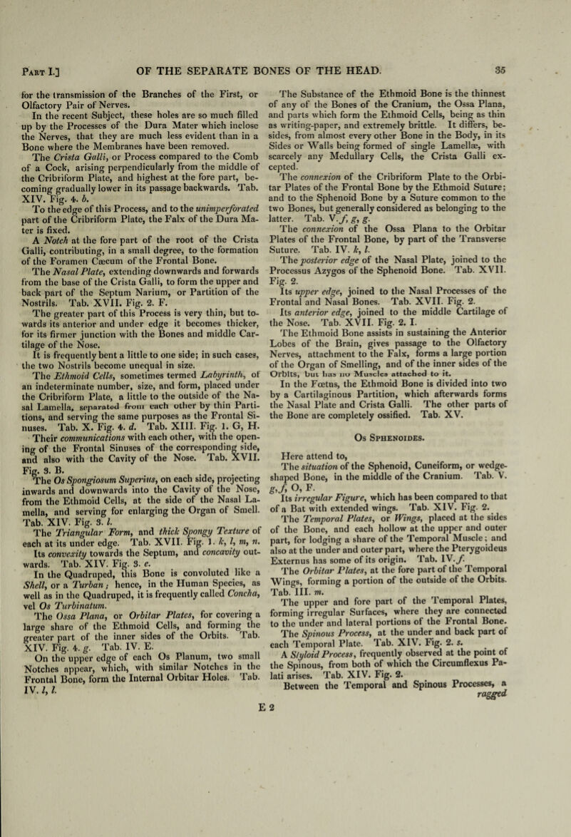 for the transmission of the Branches of the First, or Olfactory Pair of Nerves. In the recent Subject, these holes are so much filled up by the Processes of the Dura Mater which inclose the Nerves, that they are much less evident than in a Bone where the Membranes have been removed. The Crista Galli, or Process compared to the Comb of a Cock, arising perpendicularly from the middle of the Cribriform Plate, and highest at the fore part, be¬ coming gradually lower in its passage backwards. Tab. XIV. Fig. 4. b. To the edge of this Process, and to the unimperforated part of the Cribriform Plate, the Falx of the Dura Ma¬ ter is fixed. A Notch at the fore part of the root of the Crista Galli, contributing, in a small degree, to the formation of the Foramen Caecum of the Frontal Bone. The Nasal Plate, extending downwards and forwards from the base of the Crista Galli, to form the upper and back part of the Septum Narium, or Partition of the Nostrils. Tab. XVII. Fig. 2. F. The greater part of this Process is very thin, but to¬ wards its anterior and under edge it becomes thicker, for its firmer junction with the Bones and middle Car¬ tilage of the Nose. It is frequently bent a little to one side; in such cases, the two Nostrils become unequal in size. The Ethmoid Cells, sometimes termed Labyrinth, of an indeterminate number, size, and form, placed under the Cribriform Plate, a little to the outside of the Na¬ sal Lamella, separated from each other by thin Parti¬ tions, and serving the same purposes as the Frontal Si¬ nuses. Tab. X. Fig. 4. d. Tab. XIII. Fig. 1. G, H. Their communications with each other, with the open¬ ing of the Frontal Sinuses of the corresponding side, and also with the Cavity of the Nose. Tab. XVII. Fig. 3. B. . The Os Spongiosum Superius, on each side, projecting inwards and downwards into the Cavity ot the Nose, from the Ethmoid Cells, at the side of the Nasal La¬ mella, and serving for enlarging the Organ of Smell. Tab. XIV. Fig. 3. 1. The Triangular Form, and thick Spongy Texture of each at its under edge. Tab. XVII. Fig. 1 • k, 7, m, n. Its convexity towards the Septum, and concavity out¬ wards. Tab. XIV. Fig. 3. e. In the Quadruped, this Bone is convoluted like a Shell, or a Turban ; hence, in the Human Species, as well as in the Quadruped, it is frequently called Concha, vel Os Turbinatum. The Ossa Plana, or Orbitar Plates, for covering a large share of the Ethmoid Cells, and forming the greater part of the inner sides of the Orbits. Tab. XIV. Fig. 4. g. Tab. IV. E. On the upper edge of each Os Planum, two small Notches appear, which, with similar Notches in the Frontal Bone, form the Internal Orbitar Holes. Tab. IV. I, l The Substance of the Ethmoid Bone is the thinnest of any of the Bones of the Cranium, the Ossa Plana, and parts which form the Ethmoid Cells, being as thin as writing-paper, and extremely brittle. It differs, be¬ sides, from almost every other Bone in the Body, in its Sides or Walls being formed of single Lamellae, with scarcely any Medullary Cells, the Crista Galli ex¬ cepted. The connexion of the Cribriform Plate to the Orbi¬ tar Plates of the Frontal Bone by the Ethmoid Suture; and to the Sphenoid Bone by a Suture common to the two Bones, but generally considered as belonging to the latter. Tab. V./, g, g. The connexion of the Ossa Plana to the Orbitar Plates of the Frontal Bone, by part of the Transverse Suture. Tab. IV. k, l. The posterior edge of the Nasal Plate, joined to the Processus Azygos of the Sphenoid Bone. Tab. XVII. Fig. 2. Its upper edge, joined to the Nasal Processes of the Frontal and Nasal Bones. Tab. XVII. Fig. 2. Its anterior edge, joined to the middle Cartilage of the Nose. Tab.' XVII. Fig. 2. I. The Ethmoid Bone assists in sustaining the Anterior Lobes of the Brain, gives passage to the Olfactory Nerves, attachment to the Falx, forms a large portion of the Organ of Smelling, and of the inner sides of the Orbits, but, lias no Muscles attached to it. In the Foetus, the Ethmoid Bone is divided into two by a Cartilaginous Partition, which afterwards forms the Nasal Plate and Crista Galli. The other parts of the Bone are completely ossified. Tab. XV. Os Sphenoides. Here attend to, The situation of the Sphenoid, Cuneiform, or wedge- shaped Bone, in the middle of the Cranium. Tab. V. g,f O, F. Its irregular Figure, which has been compared to that of a Bat with extended wings. Tab. XIV. Fig. 2. The Temporal Plates, or Wings, placed at the sides of the Bone, and each hollow at the upper and outer part, for lodging a share of the Temporal Muscle; and also at the under and outer part, where the Pterygoideus Externus has some of its origin. Tab. IV./. The Orbitar Plates, at the fore part of the Temporal Wings, forming a portion of the outside of the Orbits. Tab. III. m. The upper and fore part of the Temporal Plates, forming irregular Surfaces, where they are connected to the under and lateral portions of the Frontal Bone. The Spinous Process, at the under and back part of each Temporal Plate. Tab. XIV. Fig. 2. s. A Styloid Process, frequently observed at the point of the Spinous, from both of which the Circumflexus Pa- lati arises. Tab. XIV. Fig. 2. Between the Temporal and Spinous Processes, a raz&ed E 2