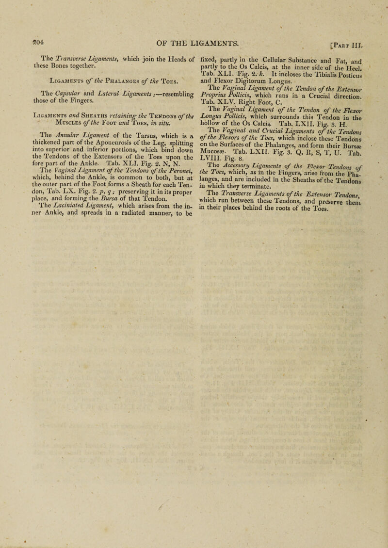 [Part IIL The Transverse Ligaments, which join the Heads of these Bones together. Ligaments of the Phalanges of the Toes. The Capsular and Lateral Ligaments—resembling those of the Fingers. v Ligaments and Sheaths retaining the Tendons of the Muscles of the Foot and Toes, in situ. The Annular Ligament of the Tarsus, which is a thickened part of the Aponeurosis of the Leg, splitting into superior and inferior portions, which bind down the Tendons of the Extensors of the Toes upon the fore part of the Ankle. Tab. XLI. Fig. 2. N, N. The Vaginal Ligament of the Tendons of the Peronei, which, behind the Ankle, is common to both, but at the outer part of the Foot forms a Sheath for each Ten¬ don, Tab. LX. Fig. 2. p, q; preserving it in its proper place, and forming the Bursa of that Tendon. The Laciniated Ligament, which arises from the in¬ ner Ankle, and spreads in a radiated manner, to be fixed, partly in the Cellular Substance and Fat, and partly to the Os Calcis, at the inner side of the Heel. Fab. XLI. Fig. 2. Jc. It incloses the Tibialis Posticus and Flexor Digitorum Longus. The Vaginal Ligament of the Tendon of the Extensor Proprius Pollicis, which runs in a Crucial direction. Tab. XLV. Right Foot, C. The Vuginal IJgament of the Tendon of the Flexor Longus Pollicis, which surrounds this Tendon in the hollow of the Os Calcis. Tab. LXII. Fig. 3. H. The Vaginal and Crucial Ligaments of the Tendons of the Flexors of the Toes, which inclose these Tendons on the Surfaces of the Phalanges, and form their Bursae Mucosae. Tab. LXII. Fig. 3. Q, R, S, T, U. Tab. LVIII. Fig. 8. The Accessory Ligaments of the Flexor Tendons of the Toes, which, as in the Fingers, arise from the Pha¬ langes, and are included in the Sheaths of the Tendons in which they terminate. The Transverse Ligaments of the Extensor Tendons■ which run between these Tendons, and preserve them in their places behind the roots of the Toes. \