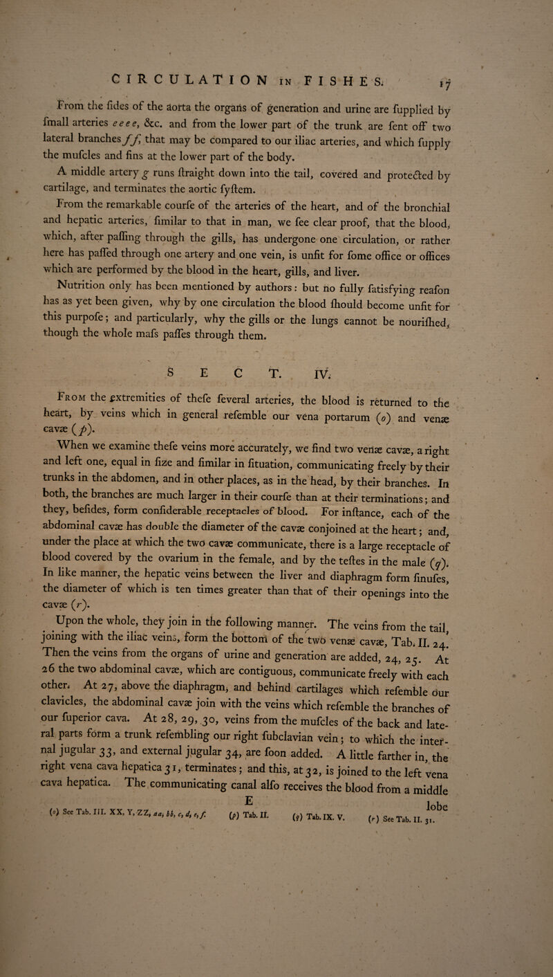 ( From the Tides of the aorta the organs of generation and urine are fupplied by fmall arteries eeee, &c. and from the lower part of the trunk are Tent off two lateral branches ff that may be compared to our iliac arteries, and which fupply the mufcles and fins at the lower part of the body. A middle artery g runs ftraight down into the tail, covered and protected by cartilage, and terminates the aortic fyftem. From the remarkable courfe of the arteries of the heart, and of the bronchial and hepatic arteries, fimilar to that in man, we fee clear proof, that the blood, which, after palTing through the gills, has undergone one circulation, or rather here has paffed through one artery and one vein, is unfit for fome office or offices which are performed by the blood in the heart, gills, and liver. Nutrition only has been mentioned by authors: but no fully fatisfying reafon has as yet been given, why by one circulation the blood fhould become unfit for this purpofe; and particularly, why the gills or the lungs cannot be nourifhed, though the whole mafs pafles through them. SECT. IV. From the £Xtiemities of thefe feveral arteries, the blood is returned to the heart, by veins which in general refemble our vena portarum (0) and vense cavae (/>). When we examine thefe veins more accurately, we find two veil^e cavae, a right and left one, equal in fize and fimilar in fituation, communicating freely by their trunks in the abdomen, and in other places, as in the head, by their branches. In both, the branches are much larger in their courfe than at their terminations; and they, befides, form confiderable receptacles of blood. For inflance, each of the abdominal cavae has double the diameter of the cavae conjoined at the heart; and under the place at which the two cavae communicate, there is a large receptacle of blood covered by the ovarium in the female, and by the teftes in the male (y). In like manner, the hepatic veins between the liver and diaphragm form finufes, the diameter of which is ten times greater than that of their openings into the cavae (r). _ Up°n the whole, they join in the following manner. The veins from the tail joining with the iliac vein*,, form the bottom of the two venae cavae. Tab, II 2a Then the veins from the organs of urine and generation are added, 24, 25. At 26 the two abdominal cavae, which are contiguous, communicate freely with each other. At 27, above the diaphragm, and behind cartilages which refemble bur clavicles, the abdominal cavae join with the veins which refemble the branches of our fupenor cava. At 28, 29, 30, veins from the mufcles of the back and late¬ ral parts form a trunk refembling our right fubclaviatt vein; to which the intef- nal jugular 33, and external jugular 34, are foon added. A little farther in, the right vena cava hepatica 31, terminates; and this, at 32, is joined to the left vena cava hepatica. The communicating canal alfo receives the blood from a middle («) See Tab. III. XX, Y, ZZ, a a, lb, <r, e,/ E (/>) Tab. II. (?) Tab. IX. V. lobe (0 See Tab. II. 31. / 9