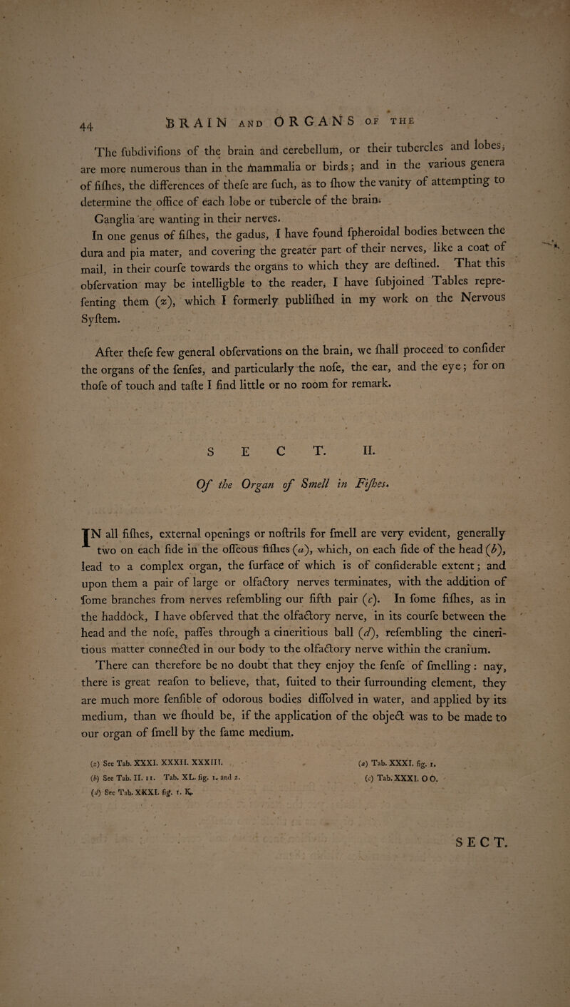 \ I .* / A I 44 BRAIN and ORGANS of the The fubdivifions of the brain and cerebellum, or their tubercles, and lobes, are more numerous than in the fnammalia or birds; and in the vaiious genera of fiffies, the differences of thefe are fuch, as to fhow the vanity of attempting to determine the office of each lobe or tubercle of the braim - . / i ' Ganglia are wanting in their nerves. In one genus of fiffies, the gadus, I have found fpheroidal bodies between the dura and pi a mater, and covering the greater part of their nerves, like a coat of mail, in their courfe towards the organs to which they are deftined. That this obfervation may be intelligble to the reader, I have fubjoined Tables repre- fenting them (%), which I formerly publilhed in my work on the Nervous Syftem. • t After thefe few general obfervations on the brain, we fhall proceed to confidei the organs of the fenfes, and particularly the nofe, the ear, and the eye ; for on thofe of touch and talte I find little or no room for remark. , ; SECT. 11. ' V ■ s , • f ' Of the Organ of Smell in Fifhes* * ■ *. •. t \ ' * ■ i . TN all fiffies, external openings or noflrils for fmell are very evident, generally two on each fide in the offeous fiffies («), which, on each fide of the head (£), lead to a complex organ, the furface of which is of confiderable extent; and upon them a pair of large or olfa&ory nerves terminates, with the addition of fome branches from nerves refembling our fifth pair (^). In fome fiffies, as in the hadd6ck, I have obferved that the olfactory nerve, in its courfe between the head and the nofe, paffes through a cineritious ball (V), refembling the cineri- tious matter conne&ed in our body to the olfactory nerve within the cranium. There can therefore be no doubt that they enjoy the fenfe of fmelling: nay, there is great reafon to believe, that, fuited to their furrounding element, they are much more fenfible of odorous bodies difTolved in water, and applied by its medium, than we ffiould be, if the application of the objed was to be made to our organ of fmell by the fame medium. (2) See Tab. XXXI. XXXII. XXXIIT. (a) Tab. XXXI. fig. i. (b) See Tab. II. u. Tab. XL. fig. u and z. (c) Tab. XXXI. 0 O. ' {(!) See Tab. XXXI. fig. i. K. SECT.