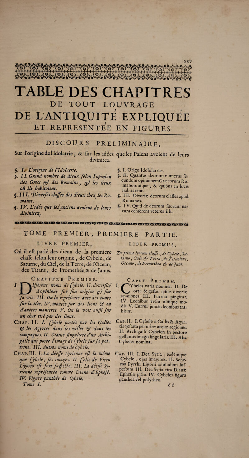 TABLE DES CHAPITRES DE TOUT L’OUVRAGE DE L ANTIQUITE EXPLIQUEE ET REPRESENTEE EN FIGURES. DISCOURS PRELIMINAIRE, Sur i origine de 1 idolâtrie , & fur les ide'es que les Paiens avoient de leurs divinitez. §. Ijf L'origine de lIdolâtrie. §. 11. Grand nombre de dieux félon l'opinion des Grecs pt) des Romains, pf les lieux oà ils habitoient. §.IIL rDiver/ès clajfes des dieux che\ les Ro¬ mains. §. IV. llidee que les anciens avoient de leurs divinité^ §. I. Origo Idololatriæ. §. II. Quantus deorum numerus fe- cundum opinionemGræcorum Ro~ manorumque, & quibus in locis habirarent. §. III. Diverfæ deorum dalles apud Romanos. §. IV. Quid de deorum fuorum na- tura cenferenc veteres illi. XXXXXXXXXXXXXXXXXXXXXXXXXXXXXXXXXXXXXXXXXXXXXXXXXXXXXXXXXXXXXXXXXXXXXXXX TOME PREMIER, PREMIERE PARTIE. LIVRE PREMIER, Où il eft parle' des dieux de la première clafle félon leur origine , de Cybele, de Saturne, du Ciel, de la Terre, de l’Océan, des Titans, de Promethée & de Janus. Chapitre Premier. Ja <vie. III. On la repréfente avec des tours fur la tête. HA. montée fur des lions Gf en d'autres maniérés. V. On la voit aufft fur un char tiré par des lions. Chap. 11. I. fybele portée par les Galles & les Agyrtes dans les <villes & dans les campagnes. U. Statue finguliere d'un Archi- galle qui porte l'image de fybele fur fa poi¬ trine. III. Autres noms de Cybele. Chap. III. I. La déeffe Syrienne eft la même que fybele i fes images. IL felle de Pirro Ligorio eft fort ftftcffie. III. La déejfe Sy¬ rienne repréfentee comme Diane d'Epheft. Iy. Figure panthée de Cybele. Tome /. LIBER PRIMU S, De prima deorum clajfe , de Cybele, Sa. turno, Ccelo & Terra , de Titanibus, Oceano, de Prometbeo & dejano. I. Cap u t Primum. CYbeles varia nomina. II. De ortu & geilis ipfius diverfæ opmiones. III. Turrica pingitur. IV. Leonibus veda aliifque mo- dis. V. Currui jundis leonibus tra¬ hit ur. Cap. II. I. Cybele a Gailis & Agyr- ris gcftata per urbesatque regiones. II. Archigalli Cybelen in pedore geftands imago (mgularis. III. Alia Cybeles nomina. Cap. HT. I. Dea Syrîa ; eademque Cybele j ejus imagines. II. Sché¬ ma Pyrrhi Ligorii admodum fuf. pedum. III. DeaSyria ritu Diana; Ephefiæ pida. IV. Cybeles figura panthea vel polyrhea. e e