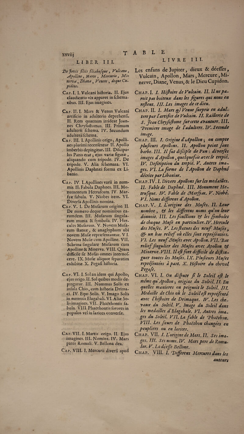 xxvnj T LIBER III. De Jovis filiis filiabufque 3 Vulcano 3 -Apolline 3 Marte , Mercurio , Mi¬ nera a , Diana , Venefe , de que Cu- ■pidine. Cap.I. I. Vulcani hiftoria. IL Ejus claudicatio vix apparet in fehema- tibus. III. Ejus imagines. Cap. II. I. Mars & Venus Vulcani arrificio in adukerio deprehenfi. II. Rem quantum irrideat Joan- nes Chryfoftomus. III. Primum adukerii fehema. IV. Secundum adukerii fehema. Cap. III. I. Apollinis origo} Apolli- nes plurimirecenfentur. IL Apollo imberbis depingitur. III. Dilcipu- ius Panis état * ejus variæ fîguræ , aliquando cum tripode. IV. De tripode. V. Alia fehemata. VI. Apollinis Daphnæi forma ex Li- banio. Cap. IV. I. Apollines varii in num- mis. IL Fabula Daphnes. III. Mo- numentum Hetrufcum. IV. Mar- fyæ fabula. V. Niobes item. VL Diverfa Apollinis nomina. Cap. V. I. De Mufarum origine. IL De numéro deque nominibus ea- rumdem. III. Mufarum fingula- rum munia & fymbola. IV. Her¬ cules Mufarum. V. Novem Mufa¬ rum ftatuæ, &: anaglyphum ubi novem Mufæ repræfentantur. V I. Novem Mufæ cum Apolline. VIL Schéma fingulare Mufarum cum Apolline & Minerva. VIII. Quam difficile fie Mufas omnes internof- cere. IX. Mufæ aliquot feparatim exhibitæ. X. Pegaft hiftoria. Cap. VI. I. Sol an idem qui Apolloj ejus origo. IL Sol quibus modis de- pingatur. III. Nummus Solis ex infula Chio, cum hiftoria Drima- ci. IV. Equi Solis. V. Imago Solis in nummis Elas;abali. VI. Aliæ So- lis imagines. VIL Phaëthontis fa¬ bula. VIII. Phaëthontis forores in populos velin larices converfæ. Cap. VIL I. Martis origo. IL Ejus imagines. III. Nomina. IV. Mars pater Romuli. V. Bellona dea. Cai>. VIII. I. Mercurii diverfi apud A B L E LIVRE III. Les enfans de Jupiter, dieux & de'efles, Vulcain, Apollon, Mars , Mercure , Mi¬ nerve, Diane, Venus, & le Dieu Cupidon. Ch ap. I. /. Hiftoire de Vulcain. IL II ne pa¬ rent pas boiteux dans les figures qui nous en refient. J IL Les images de ce dieu. Ch a p. IL L Mars ffi Venus furpris en adul¬ téré par lartifice de Vulcain. IL Raillerie de S. Jean Chryfoftome fur cette avanture. III. Dremicre image de l adultéré. IV. Seconde image. Chap. III. I. Origine d'cApollon > on compte plufieurs Apolluns. II. Apollon peint fans barbe. III. Il fit difiiple de Pan : diverfes images L Apollon, quelquefois avec le trepié. IV. Defcription du trepié. V. Autres ima¬ ges. VI. La forme de l'Apollon de Daphné décrite parLibanius. Chap. IV. I. Divers Apollons furies médaillés. II. Fable de Daphné. III. Monument He- trufque. IV. Fable de LMarfyas. V. Niobé. yI. Noms différent d'Apollon. Chap. V. I. Il origine des Mufes. IL Leur nombre, & les differens noms quon leur donnoit. III. Les finitions & les Jymboles de chaque Mufe en particulier. IV. Hercule des Mufes. V. Lesflatuesdes neuf Mufes y (df un bas relief ou elles font repré fi niées, VI. Les neuf SMufis avec Apollon. VIL ‘Ras relief fingulier des Mufes avec Apollon & Minerve. VIII. Il efi fort difficile de difiin- guer toutes les Mufes. IX. Plufieurs Mufes repréfintées à part. X. Hiftoire du cheval Pegafi. Chap. VI. I. On diffute fi le Soleil efi le meme qu Apollon j origine du Soleil. II. En quelles maniérés on peignoitle Soleil. III. Médaillé de Chio ou le Soleil efi repréfinté avec l'hiftoire de Drimaque. IV. Les che¬ vaux du Soleil. V. Image du Soleil dans les médaillés d'Elagabale. VI. Autres ima¬ ges du Soleil. VIL La fable de Thaëthon. VIII. Les fœurs de Phaethon changées en peupliers ou en larices. Chap. VIL I. L'origine de Mars. II. Ses ima¬ ges. III. Ses noms. IV. Mars pere de Romu- lus. V. La dé e fie Bellone. Chap. VIII. I. Differens Mercure s dans les auteurs