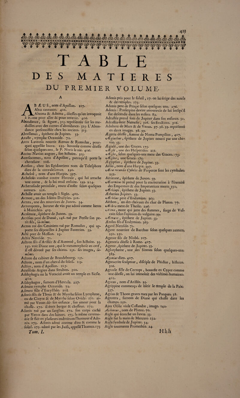 DES MATIERES DU PREMIER VOLUME- A AB Æ U S , nom d’Apollon. 107. Abas centaure. 401. Abcona 8c Adeona , déefles qu’on invoquoit à Rome pour aller 8c pour revenir. 406. Abondance, fa figure ,315. repréfentée fur les mé¬ dailles avec des cornes d’abondance. 315. L’Abon¬ dance perfonnifiée chez les anciens. 315. Abrellenus , épithete de Jupiter. 53. Acafte , nymphe Oceanide. 72. Acca Larentia nourrit Remus & Romulus, pour¬ quoi appellée louve. 253. honorée comme déefle félon quelques-uns,, le P. Noris le nie. 40^. Accius Navius augure , Ton hiftoire. 313. Acerfocomes, nom d’Apollon, pareequ’il porte la chevelure 108. Acefios, chez les Epidauriens nom de Telefphore dieu de la convalefcence. 290. Acheloé , nom d’une Harpie. 397. Acheloüs combat contre Hercule , qui lui arrache une corne , 8c la lui rend enfuite. 199. 214. Acherufiade peninfule , route d’enfer félon quelques auteurs. 114. Achille avoit un temple à Sigée. 402. Acmon , un des Idéens Daétyles. 301. Acræa, une des nourrices de Junon. 54. Acratopotes, buveur de vin pur adoré comme héros à Munichia. 403. Acréenne, épithete de Junon. 59. Acrifius pere deDanaé, 146. tué par Perfée fon pe¬ tit-fils, là-même. Acr-on roi des Ceniniens tué par Romulus, qui ap¬ porte fes dépouilles à Jupiter Ferctrien. 39. Aété port de Mefline. 23. Aétée Nereïde. 71. Adeon fils d’Ariftée 8c d’Autonoé , fon hiftoire. 93. 151. voit Diane nue , qui le metamorphofe en cerf, il eft dévoré par fes chiens. 131. fes images, là- même» Adcon du cabinet de Brandebourg. 151. Adeon, nom d’un cheval du lolcil. 119. Adius, nom d’Apollon. 107. Acufiiaüs Argien dans Strabon. 300. Addephagia ou la Voracité avoir un temple en Sicile. 402. Addephagus, furnom d’Hercule. 227. Admete nymphe Oceanide. 72. Admetc fille d’Euryfthée. 208. Adonis fils de Thyas & de Myrrhe félon Lycophron, ou de Cinyre 8c de Myrrhe félon Ovide. 171. ai¬ mé par Venus dès fon enfance , fon amour pour la chafle. 171. il étoit berger 8c chafleur. 172. Adonis tué par un fanglier. 172. fon corps caché par Venus dans des laitues. 173. la meme ceremo¬ nie fe fait en plufteurs endroits en l’honneur d’Ado- nis. 173. Adonis adoré comme dieu 8c comme le foleil. 173. adoré par les Juifs, appelléThamuz. 173 Tom. I. Adonis pris pour le foleil, 17. on lui érige des autels 8c des temples. 173. Adonis pere de Priape félon quelques uns. 276. Adonis : Proferpine devint amoureufe de lui lorfqu’il fut defeendu dans les enfers. 82. Adraftée prend foin de Jupiter dans fon enfance. 31. Adraftia étoit Nemefis, 306. fes fonctions. 306. Adultéré de Mars 8c de Venus. 97. 98. 99. repréfenté en deux images. 98. 99. Ægeria déefle , femme de Numa Pompilius, 407. a/Egiuchus, épithete de Jupiter nourri par une chè¬ vre. 53. Ægialé, une des Grâces. 175. AEglé , une des Helperides. 2ir. iSEgla 3 lelon quelques-uns mere des Grâces. 173. <tÆglea , une Grâce. 173. Ægyptius, épithete de Jupiter. 53. Aëilo , nom d’une Harpie. 397. eÆra rotunda Cybelcs de Properce font les cymbales; -25 4. Aerienne, épithete de Junon. 39. <lÆ ternit as le prend pour la confecration à l’éternité des Empereurs & des Impératrices morts. 332» <Ætkiops , épithete de Jupiter. 33. Ætherius Jupiter. 33. <tÆthlius pere d’Endymion. 363. Aéthon , un des chevaux du char de Pluton. 77. zALihra mere de Thelée. 296. vyt tna, mont qui jette des flammes, forge de Vul- cain félon l’opinion du vulgaire. 99. nÆtnœns , épithete de Jupiter. 33. Ætolus fils d’Endymion. 36J. Agavé Nereïde. 71. Agave nourrice de Bacchus félon quelques auteurs» 230. 231. Agenor fils de Niobé. 107. Agenoria déefle à Rome. 407. Agetor, épithete de Jupiter. 33. Aglaopheme , une ^des Sirenes félon quelques-uns. 389. Agonius dieu. 407. Agoracrite fculptcur , difciple de Phidias , hiftoire» 30^. Agraule fille de Cecrops , honorée en Cypre comme une déefle, on lui immoloit des victimes humaines» 402. Agreus, nom d’Ariftée. 93. Agrippine commença de bâtir le tëmple de la Paix. 337* Agrius 8c Thoon géants tuez par les Parques. 38. Agrotera , furnom de Diane qui chafle dans les champs. 130. Ajax Oïlée viole Caflandre , image. 142. A'tdoncus, nom de Pluton. 70. Aigle qui écorche un lievre. 33. Aigle fur la main de Mercure. 132. Aiglefymbolede Jupiter. 34. Aigle tourmente Promethée. 24. / H h h