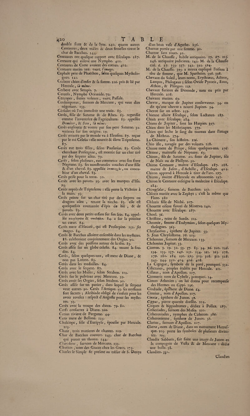 double flûte 8c de la, lyre. 240. quatre autres Centaures, deux rnâlcs 8c deux femelles tirent le char de Bacchus. 244. Centaures ont quelque rapport avec Efculape* 287. Centaure qui enleve une Nymphe. 401. Centaures de Crete avoient des carnes. 402. Centaure marin. 166. volez, l'image. Cephalc pere de Phacthon, félon quelques Mytholo¬ gues. 121. Cerbere chien d’enfer & fa forme. 216. pris 8c lié par Hercule, la même. Cerbere avec Serapis. 7. Cerceïs, Nymphe Oceanide. 72. Cercopes , freres voleurs, volez. Paftalc. Cerdemporus , furnom de Mercure , qui veut dire négotiant. 133. Céréales où l’on immoloit une truie. 85. Gérés, fille de Saturne 8c de Rhea. 83. regardée comme l’inventrice de l’agriculture. 83. appellée Demèter, 8c Sito , là meme. Cerès engloutie 8c vomie par fon pere Saturne. 32. varietez fur fon origine. 15). Cerés errante par le monde va à Eleufine. 87. reçue par le roi Celeiis : elle nourrit 8c éleve Triptoleme. 87' Cerès eut trois filles, félon Paufanias. 83. Cerès cherchant Proferpine, eft montée fur un char tiré par des ferpens ailez. 79. Cerès , félon plufieurs, eut commerce avec fon frere Neptune. 83. fes monftrueufes couches d’une fille 8c d’un cheval. 83. appellée bmAi^hi}ou concu¬ bine d’un cheval. 83. Cerès prife pour la terre. 20. Cerès avec les pavots. 73. avec les marques d’Ifis. *3- Cerès auprès de Triptoleme : elle porte la Viétoire à la main. 93. Cerès peinte lur un char tiré par des ferpens ou dragons ailez , tenant la torche. 8$. elle eft quelquefois couronnée d’épis de blé , 8c de pavots. '83. Cerès avec deux petits enfans fur fon fein. 84. appel¬ lée KQv&TfoQof 8c '7nuJbqtA>i. 84. a fur la poitrine un cœur. 84. Cerès mere d’Hecaté,qui eft Proferpine. 152. fes Images. 84. Cerès 8c Bacchus alloient enfemble dans les myfteres. 8 8. celebroient conjointement des Orgies. 90. Cerès avec des poiflons autour de la tête. 85. Cerès aflife fur un globe Celefte. 84. tenant la fou¬ dre. 84- Cerès, félon quelques-uns, eft mere de Diane , 8c non pas Latone. 83. Cerès dans les médaillés. 84. Cerès avec le ferpent. 87. Cerès avec les Mufes, félon Strabon. 112. Cerès fur le pulvinar avec Mercure. 99. Cerès avoir fes Orgies, félon Strabon. 90. Cerès aftife lur un panier , dans lequel le ferpent veut entrer. 90. Cerès l’Attique. 93. fes myfteres fort fecrets -, Alcibiade obligé de s’enfuir pour les avoir revelez : refped d’Augufte pour fes myfte¬ res. 93. Cerès avec la troupe des dieux. 79. 80. Cerfs confacrez à Diane. i£q. Cetius riviere de Pergame. 44. Ceto mere de Bellone. 125. Chalciope, fille d’Euripyle, époufée par Hercule. 215. Chant, trois maniérés de chanter. 109. Char de Bacchus couvert. 243. char de Bacchus qui paroit un throne. 244. Cbarldores J furnom de Mercure. 133. Ch ni tes , nom des Grâces chez les Grecs. 175. Charles le Simple fit prefent au rréfor de S. Denys d’un bcaü vafe d’Agathe. Charrue portée par une femme. 90. Charrue fans roues. 91. M. de la Chauffe , habile antiquaire. 17. 67 • 115* 248. antiquaire judicieux. 142. M. de la Chauffe cité. 6. 27. 153. 337. 342. 392. 394. M. de la Chauffe. 395. a mieux expliqué l’oifeau à tête de femme, que M. Spanheim. 396. 398. Chevaux du Soleil, leurs noms, Erythræus, A&eon, Lampos, Philogæus ; félon Ovide Pyroeis, Eous, Æthon , 8c Phlegon. 119. Chevaux furieux de Diomede , tuez ou pris par Hercule. 208. Chevaux marins. 69. Chevre, marque de Jupiter confervateur. 34. on dit qu’une chevre a nourri Jupiter. 34. Chevre fur un arbre. 259. Chienne allaite Efculape, félon Laitance. 289- Chien avec Efculape. 284. Chiens de Jupiter , font les Harpies. 397. Chien dans les Mithriaques. 379. Chien qui leche le fang du taureau dans l’image de Mithras. 374. La Chimere , fon hiftoire. 116. Chio ifle , ravagée par des voleurs. 118. Chione mere de Priape , lelon quelques-uns. 27^. Chione, maitreflè de Neptune. 6y Chiron, fils de Saturne. 20. frere de Jupiter, fils de Naïs ou de Phillyre. 32. Chiron Centaure , maitre d’Efculape. 287. 288. maitre de Jafon , d’Achille, d’Efculape. 401. Chiron apprend à Hercule à tirer de l’arc. 197. Chiron, maitre d’Elercule en aftronomie. 197. Chiron le Centaure enfeigne la medecine à Efculape. 284. Chiropfalas, furnom de Bacchus. 251. Chloris mariée avec le Zéphyr 3 c’eft la même que Flore. 280 Chloris fille de Niobé. 107. Chouette oifeau favori de Minerve. 140. Chouette avec Efculape. 287. Choul. 36'. Chriftine, reine de Suede. 112. Chromie, femme d’Endymion, félon quelques My¬ thologues. 365. Chryfaorius , épithete de Jupiter. 53. S. Jean Chryfoftome. 98. 103. Chthonius,'furnom de Mercure. 133. Chthonius Jupiter. 53. Cicéron. 3. 19. 32. 55. 57. 85. 94. 96. 100. izé. 134. 135. 137. 149. 151. 154. 161. 1^ 3. 178. .279- 280. 284 291. 295. 303. 308. 311. 328. 343. 344. 350. 404. 406'. 408. La Cigogne, lymbole de la pieté, pourquoi. 352. Cilicranes, peuples établis par Hercule. 211. Cillæus, nom d’Apollon. 107. Cimmcris nom de Cybele, pourquoi. 14. Cimon Athénien 3 on lui donna pour recompenfe des Hermes ou Cippi. 136. Cindiade, épithete de Diane. £4. Cinnius, nom d’Apollon. 107. Cinxla , épithete de Junon. 59. Cippas, pierre quarrée dreliée. 102. Cirques 8c hippodromes, dédiez à Pollux. 297. Citheriades , furnom des Mufes. no. Citheroniades , nymphes de Citheron. 386. Citheronienne J épithete de Junon. 59. Clarius, furnom d’Apollon. 107. Clatra ,-nom de Diane , dans un monument Hetruf- que. 105. porte les fymboles de plufieurs divini- tez. 105. Claudia Sabbatis, fait faire une image de Junon en la compagnie de Vefta 8c de Mercure : dédie une bulle. 58. Claudien. 331. Claudien