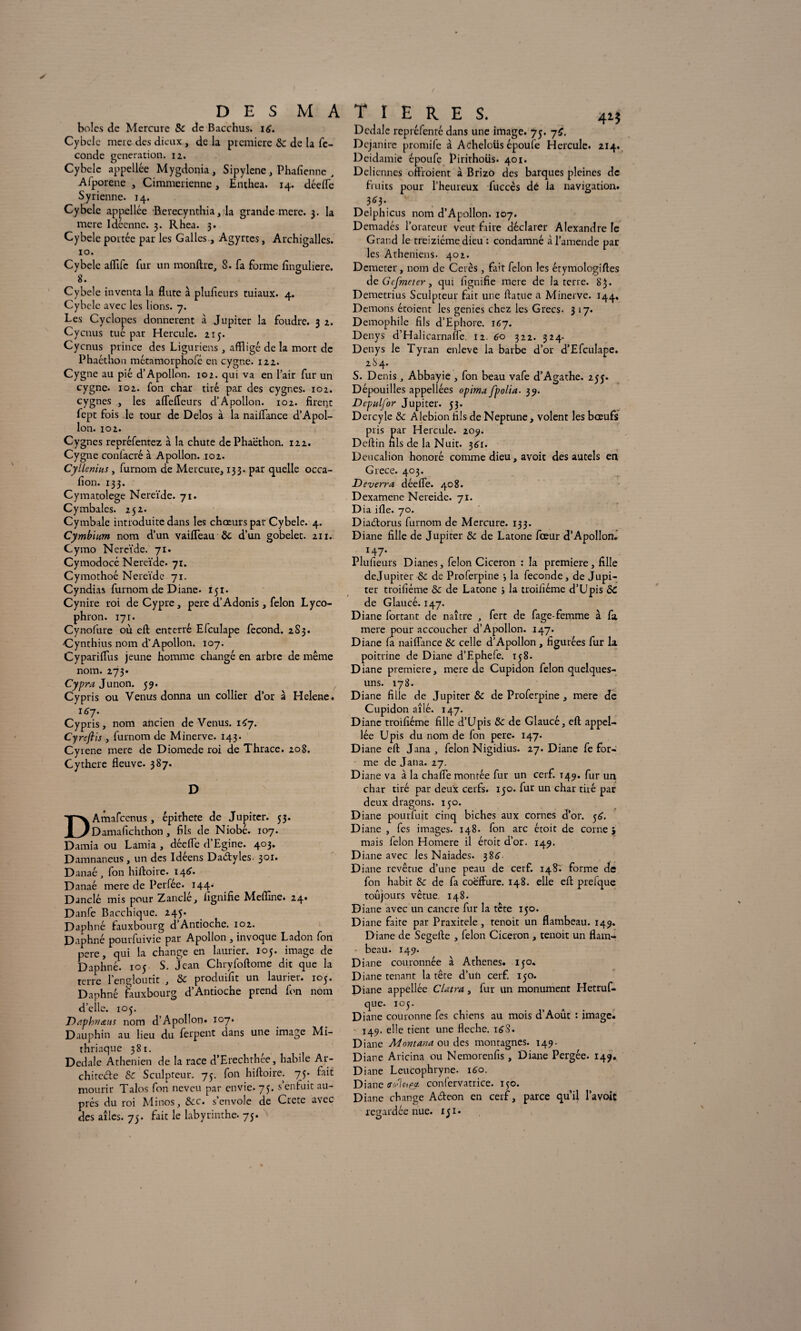 bolcs de Mercure & de Bacchus. 16. Cybclc mere des dieux, de la première & de la fé¬ condé génération, 12. Cybclc appellée Mygdonia, Sipylene, Phafienne , Afporene , Cimmerienne , Enthca. 14. déefle Syrienne. 14. Cybele appellée Berecynthia, la grande mere. 3. la mere Ideenne. 3. Rhea. 3. Cybele portée par les Galles, Agyrtes, Archigallcs. 10. Cybele alfifc fur un monftre, S. fa forme finguliere. 8. Cybele inventa la flûte à plufieurs tuiaux. 4. Cybele avec les lions. 7. Les Cyclopes donnèrent à Jupiter la foudre. 3 2. Cycnus tué par Hercule. 215. Cycnus prince des Liguriens, affligé de la mort de Phaéthon métamorphofé en cygne. 122. Cygne au pié d’Apollon. 102. qui va en l’air fur un cygne. 102. fon char tiré par des cygnes. 102. cygnes , les afleffeurs d’Apollon. 102. firent fept fois le tour de Delos à la naiflance d’Apol¬ lon. 102. Cygnes repréfentez à la chute de Phaëthon. 122. Cygne conlacré à Apollon. 102. Cyllenius, furnom de Mercure, 133. par quelle occa- lïon. 133. Cymatolege Nereïde. 71. Cymbales. 252. Cymbale introduite dans les chœurs par Cybele. 4. Cymbium nom d’un vaifleau &C d’un gobelet. 211. Cymo Nereïde. 71. Cymodocé Nereïde. 71. Cymothoé Nereïde 71. Cyndiax furnom de Diane. 15t. Cynire roi deCypre, pere d’Adonis, félon Lyco- phron. 171. Cynofure où eft enterré Efculape fécond. 2S3. •Cynthius nom d’Apollon. 107. Cyparifliis jeune homme changé en arbre de même nom. 273* Cypra Junon. 59. Cypris ou Venus donna un collier d’or à Helene. 16 7. Cypris, nom ancien deVenus. 1^7. Cyreftis , furnom de Minerve. 143. Cyrene mere de Diomede roi de Thrace. 208. Cytherc fleuve. 387. D DAmafcenus, épithete de Jupiter. 53. Damafichthon , fils de Niobé. 107. Damia ou Lamia , déefle d’Egine. 403. Damnaneus, un des Idéens Dadyles- 301. D anaé , fon hiftoire. 146’. Danaé mere de Perfée. 144. Danclé mis pour Zanclé, lignifie Mefline. 24. Danfe Bacchique. 245. Daphné fauxbourg d’Antioche. 102. Daphné pourfuivie par Apollon , invoque Ladon fon pere, qui la change en laurier. 105. image de Daphné. 105 S. jean Chryfoftome dit que la terre l’engloutit , & produifit un laurier. 105. Daphné fauxbourg d’Antioche prend fon nom d’elle. 105. Daphnœus nom d’Apollon. 107. Dauphin au lieu du ferpent dans une image Mi- thriaque 381. Dedale Athénien de la race d’Erechthée, habile Ar¬ chitecte & Sculpteur. 75. fon hiftoire. 75- fait mourir Talos fon neveu par envie. 75. s enfuit au¬ près du roi Minos, 8cc. s’envole de Crcte avec des ailes. 75. fait le labyrinthe. 75. Dédale repré fente dans une image. 75. -yS. Dejanirc promife à Acheloüs époufe Hercule. 214. Deidamie époufe Pirithoiis. 401. Détiennes oftroient à Brizo des barques pleines de fruits pour l’heureux fuccès dé la navigation. 363* Delphicus nom d’Apollon. 107. Demadés l’orateur veut faire déclarer Alexandre le Grand le treiziéme dieu : condamné à l’amende par les Athéniens. 402. Demeter, nom de Cerès , fait félon les étymologiftes deGefmeter, qui fignifie mere de la terre. 83. Demetrius Sculpteur fait une ftatue a Minerve. 144, Démons étoient les genies chez les Grecs. 3 17. Demophile fils d’Ephore. 167. Denys d’Halicarnafle. 12. 60 322. 324. Denys le Tyran enleve la barbe d’or d’Efculape. 2 S 4. S. Denis, Abbayie , fon beau vafe d’Agathe. 255. Dépouilles appellées opima fpolia. 39. Depulfor Jupiter. 53. Dercyle & A lebion fils de Neptune, volent les bœufs pris par Hercule. 209. Deftin nls de la Nuit. 361. Deucalion honoré comme dieu, avoit des autels en Grece. 403. Deverra déefle. 408. Dexamene Nereide. 71. D ia ifle. 70. Dia&orus furnom de Mercure. 133. Diane fille de Jupiter de Latone fœur d’Apollon. ï47. Plufieurs Dianes, félon Cicéron : la première, fille dejupiter & de Proferpine j la fécondé, de Jupi¬ ter troifiéme & de Latone ; la troilîéme d’Upis ÔC de Glaucé. 147. Diane fortant de naître , fert de fage-femme à fa, mere pour accoucher d’Apollon. 147. Diane fa naiflance & celle d’Apollon , figurées fur la poitrine de Diane d’Ephefe. 158. Diane première, mere de Cupidon félon quelques- uns. 178. Diane fille de Jupiter & de Proferpine , mere de Cupidon aîié. 147. D iane troifiéme fille d’Upis & de Glaucé, eft appel¬ lée Upis du nom de fon pere. 147. Diane eft Jana , félon Nigidius. 27. Diane fe for¬ me de Jana. 27. Diane va à la chafle montée fur un cerf. T49. fur un char tiré par deux cerfs. 150. fur un char tiré par deux dragons. 150. Diane pourfuit cinq biches aux cornes d’or. 56. D iane , fes images. 148. fon arc étoit de corne 5 mais félon Homere il étoit d’or. 149. D iane avec les Naiades. 386 Diane revêtue d’une peau de cerf. 148'. forme de fon habit & de fa coeffurc. 148. elle eft prefque toujours vêtue. 148. D iane avec un cancre fur la tête 150. D iane faite par Praxitèle, tenoit un flambeau. 149. Diane de Segefte , félon Cicéron , tenoit un flam¬ beau. 149. Diane couronnée à Athènes. 150. Diane tenant la tête d’uia cerf. 150. Diane appellée CUtra, fur un monument Hetruf- que. 105. Diane couronne fes chiens au mois d’Août : image. 149. elle tient une fléché. ié'S. Diane Montana ou des montagnes. 149. Diane Aricina ou Nemorenfis , Diane Pergée. 149* Diane Leucophryne. 160. Diane av-'W^- confervatrice. 150. Diane change A&eon en cerf, parce qu’il l’avoic regardée nue. 151.