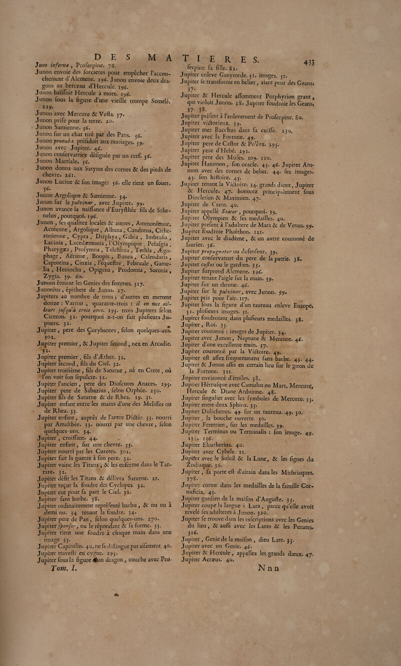 D E S M A J uno inferna , Proferpinc. y 5, Junon envoie des forcicrcs pour empêcher l’accou- chement d’Alcmene. 196. Junon envoie deux dra¬ gons au berceau d’Hercule. 19A. Junon haïfloit Hercule à mort. 19*?. Junon lous la figure dune vieille trompe Semelé. Junon avec Mercure Si Vefta. 57. Junon prife pour la terre. 20. Junon Samienne. 56. Junon lur un char tiré par des Pans. $6. Junon promira préfidoit aux mariages. 59. Junon avec Jupiter. 46. Junon confervatrice défignéc par un cerf. Junon Martiale. 54. Junon donna aux Satyres des cornes Si des pieds de chevre. 261. Junon Lucine Si fon image: 56. elle tient un fouet. 5*- Junon Argolique Si Samienne. 54. Junon fur 1 e pulvinar, avec Jupiter. 99. Junon avance la naifiance d’Euryfthée fils de Sthe- nelus, pourquoi. 196. Junon , les qualitez locales Si autres , Ammoniennc, Acréenne, Argolique, Albana, Candrena, Cithc- ronienne , Cypra , Dirphya, Gabia , Imbrafia , Lacinia , Lacedæmonia , P Olympique , Pelafgia, Pharygæa, Profymna, Telchinia, Tethla , Ægo- phage, Aeriene, Boopis , Bunea, Calendaris, Caprotina, Cinxia , l’équeftre , Februale, Game- lia , Heniocha , Opigena , Prodomia, Sororia , Zygia. 59. 60. Junons étoient les Genies des femmes. 317. Junonius, épithete de Janus, 27. Jupiters au nombre de trois j d’autres en mettent douze : Varron , quarante-trois : il en met ail¬ leurs jufqna trois cens. 195. trois Jupiters félon Cicéron. 32. pourquoi a-t-on fait plufieurs J u- piters. 32. Jupiter, pere des Corybantes, félon quelques-uns. 302. Jupiter premier, & Jupiter fécond , nez en Arcadie. 32‘ Jupiter premier , fils d’Æther. 32. Jupiter fécond , fils du Ciel. 32. Jupiter troifiéme, fils de Saturne , né en Crcte , où l’on voit fon fepulcre. 32. Jupiter l’ancien , pere des Diofcures Anaces. 295. Jupiter pere de Sabazius, félon Orphée. 230. Jupiter fils de Saturne Si de Rhea. 19. 31. Jupiter enfant entre les mains d’une des Meliffes ou de Rhea. 33. Jupiter enfant, auprès de l’antre Diètéc. 33. nourri par Amalthée. 33. nourri par une chevre, lelon quelques-uns. 34. Jupiter , croifiant. 44. Jupiter enfant , fur une chevre. 33. Jupiter nourri par les Curetes. 301. Jupiter fait la guerre à fon pere. 32. Jupiter vainc les Titans, Si les enferme dans le Tar- tare. 3 2. Jupiter défit les Titans & délivra Saturne. 21. Jupiter reçut la foudre des Cyclopes. 32. Jupiter eut pour fa part le Ciel. 32. Jupiter fans barbe. 38. Jupiter ordinairement reptéfenté barbu, Si nu ou à demi nu. 34 tenant la foudre. 34. Jupiter pere de Pan , félon quelques-uns. 270. Jupiter fponfor 3 ou le répondant Si fa forme. 35. Jupiter tient une foudre à chaque main dans une image 35. Jupiter Capitolin. qo.nefediflinguepasaifement 40. Jupiter travefti en cygne. 295. Jupiter fous la figure dUun dragon, couche avec Pro- Tom. L T! E R ES. 4- ferpinc fa fille. 82. Jupiter enlcve Ganymcde. 51. images. 51. Jupiter fe transforme en belier, aiant peur des Geans. 37* Jupiter Si Hercule aflomment Porphyrion géant, qui violoit Junon. 3S. Jupiter foudroie les Geanst 37- 38. Jupiter préfent à l’enlevement de Proferpine. So. Jupiter vi&orieux. 39. Jupiter met Bacchus dans fa cuifie. 230. Jupiter avec la Fortune. 49. Jupiter pere de Caftor Si PoVux. 295. Jupiter pere d’Hcbé. 291. Jupiter pere des Mufes. 109. 110. Jupiter Hammon , fon oracle. 45. 4^. Jupiter Am- mon avec des cornes de belier. 44. fes images, 45. Ion hiftoire. 45. Jupiter tenant la Victoire; 34. grands dieux, Jupiter Si Hercule. 47. honorez principalement fous Dioclétien Si Maximien. 47. Jupiter de Crete. 40. Jupiter appellé Stator , pourquoi. 39. Jupiter Olympien Si fes médaillés. 40. Jupiter prefent à l’adultere de Mars Si de Venus. 99. Jupiter foudroie Phaéthon. 121. Jupiter avec le diadème. Si un autre couronné de laurier. 31î. Jupiter propugnator ou defenfeur. 39. Jupiter confervateur du pere de la patrie. 38. Jupiter euftos ou le gardien. 35. Jupiter furprend Alcmene. 196'. Jupiter tenant l’aigle fur la main. 39. Jupiter fur un throne. 46. Jupiter fur le pulvinar > avec Junon. 99, Jupiter pris pour l’air. 117. Jupiter fous la figure d’un taureau cnîeve Europe. 51. plufieurs images. 51. Jupiter foudroiant dans plufieurs médaillés. 38. Jupiter, Roi. 35. Jupiter couronné : images de Jupiter. 34. Jupiter avec Junon, Neptune Si Mercure. 46. Jupiter d’une excellente main. 37. Jupiter couronné par la Viétoire. 49. Jupiter eft allez fréquemment fans barbe. 43. 44. Jupiter Si Junon aflis en certain lieu fur le giron de la Fortune. 311. Jupiter environné d’étoiles. 3 S. Jupiter Hétrufque avec Camulus ou Mars, Mercure, Hercule Si Diane Arduinne. 48. Jupiter fingulier avec les fymboles de Mercure. 35. Jupiter entre deux Sphinx. 33. Jupiter Dolichenus. 49. fur un taureau. ^9. jo. Jupiter, la bouche ouverte. 50. Jupiter Feretrien, fur les médaillés. 39. Jupiter Terminus ou Terminais : fon image* 49, i3\. 13^* Jupiter Elcutherius. 40. Jupiter avec Cybele. n. Jupiter avec le Soleil Si la Lune, & les Lignes du Zodiaque. 3 6- t Jupiter, fa porte eft d’airain dans les Mithriaques, 378.1 Jupiter cornu dans les médaillés de la famille Cor* nuficia. 45. Jupiter gardien de la maifon d’Augufte. 35. Jupiter coupc la langue à Lara , parce qu elle avoir révélé fes adultérés à Junon. 320. Jupiter fe trouve dans les inferiptions avec les Genies du lieu, Si auffi avec les Lares Si les Penates. 31^. Jupiter, Genie de la maifon , dieu Lare. 33. Jupiter avec un Genie. 46. Jupiter & Hercule, appeliez les grands dieux* 47. Jupiter Acrasus. 40. N n n