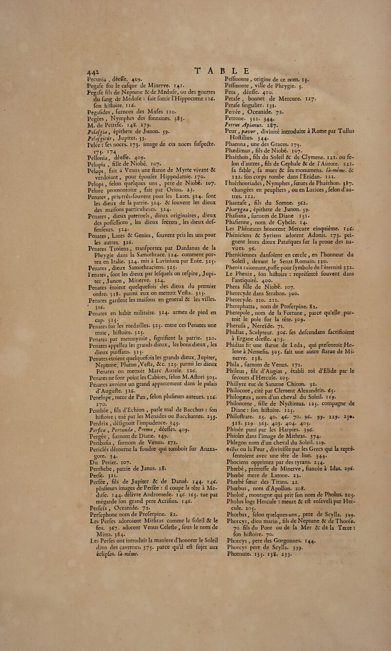 Pecunia , déeftc. 409. Pcgafe fur le calque de Minerve. 141. Pegafe fils de Neptune 8c de Mcdufe, ou des gouttes du fang de Medule : fait forcir l’Hippocrcnc 1 itf. fon hiftoire. 116. Pcgafides, furnom des Mufes 110. Pegées, Nymphes des fontaines. 385. M. de Pcirefc. 148. 279. Telafgia , épithete dejunon. 59. Pelafgicüs, Jupiter. 53. Pelée : fes noces. 173. image de ccs noces fufpe&e. *74,, (T Pellonia, deelie. 409. Pelopia , fille de Niobé. 107. Pelops, fait a Venus une ftatue de Myrte vivant 8c verdoiant, pour époufer Hippodamie. 170. Pelops, félon quelques uns, pcrc de Niobé. 107. Pelore promontoire , fait par Orion. 23. Penates , priytrès-fouvent pour les Lares. 324. font les dieux de la patrie. 324. 8c fouvent les dieux des maifons particulières. 324. Penates, dieux paternels, dieux originaires, dieux des pofi'cftions, les dieux fecrets, les dieux def- fenfeurs. 324. Penates, Lares 6c Genies, fouvent pris les uns pour les autres. 311?. Penates Troiens, tranfportez par Dardanus de la Phrygie dans la Samothrace. 324. comment por¬ tez en Italie. 324. mis à Laviniura par Enée. 325. Penates, dieux Samothraciens. 325. Penates, font les dieux par lefquels on refpire, Jupi¬ ter , Junon , Minerve. 324. Penates étoient quelquefois des dieux du premier ordre. 518. parmi eux on mettoit Vefta. 325. Penates gardent les maifons en general 6c les villes. • 316. Penates en habit militaire. 324. armez de pied en cap. 525. Penates fur les médaillés. 325. entre ces Penates une truie, hiftoire. 325. Penates par métonymie, lignifient la patrie. 320. Penates appeliez les grands dieux, les bons dieux, les dieux pui flans. 325. Penates étoient quelquefois les grands dieux, Jupiter, Neptune, Pluton,Vefta, 6cc. 325. parmi les dieux Penates on mettoit Marc Aurele. 3 26. Penates ne font point les Cabires, félon M.Aftori 303. Penates avoient un grand appartement dans le palais d’Augufte. 326. Pénélope, mere de Pan, félon plufieurs auteurs. 270. Penchée , fils d’Echion , parle mal de Bacchus : fon hiftoire } tué par les Menades ou Bacchantes. 233. Perdrix , défignoit l’impudence. 345. Perfica , Pertunda , Pnma, déefles. 409. Pergée , furnom de Diane. 149. Peribafia, furnom de Venus. 171. Pcriclés détourne la foudre qui tomboit fur Anaxa- gore. 34. Du Pericr. 107. Perrhebe, patrie de Janus. 28. Perfe. 321. Perfée, fils de Jupiter 6c de Danaé. 144. 146. plufieurs images de Perfée : il coupe la tête à Me- dufe. 144. délivre Andromède. 146. 165. tue par mégarde fon grand pere Acrifius. 146. Perfeïs, Oceanide. 72. Perfephone nom de Proferpine. 82. Les Perfes adoroient Mithras comme le foletl 6c le feu. 367. adorent Venus Celefte , fous le nom de Mitra. 384. Les Perfes ont introduit la maniéré d’honorer le Soleil dans des cavernes. 375. parce qu’il eft lujec aux cclipfes. là-même. Pcftinontc , origine de ce nom. 13. Peflinonte , ville de Phrygie. 5. Peta , déefte. 410. Petafe , bonnet de Mercure. 127. Petafe fingulier. 131. Pecrée , Oceanide. 72. Pétrone. 321. 344. Petrm yipiarms. 287. Peur , pavor, divinité introduite à Rome par Tullus Hoftilius. 344. Phaenna, une des Grâces. 175. Phædimus , fils de Niobé. 107. Phaéthon, fils du Soleil ÔC de Clymene. 121. ou fé¬ lon d’autres , fils de Cephale 6c de l’Aurore. 121. fa fable , fa mort ôc les monumens. là-même. 6c 122. fon corps tombe dans l’Eridan. 122. Phaéthontiades, Nyrnphes, fœurs de Phaéthon. 387. changées en peupliers, ou en Larices, félon d’au¬ tres. 122. Phantafe, fils du Somne. 3^2. Pharygœa, épithete de Junon. 59. Phafiana , furnom de Diane 151. Phafienne, nom de Cybele. 14. Les Phéneates honorent Mercure cinquième. i2£. Phéniciens 6c Syriens adorent Adonis. 173. pei¬ gnent leurs dieux Pataïques fur la proue des na¬ vires. 9$. Phéniciennes danfoient en cercle , en l’honneur du Soleil , devant le Sénat Romain. 120. Phénix raionnant,pafle pour fymbole de l’cternité 332. Le Phénix , fon hiftoire : repréfenté fouvent dans l’antiquité. 400. Phera fille de Niobé. 107. Pherecyde dans Strabon. 300. Pherecyde. 210. 211. Pherephatta, nom de Proferpine. 82. Pherepole, nom de la Fortune , parce quelle por- toit le pôle fur la tête. 309. Pherufa, Nereïde. 71. Phidias, Sculpteur. 306'. fes defeendans facrifioienC à Ergane deefte. 403. Phidias fit une ftatue de Leda, qui prefentoit He- lene à Nemefis. 303. fait une autre ftatue de Mi¬ nerve. 138. Phila , furnom de Venus. 171. Phileus, fils d’Augias , établi roi d’Elide par le fecours d’Hercule. 203. Phillyre eut de Saturne Chiron. 32. Philocore, cité par Clement Alexandrin. 63. Philogæus, nom d’un cheval du Soleil. 119. Philonome , fille de Nyélimus. 123. compagne de Diane: fon hiftoire. 123. Philoftrate. 25. 40. 46. 70. 96. 99. 229. 23*. 328. 329. 363. 403. 404. 403. Phinée puni par les Harpies. 396'. Phioles dans l’image de Mithras. 374. Phlegon nom d’un cheval du Soleil. 119. $o'/3or ou la Peur, divinifée par les Grecs qui la repré- fentoient avec une tête de lion. 344. Phociens opprimez par des tyrans. 2^4. Phœbé, prétrefle de Minerve, fiancée à Idas. 19$. Phœbé mere de Latone. 22. Phœbé fœur des Titans. 22. Phœbus, nom d’Apollon. 108. Pholoë , montagne qui prit fon nom de Pholus. 203. Pholus loge Hercule : meurt 6c eft enfeveli par Her¬ cule. 203. Phorbas, félon quelques-uns, pere de Scylla. 399. Phorcys, dieu marin, fils de Neptune 8c de Thoofe. 70. fils du Pont ou de la Mer 6c de la Terre : fon hiftoire. 70. Phorcys, pere des Gorgonnes. 144. Phorcys pere de Scylla. 399. Phornute. 133. 138. 233.