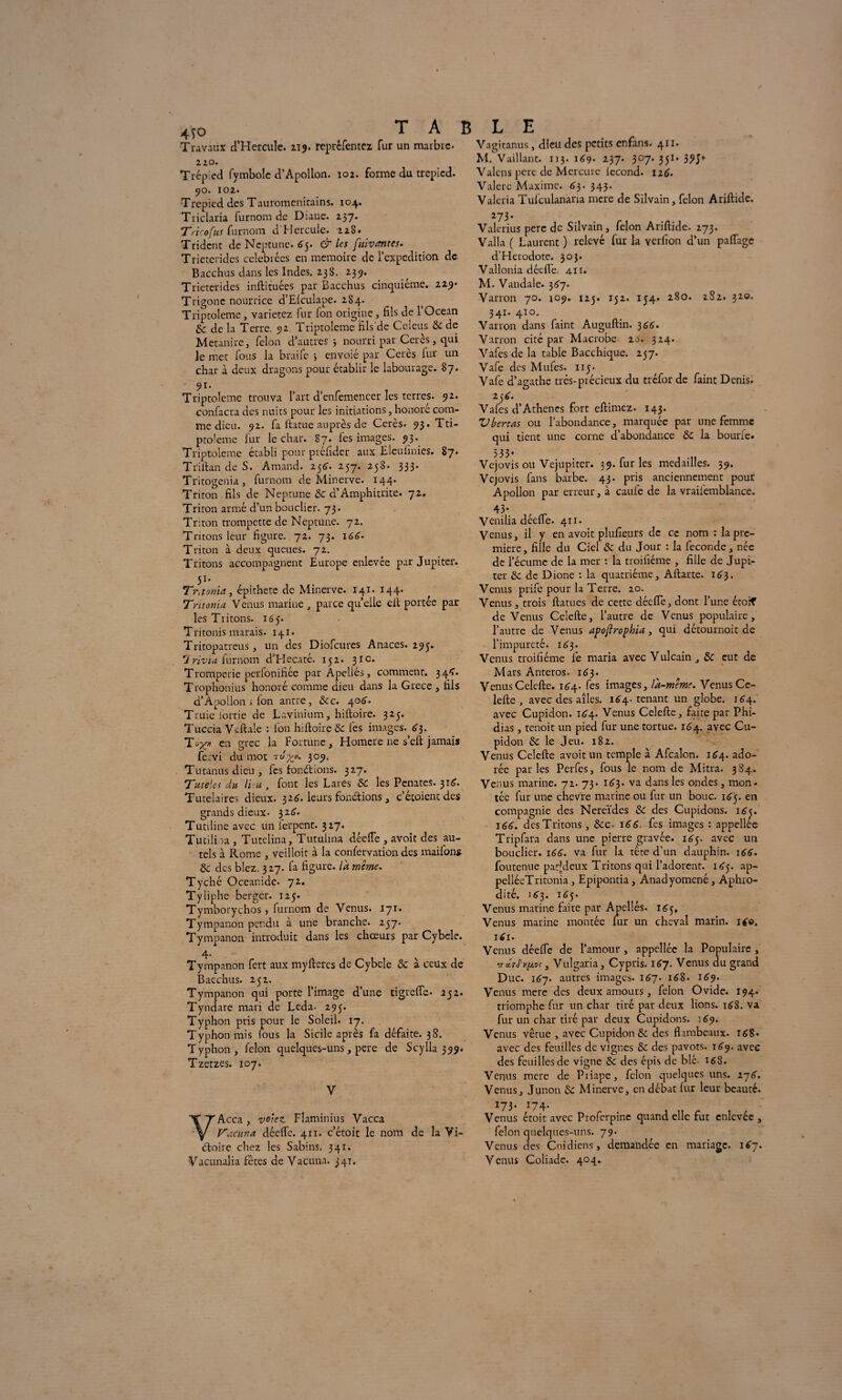 Travaux d’HetcuIe. 219. rcprcfentez fur un marbre. 110. Trépied fymbole d’Apollon. 102. forme du trépied. 90. ioz. Trépied des Tauromenitains. 104. Triclaria furnom de Diane. 237. Trirofus Curnom d Hercule. 228. Trident de Neptune. 65. & les fuivmtes. Trieteridcs ccleorées en mémoire de l’expcdition de Bacchus dans les Indes. 238. 239. Trieterides inftituées par Bacchus cinquième. 229* Trigone nourrice d’Elculape. 284. Triptoleme, varierez fur Ion origine, fils de 1 Océan & de la Terre. 52. Triptoleme fils'de Celeus ôc de Metanire, félon d’autres j nourri par Cerès, qui le met fous la braife -, envoie par Cerès lur un char à deux dragons pour établir le labourage. 87. 91. Triptoleme trouva l’art d’enfemencer les terres. 92. confiera des nuits pour les initiations, honoré com¬ me dieu. 92. fa ftatue auprès de Cerès. 93. Tti- pto’eme fur le char. S7. lès images. 93. Triptoleme établi pour préfider aux E leu finies. 87. Triftan de S. Amand. 156. 257. 258. 333. Tritogenia, furnom de Minerve. 144. Triton fils de Neptune ôc d’Amphitrite. 72, Triton armé d’un bouclier. 73. Triton trompette de Neptune. 72. Tritons leur figure. 72. 73. 166. Triton à deux queues. 72. Tritons accompagnent Europe enlevée par Jupiter. 51* Tnt onia t épithete de Minerve. 141. 144. Tnt onia Venus marine , parce quelle eit portée par les Tritons. 165. Tritonis marais. 141. Tritopatreus, un des Diofcures Anaces. 293. rJ rivia furnom d’Hecaté. 152. 31c. Tromperie perfonifiée par Apellés, comment. 344. Trophonius honoré comme dieu dans la Grece , fils d’Apollon j fon antre, ôcc. 406’. Truie lortie de Lavinium, hiftoire. 325. Tuccia Vcftale : fon hiftoire ôc lés images. 63. en grec la Fortune, Homere ne s’eft jamais fervi du mot tùyj. 3°9- Tutanusdieu, fes tonétions. 327. Tuteles du li u , font les Lares ôc les Penates. 31^. Tutélaires dieux. 326. leurs fondions, c’étoient des grands dieux. 326. Tutiline avec un lerpent. 327. Tutiliia , Tutelina, Tutulma déelfe , avoit des au¬ tels à Rome , veilloit à la confervation des maifons de des blez. 327. fa figure. là même. Tyché Oceanide. 72. Tyliphe berger. 125. Tymborychos, furnom de Venus. I71. Tympanon pendu à une branche. 237. Tympanon introduit dans les choeurs par Cybcle. 4. Tympanon fert aux myftercs de Cybcle ôc à ceux de Bacchus. 252. Tympanon qui porte l’image d’une tigrefté. 252. Tyndare mari de Leda- 295. Typhon pris pour le Soleil. 17. Typhon mis fous la Sicile après fa défaite. 38. Typhon, félon quelques-uns, pere de Scylla 399. Tzetzes. 10 7. VAcca , votez Flaminius Vacca Vac'ma déelfe. 411. c’étoit le nom de la Vi¬ ctoire chez les Sabins. 341. Vacunalia fêtes de Vacuna. 341. Vagitanus, dieu des petits enfans. 411. M. Vaillant. 113. 1^9- 237* 307. 351. 395* Valons pere de Mercure iecond. 126. Valero Maxime. 63. 343. Valeria Tulculanana nacre de Silvain, félon Ariftide. 273. Valerius pere de Silvain, félon Ariftide. 273. Val la ( Laurent ) relevé fur la verfion d’un palfagc d’Herodote. 303. Vallonia déelfe. 411. M. Vandale. 3^7. Varron 70. 109. 125. 152. 154. 280. 282. 320. 341. 410. Varron dans faint Auguftin. 3 66. Varron cité par Macrobe 26. 324. Vafes de la table Bacchique. 257. Vafe des Mules. 115- Vafe d’agathe trés-précicux du tréfor de faint Denis. 236”. Vafes d’Athènes fort eftimez. 143. Vbertas ou l’abondance, marquée par une femme qui tient une corne d’abondance ôc la bourre. Vejovis ou Vejupiter. 39. fur les médaillés. 59. Vcjovis fans barbe. 43. pris anciennement pour Apollon par erreur, à caule de la vraiiemblance. 43' Venilia déelfe. 411. Venus, il y en avoit plufieurs de ce nom : la pre¬ mière, fille du Ciel ôc du Jour : la fécondé , née de l’écume de la mer : la troifiéme , fille de Jupi¬ ter ôc de Dione : la quatrième, Aftarte. 163. Venus prife pour la Terre. 20. Venus, trois ftatues de cette déelfe, dont l’une étoif deVenus Celefte, l’autre de Venus populaire, l’autre de Venus apoftrophia, qui détournoit de l’impureté. 1^3. Venus troifiéme le maria avec Vulcain , ôc eut de Mars Anteros. 163. Venus Celefte. 164. fes images, là-même. Venus Ce¬ lefte , avec des aîles. 164. tenant un globe. 164. avec Cupidon. 1^4. Venus Celefte, faite par Phi¬ dias , tenoit un pied fur une tortue. 164. avec Cu¬ pidon ôc le Jeu. 182. Venus Celefte avoit un temple à Afcalon. 164. ado¬ rée parles Perfes, fous le nom de Mitra. 384. Venus marine. 72. 73. 163. va dans les ondes, mon. tée fur une chev're marine ou fur un bouc. 165. en compagnie des Nercïdes ôc des Cupidons. 16s. 166. des Tritons, ôcc■ 166. fes images : appellee Tripfara dans une pierre gravée. 145. avec un bouclier. 166. va fur la tête d’un dauphin. 166. fou tenue parjdeux Tritons qui l’adorent. 1^5. ap- pelléeTritonia, Epipontia, Anadyomené, Aphro- dité. 163. 165- Venus marine faite par Apellés. 165, Venus marine montée fur un cheval marin. 160. 161. Venus déelfe de l’amour , appellée la Populaire , nr*i£*yj>t, Vulgaria, Cypris. i6j. Venus du grand Duc. i6y. autres images. 167- 168. 169. Venus mere des deux amours, félon Ovide. 194. triomphe fur un char tiré par deux lions. 168. va fur un char tiré par deux Cupidons. 369. Venus vêtue , avec Cupidon ôc des flambeaux. 168* avec des feuilles de vignes ôc des pavots. 169. avec des feuilles de vigne ôc des épis de blé 168. Venus mere de Priape, félon quelques uns. zj6. Venus, Junon ôc Minerve, en débat fur leur beauté. 173. 174. Venus étoit avec Profcrpinc quand elle fut enlevée , félon quelques-uns. 79- Venus des Cnidiens, demandée en mariage. 1^7. Venus Coliadc. 404.