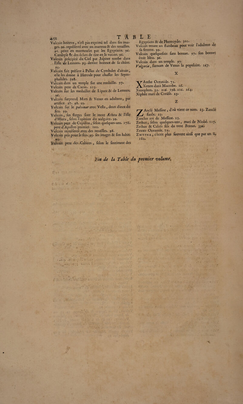 ^ A Vulcain boiteux, n’efl: pas exprimé tel clans Tes ima¬ ges. 96. repréfenté avec un marteau & des tenailles. 9<. peint en marmoufet par les Egyptiens. 96. Cambyfe fit des éclats de rire en le voiant. 96. Vulcain précipité du Ciel par Jupiter tombe dans l’iflc de Lcmnos. 95. devint boiteux de fa chiite. 9S* Vulcain fait prefent à Pallas de Cymbales d’airain, elle les donne à Hercule pour chafler les Stym- phalides. 398. Vulcain dans un temple fur une médaille. 97. Vulcain pere de Cacus. 2x5. Vulcain fur les médaillés de Lipare & de Lemnos. 96. Vulcain furprend. Mars 5c Venus en adultéré, par artifice. 97. 98. 99. Vulcain fur le pulvinar avec Vefta, deux dieux du feu. 99. Vulcain , fes forges font le mont Æthna 5c rifle d’Hiera , félon l’opinion du vulgaire. 99. Vulcain pere deCupidon, félon quelques-uns. 178. pere d’Apollon premier. 100. Vulcain repréfenté avec des tenailles. 98. Vulcain pris pour le feu. 95. fes images 5c fon habit. 95* Vulcain pere des Cabires , félon le fentiment des Fin de U Table BLE Egyptiens Sc de Pherccydc. 300* Vulcain tenant un flambeau pourvoir 1 adultéré de fa femme. 99. Vulcain quelquefois fans bonnet. 97. fon bonnet ctoit bleu. 96. Vulcain dans un temple. 97. Valgaria, furnom de Venus la populaire. 167. X / XAnthe Oceanide. 72. Xénon dans Macrobc. 26. Xenophon. 32. iotf. 198. 216. 264* Xiphce mari de Creüfe. 25. Z ZAnclé Mefline , d’où vient ce nom. 23. Zanclé faulx. 23. Zanclus roi de Mefline. 23. Zethus, félon quelques-uns, mari de Niobé. 107, Zethus 5c Calais fils du vent Boreas. 39É. Zeuxo Oceanide. 72. Zmypna , s’écrit plus fouvent ainfi que par un S. 182. du premier volume. f •i:> .'Z1 -i *. x * ».