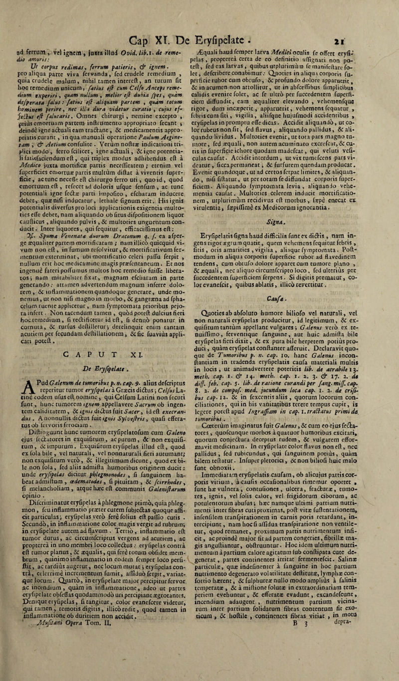 ad fcrrutn , vel Igttcra , juxta illud Ovid. lih.i. de reme¬ dio amaris: Ut corpus redimas i ferrum patieris, & ignem. pro aliqua parte viva fervanda, fed crudele remedium , quia crudele malum, nihil tamen intereft, an tutum fit hoc remedium unicum, fatius efl cum Celfo Anceps reme¬ dium experiri, quam nullum , metior eji dubia /pes, quam dt/perata /alus: /atius efl aliquam partem , quam totum i^ominem perire, nec illa dura videtur curatio , cujus ef- jeldus efl /alutaris. Omnes chirurgi, nemine excepto , prius emortuam partem inftrUmcnto appropriato fecant , deinde igne actuali eam tra6tant, & medicamentis appro- priatis.curant, in qua manuali Paulum Aegine- tam , & AetiumconinWtt. Verum noflrae indicationi tri¬ plici modo , ferro fcilicct, igne a£tuali, & igne potentia- li faiisfaciendum eft , qui triplex modus adhibendus cft a Medico juxta mortificas partis neceflfitatem; etenim vel fuperficies emortux partis multum diflat a viventis fuper- ficie, ac tunc neceffe cft chirurgo ferro uti, quo id, quod emortuum eft , refecet ad doloris ufque fenfum , ac tunc potentiali igne fedtse parti impofito , efcharam inducere debet, quaenifi inducatur, lethale fignumerit. His ignis potentialis diverfus pro loci applicationis exigentia multo- lieselTe debet, nam aliquando ob fitus difpofitionem liquor caufiicus, aliquando pulvis , & multoties unguentum con¬ ducit. Inter liquores, quifequitur, efficaciflimus eft : '2/. Spuma Venenata duorum Draconum q. /. ea afper- ge sequaliter partem raortificatam ; namillico quicquid vi¬ vum non eft, in fumum refolvitur ,& mortificativum fer¬ mentum exterminat, ubi mortificatio celeri paffu ferpit , nullum erit hoc medicamine magis prsfentaneum . Et nos ingenue fateri poftumus multos hoc remedio fuiffe libera¬ tos*, nam mirabiliter fixat, magnam efcharam in parte generando; attamen advertendum magnum inferre dolo¬ rem, & inflammationem quandoque generare, unde mo¬ nemus , ut non nifi magno in morbo, & gangrasna ad fpha- celum ruente applicetur, nam fymptoraata prioribus pejo¬ ra infert. Non tacendum tamen , quod poteft dulcius fieri hoc remedium, fi redlificctur id eft, fi denuo ponatur in cornuta, &c rurfus deftilletuf, derelinquit enim tantam acutiem per fecundam deftillationera, &fic fuaviiis appli¬ cari poteft. CAPUT XI. De EryftpeUte . APud Galenum de tumoribus p. n. cap. 9. alius deferiptus reperitur tumor ery/ipelas a Graecis didlus •, Cel/us La¬ tine eodem ufus eft nomine, qui Celfum Latini non fccuti funt, hunc tumorem tgnem appellavere Sacrum ob ingen¬ tem caliditatcm, &C igrns Sacer, id eft exeeran- dus . A nonnullis didus fuit ignis Sylvejiris, quafi effera¬ tus ob fervoris ferociam . Diftioguunt hunc tumorem eryfipelatofum cum Galeno ejus fectatoresin exquifitum, ac purum, & non exquifi- tura, impurum. Exquifitumeryfipelas illud eft, quod cx fola bile , vel naturali, vel nonnaturali fieri autumant; non exquifitum vero, Sc illegitimum dicunt, quod cx bi¬ le non fola, fed aliis admifta humoribus originem ducit: unde eryfipelas dicitur phlegmonodes , fi fanguinem ha¬ beat admiftum , aedematodes , fi pituitam , & /cirrhodes , fi melancholiam, atque haec eft communis Galeniflarum opinio . Diferiminatur eryfipelas aphlegmone primo, quia phleg- inon, feu inflammatio prteter cutem fubjedas quoque affi¬ cit particulas; eryfipelas vero ferefolius eft pallio cutis . Secundo, in inflammatione color magis vergit ad rubrum; in eryfipelate autem ad flavum . Tertio, inflammatio eft tumor durus, ac circumferiptus vergens ad acutiem, ac propterea in uno membri lococolledus ; eryfipelas contra eft tumor planus, & tcqualis, qui fere totum obfidet mem¬ brum , quinirao inflammatio in eodem femper loco perfi- jftit, ac tardius augetur, nec locum mutat; eryfipelas con¬ tra, celerrime incrementum fumit, aftiduo ferpit, variat- tjue locum. Quarto, in eryfipelate major percipitur fervor ac incendium, quam in inflammatione, adeo ut partes cfjfipelate obfeftas quodammodo uri percipiant aegrotantes. Denique eryfipelas, fi tangitur, color cvanefccre videtur, qui ramen , remotis digitis, illico redit, quod tamen in inflammatione ob duritiem non accidit. Mitfitani Opera Tom. II, Aquali haud femper larva Medici oculis fc offert eryfi-’ pelas , propterea certa de eo definitio aftignari non po¬ teft, fed eas larvas , quibus utplurimum fe manifeftare fo- let, deferibereconabimur; Qiioties in aliqui corporis fu- perficie rubor cum obtufo, & profundo dolore apparuerit, & in acumen non attollitur, ut in abfceffibus fimpUeibus calidis evenire folet, ac fe ultro per fuccedentera fuperfi. ciera diffundit, eam xqualiter elevando , veheracnfquc rigor, dum inceperit, apparuerit, vehemens fequatur , febris cum fiti, vigilia, aliifqiie hujufmodi accidentibus , eryfipelas in promptu effc dicas. Accidit aliquando, ut co¬ lor rubeus non fit, fed flavus, aliquando pallidus, & ali¬ quando lividus . Multoties evenit, ut tora pars magno tu¬ more, fed icquali, non aurem acuminato excrefeat, & cu¬ ris in fuperficie ichore quodam madefeat, qui vcluti vefi- culascaufat. Accidit interdum , uc vix tumtfcens pars vi¬ deatur , ficcapermaneat, & furfurem quendam producat. Evenit quandoque, ut ad certosferpat limites, & aliquan¬ do , nifi firtatur, ut per totam fe diffundat corporis fupec- ficieni. Aliquando fymptomata levia , aliquando vehe¬ mentia caufat. Multoties celerem inducit mortificatio¬ nem , lupluiimum recidivus eft morbus, fcepe enecat ex virulentia, faepiffinie cx Medicorum ignorantia. Signa. Eryfipclatis figna haud difficilia funt ex diift^is, nam in¬ gens rigor aegrum quatit, quem vehemens fcquitur febris , fitis , oris amarities , vigilia , aliaque fymptomata. Poft- modum in aliqua corporis fuperficie rubor ad flavedinem tendens, cum obtufo dolore apparet cum tumore plano , & aequali, nec aliquo circumferipto loco , fed ulterius pec fuccedentera fuperftciem ferpens. Si digitis prematur, co¬ lor evanefeit, quibus ablatis, illico revertitur. Cau/a . Quoties ab abfoluto humore biliofo vel naturali, vel non naturali eryfipelas producitur, id legitimum, & ex¬ quifitum tantum appellant vulgares ; Galenus vero ex te- nuiftimo, fcrvencique fanguinc, aut huic admifta bile eryfipelas fieri dixit, & ex pura bile herpetem potius pro¬ duci, quam eryfipelas conftanccrafteruit. Declaravit quo¬ que de Tumoribus p. n. cap. 10. hanc Galenus iocon- ftantiam in tradenda eryfipclatis caufa materiali multis in locis , ut animadvertere poteritis lib. de atrabile 13- meth. cap. i. & 14. meth. cap. i. a. 3. & 17. 2. do dijf. feb. cap. j. lib. de ratione curandi per /ang.mij/. cap. 8. 2. de compo/. med, jucundum loca cap. l. 2. de crifi- bus cap. Ii. Sc in fexcentisaliis , quorum locorum con¬ ciliationes, qui in bis vanitatibus terere tempus cupit, is legere poteft apud Ingra/fiam in cap. i.trablatus primi de, tumoribus . Coeterum imaginatus fuit6*4/^««/,Secura eoejusfeSla- tores , quofeunque morbos aquatuor humoribus excitari, quorum conjectura deceptus rudem, & vulgarem effor- inavit medicinam. In eryfipelate color flavus non eft, nec pallidus, fed rubicundus, qui fanguinem potuis, quam bilem teftatur. Infuper pletorici, 6c non biliofi huic malo funt obnoxii. Immediatam eryfipclatis caufam, ob alicujus partis cor¬ poris vitium, a caufis occafionalibus rimemur oportet , funt hs vulnera , contufiones , ulcera, fraclurx, tumo¬ res, ignis, vel folis calor, vel frigidorum ciborum, ac potulentorum abufus; haec namque ultimi partium nutri¬ menti inter fibras cuti proximas, poft vitae fuftcntationcra, infenfilcm tranfpirationem in carnis poris retardant, in¬ tercipiunt, nam hocfi affidua tranfpirationc non ventile¬ tur, quod remanet, proximum partis nutrimentum infi¬ cit, ac proinde major fit ad partem congeries, fibrillx ma¬ gis anguftiantur, obftruuntur. Hoc idem ultimum nutri¬ mentum a partium calore agitatum fub conftipata cute de¬ generat, partes continentes irritat fermentefeit. Salinae particulae, qua: indefinenter a fanguinc in hoc partium nutrimento degenerato volatilitate deftitutae, lymphae con- fortio hxrent, & fulpbureae nullo modo amplius a falinis temperatae, Sc a miftionc folutae in extraordinariam tem¬ periem evehuntur, Sc efferatae evadunt, excandefcunc, incendium adaugent , nutrimentum partium vicina¬ rum inter partium folidarum fibras contentum fit exo¬ ticum , Sc hoftilfi , continentes fibras vitiat , in motu B 3