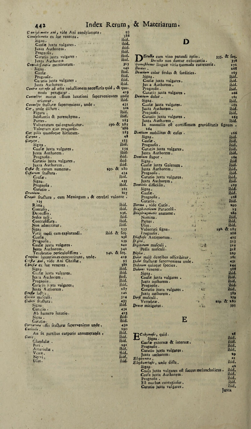 p en-tyhmata ani^ vide Ani condyloniata , Condylomata ex lue venerea • i>igna. Caufac juxta vulgares. • Juxta Authorem. Progiiyfis, Curatio juxta vulgares • Juxta Authorein Comabif entia membrorum- Signa. Caufas Proguofis. Curatio juxta vulgares ♦ Juxta Authorem . 93 386 ibid. ibid. ibid- ibid. ibid. ibid. 3^5 44% ibid. ibid. ibid. ibid. D Contra txtenfsp ad oliis redii^iionem ncccflaria quid , & quo¬ modo peragatur . 419 CoHvtil/ivi motus cilium luxationi fupervenientes unde oriantur. ibid. Convuljto fraflura? fuperveniens, unde» 431 DEeoSa cum vino parandi ratio. 355, & feq. liecodia non dantur exUccantia . ^ 358 Urmofibentt linguEC vitia quomodo correxerit. 171 Dentes . 268 Dentium color foedus & fordities. 165 Signa. ibid. Caulae juxta vulgares. ibid. Jux.a Authorem. ibid. Prognofis. ibid. Curatio juxta vulgares • i6« Dentium dolor . 161 Signa. ibid. Caulae juxta vulgares. ’— 162 Cor , unde dictum . 28X Juxta Authorem. ibid. Figura . ibid. Prognofis. ibid. Subftantii & parenchyma. ibid. Curatio juxta vulgares . Partes. 283 Juxta Authorem . ibid. Vulneratum qui cognofeatur, 190. & 285 in nonnullis e^ certilfimum graviditatis fignum . Vulnerum ejus prognofis. 'tE6 264 Cor, pilis quandoque hirfutum, 283 Dentium mobilitas & cafus . 16S Cornua , 48 Signa. ibid* poryia . Caufae. ibid. Signa , ibid. Prognofis. ibid. Caufae juxta vulgares, 154 Curatio juxta vulgares, ibid. Juxta Authorem • ibid. Juxta Authorem. ibid. Prognofis. ibid. Dentium ftupor . 164 Curatio juxta vulgares, ibid- Signa. ibid Juxta Authorem. ibid. Caufae juxta Galenum. ibid. Cofta & earum numerus. ^30. & 280 Juxta Authorem. ibid. Cojiarum fraftura. 434 Prognofis. , ibid. Caufae, ibid. Curatio juxta vulgares. ibid. Signa. 4JS Juxta Authorem, . ■ . ibid. Prognofis , ibid. Dentitio dilficilis. 167 Curatio . ■7 Signa. ' '■ ibid. Cranium. Caufae. ji.‘ ibid. fras^ii fraflura , cum Mpniugum » & cerebri vulnere . Prognofis . , ;, ■' - 16S ibid. Curatio. ; , ‘ ibid. Rima. Derma , vide Cutis . - - ^ 290 Contufio. ibid. D-aphureticum Paracelfi, • ‘ 13 Deortlfio. 236. Diaphragmatis anatome. 280 Sedes teli. ibid. Nomina. ''■ ' ' * ibid. Contrafiffura. ibid, Partes . i • ibid. Non admittitur. ibid. Ufus. ^ .tJ ibid. Signa Vulnerati figna» ,« 19O. & 285 Varii modi eam explorandi, ibid. & feq. Prognofis. 286 Caufae. 238 Diaftajis Antiquorum. ' • , 425 Prognofis. 239 Dgiti. ‘- 313 Caufae juxta vulgares. '' 240 Digitorum mufculi . 3*5 Juxta .Authorem. 24* Pedis mufculi. 3*8 Terebratio periculofilfima . 241. & feq. Diploe. r 2X7 Crepitus luxantiones concomitans j undp. 419 Dolor mal^ dentibus adferibitur, 161 Crijia Ani \ vide Ani Chriftae. 93 Dolor frailurae fuoerveniens unde . ^ 43* Cbrtfta ex lue venerea . 380 Dolorum quinque fpecies. f..' “ *44 Signa ibid. Dolores Venerei, ‘ 388 Caufae juxta vulgares. ibid. Signa. ibid. Juxta Authorem . ibid. Caufae juxta vulgares . - ibid. Prognofis. ibid. Juifta authorem. , ibid. Cura io jtxta vulgares. ibid. Prognofis. ibid^ Juxta Authorem. 287 Curatio juxta vulgares. ' t:i' ibid. prufta ladt a. 142 Juxta authorem. , 389 Cft/iie inurculi. 314 mufculi. »79 Cubiti frailura. 433 Vertebrae. »19. & *8o Signa Curatio . ibid. 434 jPfat* mitigatus. 393 Ab humero luxatio. ^4}5 Signa . ihid« Curatio • ^ ibid. pu-varura olfis ffa^Jurae fuperveniens unde. 430 Cuticula . 290 An Iit partibus corporis anniuneratida • jbid. puth. ibid. Glandulae . ^hid. Pori . 2,9* Arteriolae . ibid. Venae. , Tbid. Kervi. ibid, pfus. • - ibid* E ECchymofty quid- Signa. Caufae externae & internae, \ Prognofis. Curatio juxta vulgf^res, Juxta authorem. Ehphnntta , Elepbaniiof/if i unde di£la. Caufa juxta vulgares eft fuccus melancholicus • Caufa juxta Authorem. Prognofis . Ift morbus contagiofus. Curatio juxta vulgares. x8 ibid. ibid. ibid, ibid. »9 41 ibid. ,4» ibid. ibid. ibid. ibid. ibid.
