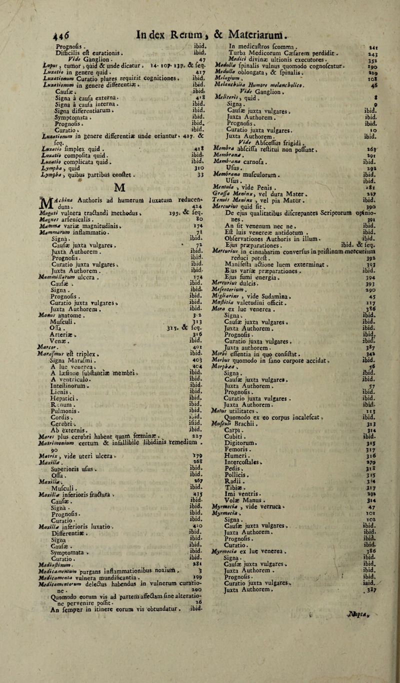 Prognofis • ibid. Difficilis eft curationis * ibid. Vidt Ganglion • 47 Laput, tunior j qiiid & unde dicatur i i4' 107* i37* & feq* Luxatio in genere quid. , . , , ,4*7 Luxationum Curatio pltires requirit cognitiones» ibid. Luxationum 4n genere difkteatix i ibid. Caufx i ibid. Signa a fcaufa «terna • “a' 8 Signa a caufa interna . Signa differentiarum i ibid. Symptojrnata. ibid. Prognolis. Curatio i ibid. Luxationum in gdnere differentiae unde oriantur» 417- & feq.. Luxatio iimplex quid . 41* Luxatio corapofita quid . ibid. Luxatio complicata quid. ibid» Lympha^ quid 3»° Lympha y quibus p.artibuS conftct. u ' • ^ 33 • \ ■ M M~ Athina Authoris ad humerum luxatura reduceft*' dum. 42.4 Magati vulnera tranandi methodus % 195* Magnet arfenicalis . 80 Ma*nma variae magnitudinis* »74 Mammarum inflammatio. , 7* Signa. ibidi Caufae juxta vulgares. * , 72 Juxtc» Authorem. ibid. Prognolis. ibid* Curatio juxta vulgares » ibid. Juxta Authorem. ibid* Mammillarum ulcera . 274 Caufae . Signa. ibid. Prognofis . ibid. Curatio juxta vulgares» ibid. Juxta Authorem. ibid. anatome . 3'2 Mufculi. 3*3 Offa . 3iT* & f^^q. Arteriae » , 3 ‘ 6 Venae. ibid. Mareor. 401 Marafmur eff triplex * ibid» Signa Marafmi. 403 A lue Venerea. ^ .4p4 A laefione lubftautiae membri» jbid-. A ventriculo. InteiUnorum. Lienis -. ibid* Hepatici. ibjd. Rtnuni. Pulmonis. ibjd. Cordis. Cerebri*. ifud. Ab externis. ^ . . ibid. Maret plus cerebri habent quani foeminae. M * _ f ■__ ____ ilm. 1 _ ^___ ^ 11J Matrimonium <ertum & infallibilfi libidinis 'remedium . 90 . . Matrix y vide uteri ulcera » Maxilla. Superioris ufus. .Offa. Maxilla-. Mufculi. Maxilla inferioris fraflura . Caufee. Prognolis. Curatio. Maxilla inferioris luxatio . Differenti*, Signa Caufae . Symptomata . Curatio. MeJiafiinum. MeJitamehfum purgans inflammationibus noxiuih Medicamenta vulnera mundificantia. Medicamentorum dele£lus habendus in vulnerum ^79 168 ibid. ibid. 167 ibid. /435 ibid* ibid» ibid. ibid. 410 ibid. ibid. ibid. ibid. ibid. 181 '3 '199 curatio- In medicaftros fcorama . 14* Turba Medicorum Caefarem perdidit. 145 Medici divinae ultionis exeeutores. 352 Medulla fpinalis vulnus quomodo cognofcatur. 190 Medulla oblongata , & fpinalis . »29 Melagium.. ' to8 Melancholia Humore melancholico, 46 Vide Ganglion. Me/icerif y qujd ,. t Signa. 0 Caufae juxta vulgares . ibid. Juxta Authorem. ibid. Prognofis» ibid. Curatio juxta vulgares. »o Juxta Authorem. ibid. . Vide AbfcelTus frigidi.. Membra ahfcilTa rcftitui non poliunt» *<53 Membrana. I91 Membrana carnofa. ibid. Ufus. 191 Membrana mvi(culorVLta. • V ibid. Ufus. ibid. Mentula , vide Penis . *8i Graffa Meninx, vel dura Mater. \ ai7 Tenuit Meninx , vel pia Mater. ibid. MercuriUt quid fit . ^ 390 De ejus qualitatibus diferepantes Scriptorum ©pSnio- nes. 39X An fit venenum nec ne» ibid. Eli luis Venereae antidotum . ibid. Obfervationes Authoris in illum. _ _ . ibid. Ejus praeparationes . ibid. & feq. Mereuriuf in cinnabarim converfus in prillintim mefeurium ne. o Quomodo eorum vis ad parteiu affcwam fine alteratio- ne pervenire poffit* , 26 An ferop^r in itinere eorum vis obtundatur. ibid. reduci potell. Manifelta aftione luem exterminat EyUs vari* pr*parationes. Ejus fumi energia . Merruriui dulcis. Mefenterium . Migliarine , vide Sudamina* Maftitia valetudini officit. Mora ex lue venerea . Signa. Cauf* juxta vulgares . Juxta Authorem. Prognofis. Curatio juxta vulgares. Juxta authorem. Morbi effentia in quo confillat. Merbut quomodo in fano corpord accidat Morpbaa Signa. Cauf* juxta vulgaret. Juxta Authorem. Prognofis. Curatio juxta vulgares . Juxta Authorem. Motut utilitates . Quomodo ex eo corpus incalefcat» Mufeide Brachii. Carpi. Cubiti. Digitorum. Femoris. Humeri. IntercollaUs. Pedis. Pollicis. Radii. Tibi*. Imi ventris. Vol* Manus. Myrneecia , vide verruca » Myrmecia . Signa. Cauf* juxta vulgares . Juxta Authorem. Prognofis. Curatio. Myrmecia ex luc venerea . Signa •, Cauf* juxta vulgares . Juxta Authorem . Prognofis. Curatio juxta vulgares *, Juxta Authorem. 392 . 3'?3 ibid. 394 393 190 45 1*7 386 ibid» ibid. ibid. ibid. ibitll 387 » ibid. 5« ibid. ibid. . 57 ibid. ibid. ibid. 1*3 ibid. 313 » 8** ibid. 3‘S 3*7 31« »79 3*8 3«5 3>4 317 »9» 3«4 47 101 lOl ibid. ibid. ibid» ibid. 386 ibid- ibid. ibid. ibid. iaid.. .337