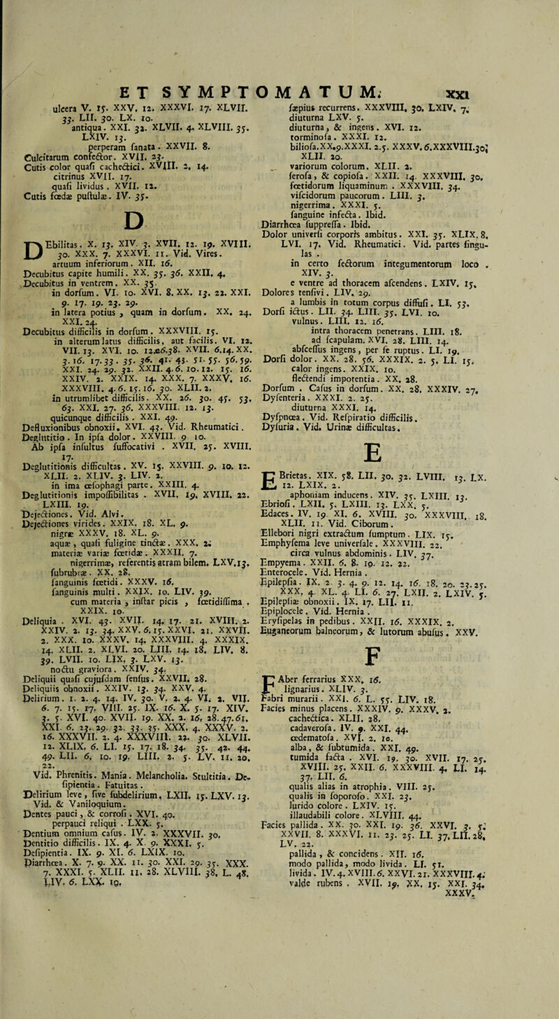 ; 33. LIX. 30. LX. 10. LXIV. H- perperam fanata. XXVII. 8. Cutis color quafi cachectici. XVIII. 2, 14. quali lividus . XVII. 12. Cutis foedae puftuls. IV. 35- D DEbilitas. X. 13. XIV. 7. XVII. 12. 19. XVIII. 30. XXX. 7. XXXVI. 11. Vid. Vires, artuum inferiorum. XII. 16. Decubitus capite humili. XX. 35. 36. XXII. 4. Decubitus in ventrem. XX. 35 • in dorfum. VI. 10. XVI. 8. XX. 13. 22. XXI. 9. 17. 19. 23. 29. in latera potius , quam in dorfum. XX. 24. XXI. 24. Decubitus difficilis in dorfum. XXXVIII. 13. in alterum latus difficilis, aut facilis. VI. 12. VII. 13. XVI. IO. I2.o5.j8. XVII. 6.14. XX. 3.16, 17.33. 35- 36- 41- 45* 51* 15- 5^59- XXI. 24. 29. 32. XXII. 4.5. 10.12. 13. 16. XXIV. 2. XXIX. 14. XXX. 7. XXXV, 16. XXXVIII. 4. 6. 13. 16. 30. XLII. 2. in utrumlibet difficilis. XX. 26. 30. 4J. 33, 63. XXI. 27. 36. XXXVIII. 12. 13. quicunque difficilis . XXI. 49. Defluxionibus obnoxii, XVI. 43. Vid. Rheumatici. Deglutitio. In ipfa dolor. XXVIII. 9 10. Ab ipfa infultus fuffocativi . XVII. 25. XVIII. l7‘ Deglutitionis difficultas. XV. 15. XXVIII. 9. 10. 12. XLII. 2. XLIV. 3. LIV. 2. in ima cefophagi parte. XXIII. 4. Deglutitionis impoffibilitas . XVII. 19, XVIII. 22. Dejedtiones. Vid. Alvi. Dejedtiones virides. XXIX. 18. XL. 9. nigre XXXV. 18. XL. 9. aquae , quafi fuligine tin&ae. XXX, 2; materiae variae fcendae, XXXII. 7. nigerrimae, referentis atram bilem. LXV.13, fubrubiae . XX. 28. fanguinis foetidi. XXXV. 16. fanguinis multi. XXIX. 10. LIV. 39. cum materia , inftar picis , fcetidiffima . XXIX. 10. Deliquia . XVI. 43. XVII. 14. j7. 21. XVIII. 2. 2. XXX. io. XXXV. 14. XXXVIII. 4. XXXIX. 14. XLII. 2. XLVI. 20. LIII. 14. 18. LIV. 8. 39. LVII. IO. Lix, 3. Lxv. 13. noftu graviora. XXIV. 34. Deliquii quafi cujufdam fenfus. XXVII. 28. Deliquiis obnoxii. XXIV. 13. 34. XXV. 4. Delirium. 1. 2. 4. 14. IV. 30. V. 2. 4- VE j. VIJ. 6. 7. 13. 17, VIII. 23. IX- 16. X. 5- 17. XIV. 3. XVI. 40. XVII- 19. XX. 3- i6, 28.47.51, XXI 5. 23. 29. 32. 33. ?3- XXX. 4. XXXV. 2. 16. XXXVII. 2. 4. XXXVIII. 2?. 30. XLVII. 12. XLIX, 6. LI. 15. 17. 18. 34. 33. 42. 44. 49. LII. 6. io, 19. LIII. 2- J- LV. 11. 20, 22. Vid. Phrenitis. Mania. Melancholia. Stultitia. De- fipientia. Fatuitas . Delirium leve, five fubdelirium. LXII. 13. LXV-13. Vid. & Vaniloquium. Dentes pauci, & corrofi . XVI. 40, perpauci reliqui .LXX. 3. Dentium omnium cafus. IV. 2. XXXVII. 30, Dentitio difficilis. IX. 4. X. 9. XXXI. 3. Defipientia. IX. 9. XI. 6. LX1X. 10. Piarrhcea. X. 7. 9. XX. 11. 30. XXI. 29. 33. XXX. UV- <5. LXX. iq. diuturna LXV. 3. torminofa. XXXI. 12. biIiofa.XX,p.XXXI. 2.3. XXXV.6.XXXVIII.30I _ variorum colorum. XLII. 2. foetidorum liquaminum . XXXVIII, 34. vifeidorum paucorum. LIII. 3. nigerrima. XXXI. 3. fanguine infefta. Ibid. Diarrhoea fupprefla. Ibid. Dolor univerfi corporis ambitus. XXI. 33. XLIX. 8, LVI. 17. Via. Rheumatici. Vid. partes lingu¬ las . in certo fedtorum integumentorum loco „ XIV. 3. e ventre ad thoracem afeendens. LXIV. ij% Dolores tenfivi. LIV. 29. a lumbis in totum corpus diffufi. LI. 53. Dorfi ictus. LII. 34. LIII. 33. LVI. 10. vulnus. LIII. 12. 16. intra thoracem penetrans. LIII. 18. ad fcapulam. XVI. 28. LIII. 14. abfceflus ingens, per fe ruptus. LI. 19. Dorfi dolor. XX. 28. 36. XXXIX. 2. 3. LI. 13. calor ingens. XXIX. io. fle&endi impotentia . XX. 28. Dorfum . Cafus in dorfum. XX. 28. XXXIV. 27, Dyfenteria. XXXI. 2. 23. diuturna XXXI. 14. Dyfpnoea. Vid. Refpiratio difficilis. Dyfuria. Vid. Urinae difficultas. E „41 : : .) ; . ■ / • • •• I* Brietas. XIX. 38. LII. 30. 32. LVIII. 13. I x. Z, 12- LXIX. 2. 3 aphoniam inducens. XIV. 33. LXIII. 13 Edaces. IV. 19 XI. 6. XVIII. 30. XXXVIII. 18 XLII. 11. Vid. Ciborum. Ellebori nigri extra&um fumptum. LIX. 13. Emphyfema leve univerfale. XXXVIII. 22. circa vulnus abdominis. LIV. 37. Empyema. XXII. 5. 8- ip. 12. 22. Enterocele. Vid. Hernia . Epilepfia. IX. 2 j- 4* 9- 12. 14. 16. 18. 20. 23.27. XXX, 4. XL. 4. LI. 6. 27. LXII. 2. LXIV. 3. Epilepfia; obnoxii. IX. 17. LII, Ii. Epiplocele. Vid. Hernia . Eryfipelas in pedibus. XXII. 16. XXXIX. 2, F FAber ferrarius XXX, 16. lignarius. XLIV. 3. Fabri murarii. XXj. 6. L. 33. LIV. 18. Facies minus placens. XXXIV, 9. XXXV. 2. cache&ica. XLII. 28. cadaverofa. IV. 9. XXI. 44. cedematofa. XVI. 2. 10. alba, & fubtumida . XXI. 49. tumida fafta . XVI. 19. 30. XVII. 17. 23. XVIII. 23. XXII. 6. XXXVIII. 4, LI. 14. 37r LII. 6. * qualis alias in atrophia. VIII. 23. qualis in foporofo. XXI. 23. ]prido colore . LXIV. 13. illaudabili colore. XLVIII, 44. Facies pallida. XX. 30. XXI. 19. 36. XXVI. 3. 3.' XXVII. 8. XXXVI. II. 23. 23. LI. 37, LII. 28, LV. 22. pallida , & concidens. XII. 16, modo pallida, modo livida. LI. 31. valde rubens , XVII. 19. XX. 13. XXJ. 34, XXXV.
