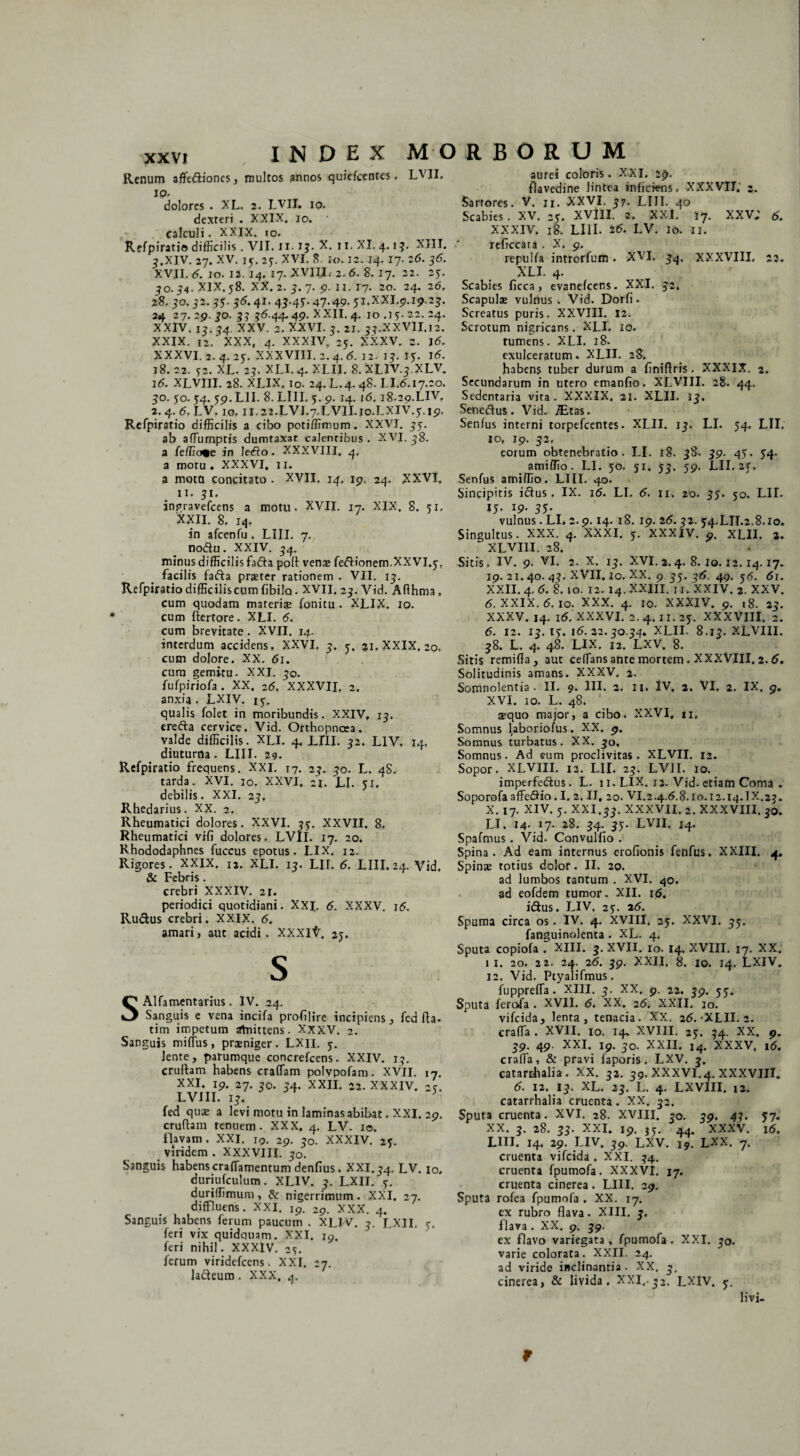 Renum affedioncs, multos annos quicfcentes. LVII. io. dolores . XL. 2. LVII. 10. dexteri . XXIX. 10. calculi. XXIX. 10. Refpiratio difficilis . VII. Ii- 13. X. 11. XI. 4.13. XIII. 3.XIV. 27. XV. 15. 25. XVI. 8. IO. 12. 14. 17. 26. 36. XVII. 6. 10. 12. 14. 17. XVIII.- 2. 6. 8. 17. 22. 25. 30. 34. XIX. 58. XX. 2. 3. 7. p. II. T7. 20. 24. 2(5. 28. 30.32.33. 36.41. 43.43. 47-49- 51-XXI.9.19.23. 24 27. 29. 30. 31 36.44.49. XXII. 4. 10 .15- 22. 24. XXIV. 13. 34. XXV. 2. XXVI. 3. 21. 37.XXVII.12. XXIX. 12. XXX, 4. XXXIV. 25. XXXV. 2. 16. XXXVI. 2. 4. 25. XXXVIII. 2. 4. <5. 12. 17. 15. 16. 18. 22. 32. XL. 23. XLI. 4. XLII. 8. XLIV.3.XLV. aurei coloris . XXI. 29. flavedine lintea inficiens. XXXVII. z. Sartores. V. n. XXVI. 37. LIII. 40 Scabies. XV. 23. XVllI. 2. XXI. 17. XXV; XXXIV. 18. LIII. 16. LV. 10. 11. reficcata . X. 9. repulfa introrfum. XVI. 34. XXXVIII, 22. XLI. 4. Scabies ficca , evanefcens. XXI. 32. Scapulae vulnus . Vid. Dorfi. Screatus puris. XXVIII. 12. Scrotum nigricans. XLI. 10. tumens. XLI. 18. exulceratum. XLII. 28. habens tuber durum a finiftris. XXXIX. 2. 16. XLVIII. 28. XLIX. 10. 24. L.4.48. LI.(5.17.20. Secundarum in utero emanfio. XLVIII. 28. 44. 30. 50.34. 39. LII. 8. LIII. 3.9.14.16.18.29.LIV. 2. 4. 6. LV. 10, U.22.LVI.7.LVII.10.LXIV.5.19. Refpiratio difficilis a cibo potiffimum. XXVI. 35. ab affumptis dumtaxat calentibus . XVI. 38. 3 feffio%e in ledo. XXXVIII. 4, a motu. XXXVI, 11. a mota concitato. XVII. 14. 19. 24. XXVI. 11. 31, jngravefcens a motu- XVII. 17. XIX. 8. 51. ‘XXII. 8. 14. in afcenfu . LIII. 7, nodu. XXIV. 34. minus difficilis fada poli vena» fedionem.XXVI.5, facilis fada praJter rationem . VII. 13. Refpiratio difficiliscum fibilo. XVII. 23. Vid. Adhma. cum quodam materise fonitu . XLIX. 10. cum ftertore. XLI. 6. cum brevitate . XVII. 14. interdum accidens. XXVI. 3. 3, 21. XXIX. 20, cum dolore. XX. 61. cura gemitu. XXI. 30. fufpiriofa . XX. 2<5. XXXVII, 2. anxia. LXIV. 17. qualis folet in moribundis. XXIV, 13. erefta cervice. Vid. Orthopnoea, valde difficilis. XLI. 4. LIII. 32. LIV, 14, diuturna. LIII. 29. Refpiratio frequens. XXI. 17. 23. 30. L. 48. tarda. XVI. 10. XXVI, 2X. LI. 51. debilis. XXI. 23, Rhedarius. XX. 2. Rheumatici dolores. XXVI. 33, XXVII. 8, Rheumatici vifi dolores. LVII. 17. 20. Rhododaphnes fuccus epotus. LIX. 12. Sedentaria vita . XXXIX. 21. XLII. Senedus. Vid.- JEtas. Senius interni torpefcentes. XLII. 13. LI. 54. LII. io, 19. 32, eorum obtenebratio. LI. 18. 38. 39. 43. 34. amiffio. LI. 50. 51. 53. 59. LII. 23. Senfus amiffio. LIII. 40. Sincipitis idus . IX. 16. LI, 6. 11. 20. 33. 50. LII. 13. 19. 33. vulnus. LI. 2.9.14. 18. 19. 26.32. 54.LII.2.8.10. Singultus. XXX. 4. XXXI. 3. XXXIV. 9. XLII. 2. XLVIII. 28. Sitis. IV. 9. VI. 2. X. 13. XVI. 2. 4. 8. Io. 12. 14. 17. 19. 21. 40. 43. XVII. 10. XX. 9 33. 36. 49. 36. 61. XXII. 4. 6. 8. 10. 12. 14. XXIII. n. XXIV. 2. XXV. 6. XXIX. 6. 10. XXX. 4. 10. XXXIV. 9. 18. 23. XXXV. 14. 16. XXXVI. 2.4. 11.25. XXXVIII. 2. 6. 12. 13. 15. i<5. 22.30.34. XLII- 8.13. XLVIII. 38. L. 4. 48. LIX. 12. LXV. 8. Sitis remifla-, aut celfans ante mortem. XXXVIII. 2. 6. Solitudinis amans. XXXV. 2. Somnolentia. II. 9. III. 2. 11. IV. 2. VI. 2. IX. 9. XVI. 10. L. 48. aequo major, a cibo. XXVI, *i. Somnus laboriofus. XX. 9. Somnus turbatus . XX. 30, Somnus. Ad eum proclivitas . XLVII. 12. Sopor. XLVIII. 13. LII. 23. LVII. 10. imperfedus. L. 11. LIX. 12. Vid. etiam Coma . Soporofa affedio. I. 2. II, 20. VI.2.4.<5.8.10.12.14.IX.23. X. 17. XIV. 5. XXI.33. XXXVII, 2. XXXVIII. 30. LI. 14- 17- 28. 34. 33. LVII. 14. Spafmus . Vid. Convulfio . Spina. Ad eam internus erofionis fenfus. XXIII. 4, Rigores, XXIX. 12. XLI. 13. LII. 6. LIII. 34. Vid. Spinae totius dolor. II. 20. & Febris crebri XXXIV. 21. periodici quotidiani. XXI. 6. XXXV. 16. Rudus crebri. XXIX. 6. amari, aut acidi . XXXlV. 25. SAlfamentarius. IV. 24. Sanguis e vena incifa profilire incipiens 3 fcd fla- tim impetum afnittens. XXXV. 2. Sanguis miltus, prxniger. LXII. 5. lente, parumque concrefcens. XXIV. 13. cruilam habens eradam polvpofam. XVII. 17. XXI. 19. 27. 30. 34. XXII, 22. XXXIV. LVJII. 13. } __ fed qux a levi motu in laminas abibat. XXI. 29. Sputa cruenta. XVL XVIII.3 30. 39. 47 crudam tenuem. XXX. 4. LV. 10. .- --  flavam. XXI. 19. 29. 30. XXXIV. 25. viridem . XXXVIII. 30. Sanguis habens craffamentuin denfius. XXI.34. LV. io. duriufculum. XLIV. 3. LXII. 5. duriffimum, & nigerrimum. XXI. 27. diffluens. XXI. i9. 29. XXX. 4. Sanguis habens ferum paucum . XLIV, 3. LXII. 5. feri vix quidquam. XXI. 19. feri nihil. XXXIV. 25. ferum viridefeens. XXI, 27. ladcum . XXX. 4. ad lumbos tantum . XVI. 40. ad eofdem tumor. XII, 16. idus. LIV. 25. 26. Spuma circa os. IV. 4. XVIII. 25. XXVI. 35. fanguinolenta . XL. 4. Sputa copiofa . XIII. 3. XVII. Io. 14. XVIII. 17. XX; 1 1. 20. 22. 24. 26. 39. XXII. 8. 10. 14. LXIV. 12. Vid. Ptyalifmus. fuppreffa. XIII. 3. XX. 9. 22. 39. 55. Sputa fero/a . XVII. 6. XX. 26. XXII. 10. vifeida, lenta, tenacia. XX. 26.-XLII. 2. craffa . XVII. 10. 14. XVIII. 25. 34. XX. 9. 39. 49. XXI. 19. 30. XXII. 14. XXXV. i(5. craffa, & pravi faporis. LXV. 3. catarrhalia. XX. 32. 39. XXXVI.4. XXXVIII. 6. 12. 13. XL. 23. L. 4. LXVIII. 12. catarrhalia cruenta . XX. 32. 0 . “ , .. 57* XX. 3. 28. 33. XXI. 19. 35. 44. XXXV. 16. LUI. 14. 29. LIV. 39. LXV. 19. LXX. 7. cruenta vifeida . XXI. 34. cruenta fpumofa. XXXVI. 17. cruenta cinerea . LIII. 29. Sputa rofea fpumofa . XX. 17. ex rubro flava. XIII. 3. flava . XX. 9. 39. ex flavo variegata , fpumofa . XXI. 30. varie colorata. XXII. 24. ad viride inclinantia . XX. 3, cinerea, & livida. XXI,. 32. LXIV. 5. livi- r