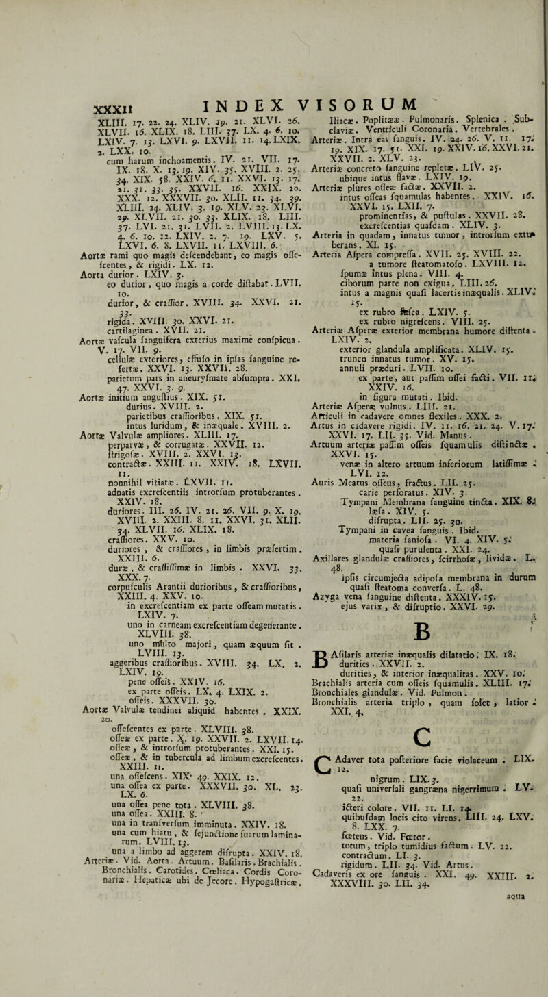 XXXII XLIII. 17. 22. 24. XLIV. jp. 21. XLVI. 26. XLVII. i<5. XLIX. 18. LIII. 57. LX. 4. 6. 10. LXIV. 7. 13. LXVI. p. LXVil. 11. 14. LXIX. 2. LXX. 10. cum harum inchoamentis. IV. 21. VII. 17. IX. 18. X. 13. ip. XIV. 33. XVIII. 2. 25. 34. XIX. 58. XXIV. 6. u. XXVI. 13. 17. ai. 31. 33. 3?. XXVII. 16. XXIX. 20. XXX. 12. XXXVII. 30. XLII. II. 54. 3P. XLIII. 24. XLIV. 3. ip. XLV. 23. XLVI. 2p. XLVII. 21. 30. 33. XLIX. 18. LIII. 37. LVI. 21. 31. LVII. 2. LVIII. 13. LX. 4. <5. 10. 12. LXIV. 2. 7. ip. LXV. 5. LXVI. 6. 8. LXVII. 11. LXVIJI. 6. Aort® rami quo magis defcendebant, eo magis ofle- fcentes, & rigidi. LX. 12. Aorta durior. LXIV. 3. eo durior, quo magis a corde dillabat. LVII. 10. durior, & craffior. XVIII. 34. XXVI. 21. 33’ rigida. XVIII. 30. XXVI. 21. cartilaginea . XVII. 21. Aort® vafcula (anguifera exterius maxime confpicua . V. 17. VII. 9. cellulae exteriores, effiifo in ipfas fanguine re¬ fert®. XXVI. 13. XXVIL 28. parietum pars in aneuryfmate abfumpta. XXI. 47. XXVI. 3. p. Aortae initium anguftius. XIX. 31. durius. XVIII. 2. parietibus craffioribus. XIX. 31. intus luridum, & inaequale. XVIII. 2. Aortae Valvulae ampliores. XLIII. 17. perparv®, & corrugatas. XXVII. 12. Itrigofae. XVIII. 2. XXVI. 13. contrad®. XXIII. 11. XXIV. 18. LXVII. 11. nonnihil vitiatae. LXVII. tr. adnatis excrefcentiis introrfum protuberantes. XXIV. 18. duriores. III. 26. IV. 21. 26. VII. 9. X. 19. XVIII- 2. XXIII. 8. 11. XXVI. 31. XLII. 34. XLVII. 16. XLIX. 18. craffiores. XXV. 10. duriores , & craffiores , in limbis praefertim . XXIII. 6. durae , & craffiffimae in limbis . XXVI. 33. XXX. 7. corpufculis Arantii durioribus, & craffioribus, XXIII. 4. XXV. io. in excrefcentiam ex parte ofleam mutatis. LXIV. 7. uno in carneam excrefcentiam degenerante . XLVIII. 38. uno rrftilto majori, quam aequum fit . LVIII. 13. aggeribus craffioribus. XVIII. 34. LX. 2. LXIV. ip. pene ofleis. XXIV- 16. ex parte ofleis. LX. 4. LXIX. 2. ofleis. XXXVII. 30. Aortae Valvulae tendinei aliquid habentes . XXIX. 20. Iliacae. Poplit®®. Pulmonaris. Splenica . Sub- clavi®. Ventriculi Coronaria. Vertebrales. Arteris. Intra eas fanguis. IV. 24. 26. V. n. 17- ip. XIX. 17. 51. XXL ip. XXIV. 16. XXVI. 21* XXVII. 2. XLV. 23. Arteriae concreto fanguine replet®. LIV. 25. ubique intus flav®. LXIV. 19. Arteri® plures olle® fad®. XXVII. 2. intus ofleas fquamulas habentes. XXlV. 16. XXVI. 15. LXII. 7. prominentias, & puftulas. XXVII. 28. excrefcentias quafdam . XLIV. 3. Arteria in quadam, innatus tumor, introrlum extu^ berans. XI. 15. Arteria Afpera comprefla. XVII. 23. XVIII. 22. a tumore Ileatomatofo. LXVIII. 12. fpum® intus plena. VIII. 4. ciborum parte non exigua. LIII. 26. intus a magnis quali lacertis insqualis. XLIV. ij- ex rubro Mea. LXIV. 3. ex rubro nigrefeens. VIII. 23. Arteri® Afper® exterior membrana humore diftenta . LXIV. 2. exterior glandula amplificata. XLIV. 13. trunco innatus tumor. XV. 13. annuli prsduri. LVII. 10. ex parte, aut paffim offei fadi. VII. ni XXIV. 16. in figura mutati. Ibid. Arteri® Afper® vulnus. LIII. 21. Articuli in cadavere omnes flexiles. XXX. 2. Artus in cadavere rigidi. IV. 11. 16. 21. 24. V. 17. XXVI. 17. LIL 33. Vid. Manus. Artuum arteri® paffim ofleis fquamulis diftind® . XXVI. 13. ven® in altero artuum inferiorum latiffim® « LVI. 12. Auris Meatus ofleus, fradus. LIL 23. carie perforatus. XIV. 3. Tympani Membrana fanguine tinda. XIX. 8J l®fa . XIV. 3. difrupta. LII. 23. 30. Tympani in cavea fanguis . Ibid. materia faniofa . VI. 4. XIV. 3.’ quafi purulenta . XXI. 24. Axillares glandul® craffiores, fcirrhof® , lividae. L- 48. ipfis circumjeda adipofa membrana in durum quafi fleatoma converfa. L. 48. Azyga vena (anguine diftenta. XXXIV. 13. ejus varix, & difruptio. XXVI. 29. BAfilaris arteri® insqualis dilatatio.' IX. 18; durities.. XXVII. 2. durities, & interior insqualitas. XXV. 10.' Brachialis arteria cum ofleis fquamulis. XLIII. 17J Bronchiales glandul®. Vid. Pulmon . Bronchialis arteria triplo , quam folet , latior • XXI. 4. oflefcentes ex parte. XLVIII. 38. ofle® ex parte. 19. XXVIL 2. LXVIL 14. ofle®, & introrfum protuberantes. XXI. 13. ofle® , & in tubercula ad limbum excrelcentes. XXIII. I!. una oflefcens. XIX- 49. XXIX. 12. una oflea ex parte. XXXVII. 30. XL. 22. LX. 6. * una oflea pene tota . XLVIII. 38. una oflea. XXIII. 8. • una in tranfverfum imminuta. XXIV. 18. una cum hiatu, & fejundione fuarum lamina¬ rum. LVIII. 13. una a limbo ad aggerem difrupta. XXIV. 18. Arteri®. Vid- Aorta Artuum. Bafilaris. Brachialis. Bronchialis. Carotides. Coeliaca. Cordis Coro¬ nari®. Hcpatic® ubi de Jecore. Hypogaflric®. c CAdaver tota pofteriore facie violaceum . LIX» 12. nigrum. LIX.3. quafi univerfali gangr®na nigerrimum . LV- 22. ideri colore. VII. n. LI. 14» quibufdam locis cito virens. LIII. 24. LXV. 8. LXX. 7. fcetens. Vid. Fator, totum, triplo tumidius fadum. LV. 22. contradum. LI. 3. rigidum. LII. 34- Vid. Artus. Cadaveris ex ore fanguis . XXI. 49. YYTTT. XXXVIII. 30. LII. 34. 2. aaua