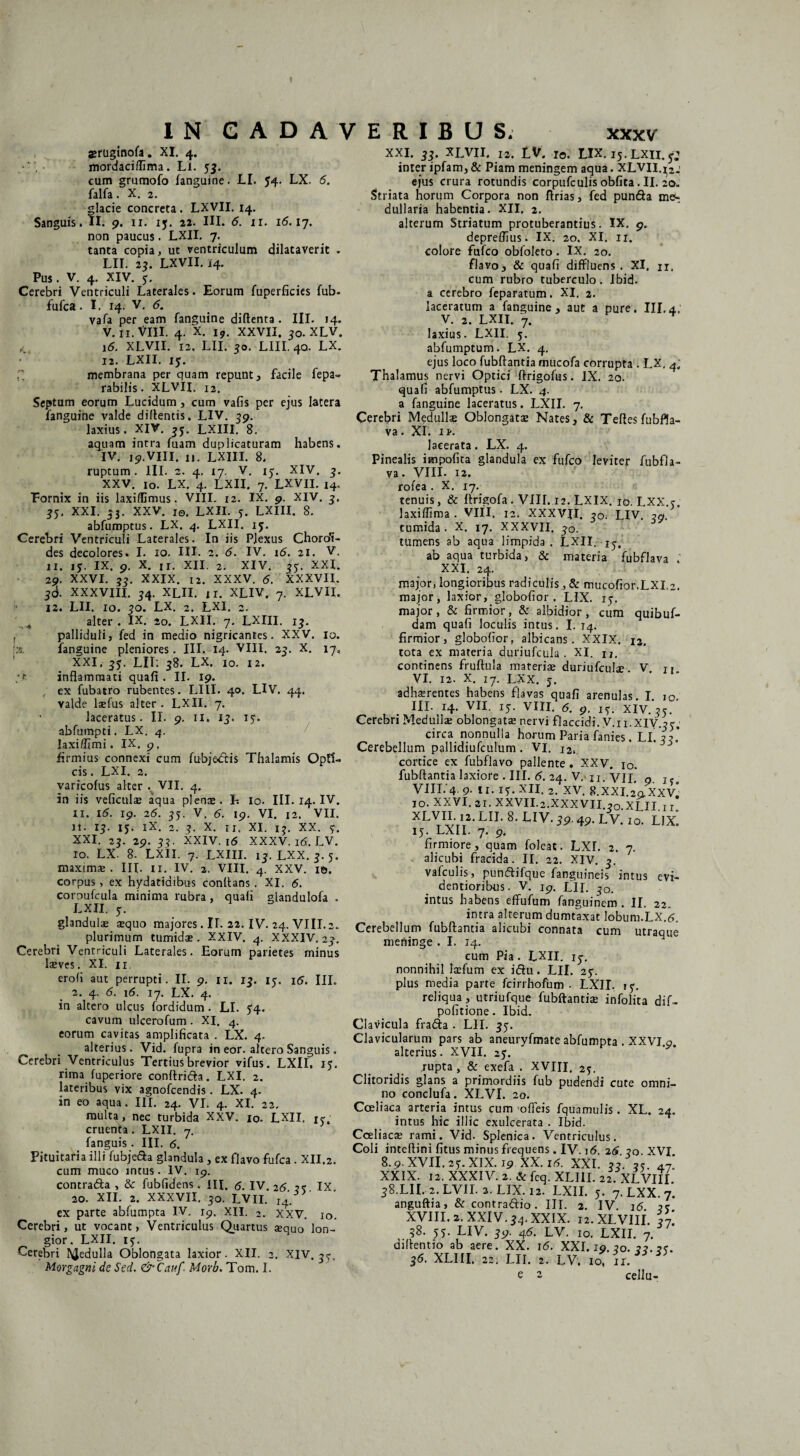 a>ruginofa. XI. 4. mordaciffima. Ll. 53. cum grumofo fanguine. Ll. 54. LX. 6, falfa X. 2. glacie concreta. LXVII. 14. Sanguis. II. 9. 11. 15. 22. III. 6. 11. 16.17. non paucus. LXII. 7. tanta copia, ut ventriculum dilataverit . Lir. 23. lxvii. 14. Pus. v. 4. XIV. 3. Cerebri Ventriculi Laterales. Eorum fuperficies fub- fufca. I. 14. V. 6. vafa per eam fanguine diftenta. III. 14. V. 11. VIII. 4. x. 19. XXVII. 30. XLV. 4 16. XLVII. 12. LII. 30. LIII, 40, LX. 12. LXII. 15. H membrana per quam repunt , facile fepa- rabilis. XLVII. 12. Septum eorum Lucidum, cum vafis per ejus latera fanguine valde didentis, LIV. 39. laxius. XIV. 35. LXIII. 8. aquam intra fuam duplicaturam habens. IV. 19.VIII. 11. LXIII. 8. ruptum. III. 2. 4. 17. V. 15. XIV. 3. XXV. 10. LX, 4. LXII. 7. LXVII. 14. Fornix in iis laxiflimus. VIII. 12. IX. 9. XIV, 3. 35. XXI. 33. XXV. i©. LXII. 3. LXIII. 8. abfumptus. LX. 4. LXII, iy. Cerebri Ventriculi Laterales. In iis Plexus Choro^- des decolores. I. 10. III. 2. 6. IV. 16. 21. V. 11. 15. IX. 9. X. u. XII. 2. XIV. 33. XXI. 29. XXVI. 33. XXIX. 12. XXXV. 6. XXXVII. 36. XXXVIII. 34. XLII. XI. XLIV. 7. XLVII. 12. LII. 10. 30. LX. 2. LXI. 2. alter. IX. 20. LXII. 7. LXIII. 13. , palliduli, fed in medio nigricantes. XXV. 10. fanguine pleniores. III. 14. VIII. 23. X. 17. XXI, 35. LII: 38. LX. 10, 12. ;r. inflammati quafi . II. 19. ex fubatro rubentes. LIII. 40. LIV. 44. valde laefus alter . LXII. 7. laceratus. II. 9. 11. 13. 15. abfumpti. LX. 4. laxi/fimi. IX. 9. firmius connexi cum fubjcdis Thalamis Opti¬ cis . LXI. 2. varicofus alter . VII. 4. in iis veficulae aqua plenae. L io. III. 14. IV. 11. 16. 19. 26. 33. V. 6. 19. VI. 12. VII. ll. 13. 15. iX. 2. 3. X. ir. XI. 13. XX. y. XXI. 23. 29. 33. XXIV. 16 XXXV.16.LV. 10. LX. 8- LXII. 7. LXIII. 13. LXX. 3.5. mixims . III. 11. IV. 2. VIII. 4. XXV. 10. corpus, ex hydatidibns conflans. XI. 6. coroufcula minima rubra , quati glandulofa . LXII. 5. glandulae $quo majores. IL 22. IV. 24. VIII.2. plurimum tumidae. XXIV, 4. XXXIV. 23. Cerebri Ventriculi Laterales. Eorum parietes minus laeves. XI. u erofi aut perrupti. II. 9. 11. 13. 15. 15. III. 2. 4. 6. 16. 17. LX. 4. in altero ulcus fordidum. LL 54. cavum ulcerofum. XI. 4. eorum cavitas amplificata . LX. 4. alterius. Vid. fupra in eor. altero Sanguis. Cerebri Ventriculus Tertius brevior vifus. LXII, 15. rima fuperiore conftrida. LXI. 2. lateribus vix agnofcendis. LX. 4. in eo aqua. III. 24. VI. 4. XI. 22. multa, nec turbida XXV. 10. LXII. 13. cruenta. LXII. 7. fanguis . III. <5. Pituitaria illi fubjeda glandula, ex flavo fufca . XII.2. cum muco intus. IV. 19. contrada , & fubfidens . III. 6. IV. 26 2«, IX 20. XII. 2. XXXVII. 30. LVII. I4. ex parte abfumpta IV. 19. XII. 2. XXV. 10. Cerebri, ut vocant, Ventriculus Quartus seqUO lon¬ gior. LXII. 13. Cerebri I^edulla Oblongata laxior. XII. 2. XIV. 33. Morgagni de Sed. &Cauf Morb. Tom. I. XXI. 33. XLVII. 12. LV. 10. Lix. 15. LXII. y: inter ipfam, & Piam meningem aqua. XLVII. ejus crura rotundis corpufculis obfita. II. 20. Striata horum Corpora non flrias, fed punda mes dullaria habentia. XII. 2. alterum Striatum protuberandus. IX. 9. depreflius. IX. 20. XI. u. colore fufco obfoleto. IX. 20. flavo, & quafi diffluens. XI. u. cum rubro tuberculo. Ibid. a cerebro feparatum. XI. 2. laceratum a fanguine, aut a pure. III.4. V. 2. LXII. 7. laxius. LXII. 5. abfumptum. LX. 4. ejus loco fubftantia mucofa corrupta . LX, 4; Thalamus nervi Optici ftrigofus. IX. 20. quafi abfumptus • LX. 4. a fanguine laceratus. LXII. 7. Cerebri Medulla Oblongata Nates, & Teftes fubfla- va. XI. 1 k lacerata. LX. 4. Pinealis impolita glandula ex fufco leviter fubfia- va. VIII. 12. rofea . X. i7. tenuis, & flrigofa. VIII. 12. LXIX. xo. I XX e laxiffima. VIII. 12. XXXVII. 3o> LIV. 29 tumida . X. 17. XXXVII. 30. tumens ab aqua limpida . LXII. 13,’ ab aqua turbida, & materia fubflava ; XXI. 24. major, longioribus radiculis, & mucofior.LXI.2. major, laxior, globofior . LIX. 15. major, & firmior, & albidior, cum quibuf- dam quafi loculis intus. I. 14. firmior, globofior, albicans. XXIX. 13. tota ex materia duriufcula . XI. u, continens fruftula materiae duriufculse. V t» VI. 12. X. 17. LXx. 5. adhaerentes habens flavas quafi arenulas. I. 10. III. 14. VII. 15. VIII. 6. 9. 13. XIV. 35. Cerebri Meduliae oblongatae nervi flaccidi. V.11.XIV.3 3. circa nonnulla horum Paria fanies. LL 33 * Cerebellum pallidiufculum. VI. 12,. cortice ex fubflavo pallente. XXV. jo. fubftantia laxiore . III. 6. 24. V. u. yji, q VIIL'4.9. H.13.XII. 2. XV. 8.XXI.2*q.XXv[ IO. XXVI. 21. XXVIL2.XXXVII.30 XLII ir XLVII 12. LII. 8. LIV. 39.49. LV.' 10. LIX. 13. LXII. 7. 9. firmiore, quam foleat. LXL 2. 7. alicubi fracida. II. 22. XIV. 3. vafculis, pundifque fanguineis intus evi- demioribus. V. 19. LII. 30. intus habens effufum fanguinem . II. 22. intra alterum dumtaxat lobum.LX.tf, Cerebellum fubftantia alicubi connata cum utraque meninge . I. 14. cum Pia . LXII. 13. nonnihil laefum ex idu. LII. 23. plus media parte fcirrhofum - LXII. 13. reliqua, utriufque fubftantiae infolita dif- pofitione. Ibid. Clavicula frada . LII. 33. Clavicularum pars ab aneuryfmate abfumpta . XXVI a alterius. XVII. 23. .rupta , & exefa . XVIII, 23. Clitoridis glans a primordiis fub pudendi cute omni¬ no conclufa. XLVI. 20. Coeliaca arteria intus cum ofieis fquamulis. XL. 24. intus hic illic exulcerata . Ibid. Coeliacae rami. Vid. Splenica. Ventriculus. Coli intertini fitus minus frequens. IV. 16, 26 30. XVI 8.9. XVII. 23. XIX. 19 XX. 16. XXI. 33. 3s. XXIX. 12. XXXIV. 2. & feq. XLIII. 22. XLVIII. 38.LII. 2. LVII. 2. LIX. 12. LXII. 3. 7. LXX. 7. anguftia, & contradio. III. 2. IV. 16 2?* XVIII. 2. XXIV. 34. XXIX. 12.XLVIIL vi. 38. 33. LIV. 39. 46. LV. 10. LXII. 7. diftentio ab aere. XX. 16. XXI. 19. 20. 22.2?. 36. XLIII. 22. LII. 2. LV. 10, ir.  e 2 cellu-