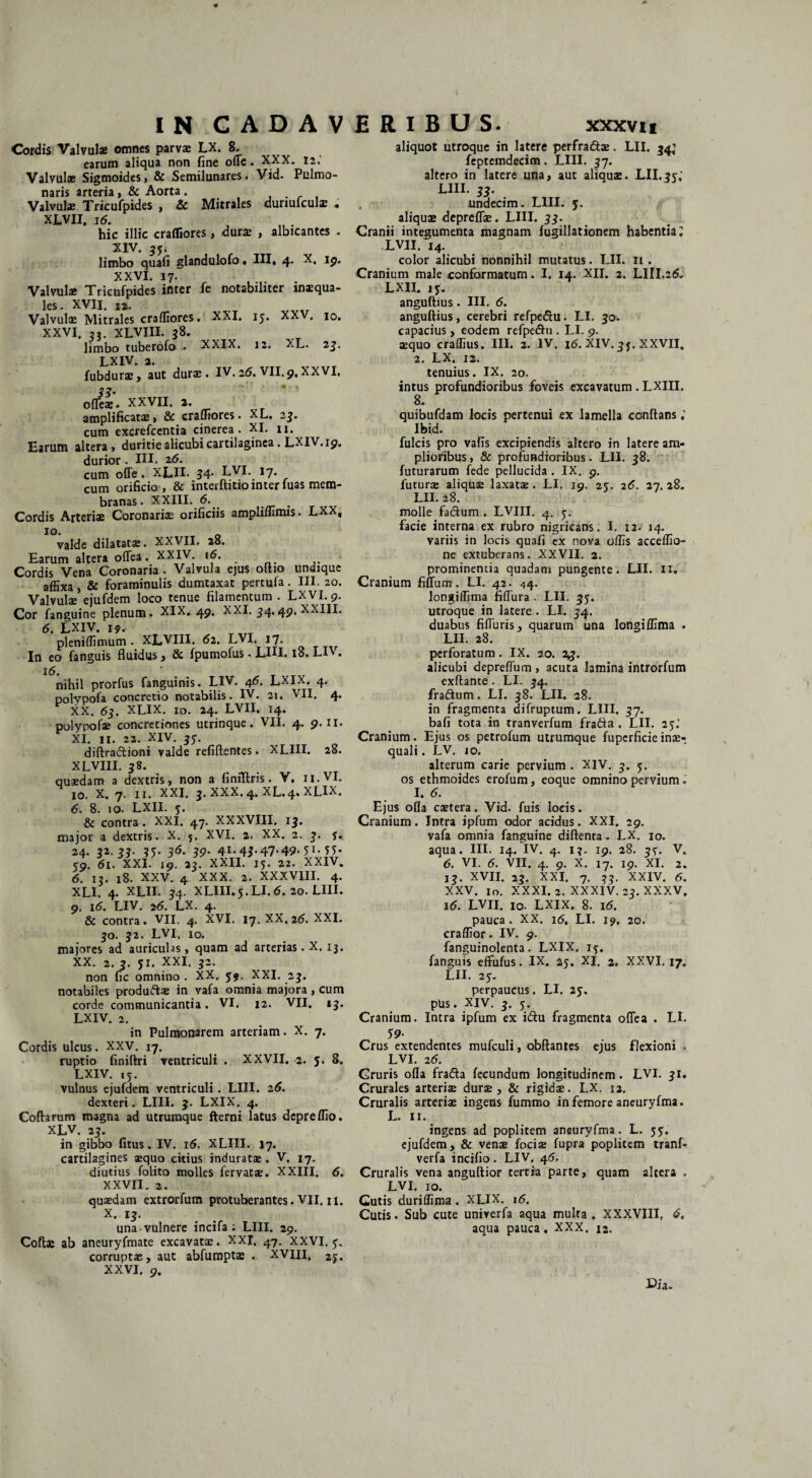 IN GADAV Cordis Valvulae omnes parvae LX. 8. earum aliqua non fine ofle. XXX. 12.' Valvulae Sigmoides, & Semilunares. Vid. Pulmo¬ naris arteria, & Aorta . Valvulae Tricufpides , &c Mitrales auriulculas . XLVII, 16. hic illic crafliores, durae , albicantes . XIV. 35. limbo quafi glandulofo * III» 4* x« *£• XXVI. 17. Valvulae Tricufpides inter fe notabiliter inaequa¬ les. XVII. iz. Valvulae Mitrales crafliores. XXI. 15. XXV. 10. XXVI. 3j. XLVIII. 38. limbo tuberofo • XXIX. 12. XL. 23. LXIV. 2. fubdurae, aut duras. IV. 26. VII. 9. XXVI. 33. ofleas • XXVII. 2. amplificatae, & crafliores. XL. 23. cum excrefcentia cinerea. XI. 11. Tarum altera, duritie alicubi cartilaginea. LXIV. 19. durior. IU. 26. cum ofle . XLII. 34* LVI. 17. cum orificio , & interftitio inter fuas mem¬ branas . XXIII. 6. Cordis Arteriae Coronariae orificiis ampliflimis. LXX, valde dilatatae. XXVII. 28. Earum altera oflea. XXIV ‘f* . Cordis Vena Coronaria . Valvula ejus oltio undique aflixa, & foraminulis dumtaxat pertufa . III. 20. Valvulae ejufdem loco tenue filamentum . LXVI. 9. Cor fanguine plenum. XIX. 49. XXI. 34.49, XXIII. 6. LXIV. 19. pleniflimum. XLVIII. 62. LVI. 17. In eo fanguis fluidus, & fpumofus» LUI. 18. LIV. 16. nihil prorfus fanguinis. LIV. 46. LXIX. 4. polvpofa concretio notabilis. IV. 21, VII, 4* XX. 63. XLIX. 10. 24. LVII. 14. polypofae concretiones utrinque. VII. 4. 9. 11. XI. II. 22. XIV. 37. diftradioni valde refiftentes. XLIII. 28. XLVIII. 3S. quaedam a dextris, non a finiftris. V. n.VI. IO. X. 7. 11. XXI. 3. XXX. 4. XL. 4. XLIX. 6. 8. 10. LXII. 7. & contra. XXI. 47. XXXVIII. 13. major a dextris. X. 5. XVI. 2. XX. 2. 3. j. 24. 32.33- 35* 36- 39- 41* 43- 47-49- 51-55* 59. 61. XXI. ,9. 23. XXII. 15. 22. XXIV. 6. 12. 18. XXV. 4 XXX. 2. XXXVIII. 4. XLI. 4. XLII. 34. XLIII.5.LI. 5. 20. LIII. 9. 16. LIV. 26. LX. 4. & contra. VII. 4. XVI. 17. XX. 26. XXI. 30. 32. LVI. 10. majores ad auriculas, quam ad arterias. X. 13. XX. 2. 3. JI. XXI. 32. non fic omnino. XX. 59. XXI. 23. notabiles produdas in vafa omnia majora, cum corde communicantia. VI, 12. VII. 13. LXIV. 2. in Pulmonarem arteriam. X. 7. Cordis ulcus. XXV. 17. ruptio finiflri ventriculi . XXVII. 2. 5. 8. LXIV. 15. vulnus ejufdem ventriculi. LIII. 26. dexteri. LIII. 3. LXIX. 4. Coftarum magna ad utrumque fterni latus deprefllo. XLV. 23. in gibbo fitus. IV. 16. XLIII. 17. cartilagines asquo citius induratas. V. 17. diutius folito molles fervatae. XXIII. 6. XXVII. 2. quasdam extrorfum protuberantes. VII. 11. X. 13. una vulnere incifa : LIII. 29. Coftas ab aneuryfmate excavatae. XXI. 47. XXVI. 7. corruptae, aut abfumptae . XVIII, 27. XXVI, 9. ERIBUS. xxxvii aliquot utroque in latere perfradas. LII. 34; feptemdecitn. LIII. 37. altero in latere una, aut aliquas. LII.57,' LIII. 33. undecim. LIII. 5. aliquae depreflas. LIII. 33. Cranii integumenta magnam fugillationcm habentia; LVII. 14. color alicubi nonnihil mutatus. LII. 11 . Cranium male conformatum. I. 14. XII. 2. LIII.2<S„ LXII. 17. anguftius. III. 6. anguftius, cerebri refpedu. LI. 30. capacius, eodem refpedu . LI. 9. sequo cradlus. III. 2. IV. 16. XIV. 3 j. XXVII. 2. LX. 12. tenuius. IX. 20. intus profundioribus foveis excavatum . LXIII. 8. quibufdam locis pertenui ex lamella conflans Ibid. fulcis pro vafis excipiendis altero in latere am¬ plioribus , & profundioribus. LII. 38. futurarum fede pellucida. IX. 9. futurae aliquae laxatas. LI. 19. 27. 26. 27. 28. LII. 28. molle fadum . LVIII. 4, 7. facie interna ex rubro nigricans. I. 12. 14. variis in locis quafi ex nova offis acceflio- ne extuberans. XXVII. 2. prominentia quadam pungente. LII. 11. Cranium fifTum. LI. 42. 44. longiflima fiflura . LII. 57. utroque in latere . LI. 54. duabus fifluris, quarum una Iongifllma . LII. 28. perforatum. IX. 20. 24. alicubi depreflum , acuta lamina introrfum exftante . LI. 34. fradum. LI. 38. LII. 28. in fragmenta difruptum. LIII. 37. bafi tota in tranverfum frada . LII. 23.' Cranium. Ejus os petrofum utrumque fuperficieinae¬ quali . LV. io. alterum carie pervium . XIV. 3. 3. os ethmoides erofum, eoque omnino pervium. 1.6. Ejus ofla castera. Vid. fuis locis. Cranium. Intra ipfum odor acidus. XXI. 29. vafa omnia fanguine diftenca. LX. 10. aqua. III. 14. IV. 4. 13. 19. 28. 33. V. 6. VI. 6. VII. 4. 9. X. 17. 19. XI. 2. 13. XVII. 23. XXI. 7. 33. XXIV. 6. XXV. Io. XXXI. 2. XXXIV. 23. XXXV. 16. LVII. 10. LXIX. 8. 16. pauca. XX. 16. LI. 19. 20. craffior. IV. 9. fanguinolenta. LXIX. 13. fanguis effufus. IX. 25. XI. 2. XXVI. 17. LII. 23- perpaucus. LI. 25. pUs. XIV. 3. 3. Cranium. Intra ipfum ex idu fragmenta oflea . LI. 59- Crus extendentes mufculi, obftantes ejus flexioni . LVI. 26. Cruris ofla frada fecundum longitudinem. LVI. 31. Crurales arteriae durae, & rigidae. LX. 12. Cruralis arterias ingens fummo in femore aneuryfma. L. 11. ingens ad poplitem aneuryfma. L. 33. ejufdem, & venae fociae fupra poplitem tranf- verfa incifio. LIV. 45. Cruralis vena anguflior tertia parte, quam altera . LVI. 10. Gutis duriffima. XLIX. i<5. Cutis. Sub cute univerfa aqua multa. XXXVIII, 6, aqua pauca, XXX. 12. Cia-