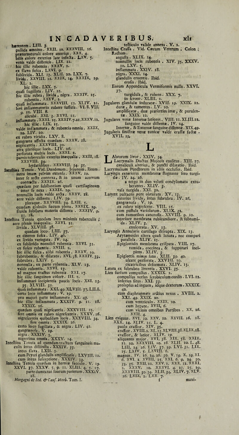 haerentem. LUI. 3. pallida omnino. XXII. io. XXXVIII. 16. raeternaturali colore anterius. XXX. 4. ilis colore exrerius late infeda. LXV. 3, venis valde didentis. LIX. 12. hic illic rubentia. XXXV. 2. ex flavo fufca. LXVI. 9. fublivida. XLI. 13. XLII. 20. LXX. 7. livida. XXVIII. 12. XXIX. 14. XXXIX. 29. XL. 2. hic illic • LXX. 5. quafi fugillata . LIV. 22. hic illic rubra, livida, nigra. XXXIV. 25. rubentia. XXXV. 2. quali inflammata. XXXVIII. 52. XLIV. 21. levi inflammatorio rubore fulfufa. VI. 8. VII. 9. 11. VIII. 8. alicubi. XXI. 3. XXVI. 21. inflammata . XXXI. 25. XXXIV.7.21.XXXV.12. hic illic. LIX. 15. valde inflammata, & rubentia omnia. XXIX. 10. LIV. 20. ex rubro viridia. LXV. 8. gangraena affeda quaedam. XXXV. 18. nigricantia. XXXVIII. 3o. atra plerifque locis. LIV. 26. perforata multis locis. XXXI, 2. parvis tuberculis exterius inaequalia . XXII. 18. XXXVIII. 34. hydatidibus. XXXVIII. 34. 35. Inteftina Tenuia. Vid. Duodenum. Jejunum. Ileum . intra imam pelvim extenfa. XXXV. 10. inter fe arde connexa, & in unum acervum contrada . XXXIX. 26. quaedam per fubftantiam quafi cartilagineam inter fe nexa . XXXIX. 2g. nonnullis locis valde arda. XXXV. 18. aere valde diftenta. LIV. 39. pleraque. XXXVIII. 34. LXII. $•. quaedam globulis faecum plena. XXXIX. 29. fluida fubflava materia diftenta . XXXIV. 9. 11. 18. Inteftina Tenuia quodam loco minimis tuberculis ,' aere plenis inaequalia. XXVI. 21. ^ livida. XLVIII. 38. —' quodam loco. LIII; 37. ex cinereo fufca. LIV. 46. ex livido variegata. IV. 24. ex fublivido nonnihil rubentia. XXVI, 31. ex fufco rubentia. XVIII. 2. hic illic fufca, alibi rubentia. XXXV. i0. fubrubentia, & dilatata. XVI. 38. XXXIV. 33, fubrubra. LXIV. 5. nonnulla, ex parte rubentia. XLV. 23. valde rubentia. XXVI. 13. ad magnos tradus rubentia- XXI. 17. hic illic fanguineo colore. III. 2. inflammari incipientia paucis locis. XXI. 23. 35. XLVIII. 32. quafi inflammata. XXI. 49. XLVIII. 37, LII.8. certo loco inflammata. V. 19. pro majori parte inflammata. XX. 43. hic illic inflammata.. XXXIV. 9. 11. 18. XXXIX. 26. ?|U3edam quafi nigricantia. XXXVIII. 1 y. ere omnia ex rubro nigrefcentia. XXXV. 16. nigrefcentia quibufdam locis. XXXVIII. 34, fere omnia. XXXIX. 26. certo loco fugillata, & nigra. LIV. 41. gangraenofa. V. 19. nigra. XXXIV. 5. nigerrima omnia. XXXV. 14. Inteftina Tenuia ad quendam tradum fanguineis ma¬ culis intus diftinda . XXXIV. 33. intus flava. LXII. 5. cum Peyeri glandulis amplificatis. LXVIII. 12. cum intus fufceptione. XXXIV. 33. Inteftina Tenuia quaedam in herniae facculo . V. 19. XXVI. 37. XXXV. 5. 9- 11. XLIII. 4. 5. 27. parte dumtaxat fuorum parietum . XXXIV. 18. Morgagni de Sed. &Cauf. Morb. Tom. I. tefticulo valide annexa. V. 2. Inteftina Craffa , Vid. Caecum Veterum Colon : Redum. angufta. XLIX. 14. nonnullis locis rubentia . XIV. 35. XXXV. 10. LXV. 5. inflammata . XXIV. 18. nigra. XXXI. 14. glandulis cruentis. Ibid. erofis. Ibid. Eorum Appendicula Vermiformis nulla. XXVI. 31- turgidula, & rubens. XXX. 7, in fcroto. XLIII. 2. Jugulares glandulae induratae. XVII. 19. XXIX. 12. durae, & tumentes. LV. 20. amplificatae, dux prxfertimimae, & purulen¬ tae. XXIX. 12. Jugulares venae Internae latiores. VIII. II.XLIH.22. fanguine valde diftentae. IV. 24. Internae, & Externae fanguine diftentae. XIX.49. Jugularis finiftra? venx tunicae valde craflae fadae . XVII. 19, L LAbrorum livor. XXIV. 34. Lacrymalis Dudus Majoris coalitus. XIII. 27. canaliculi alterius, & pundi dilatatio. Ibid. Lacrymalium Pundorum in aliis occlufio. Ibid. Laryngis exteriores membranae ftagnante fero turgi¬ dae . IV. 24. 26, a tergo in duo veluti condylomata extu¬ berantes . XLIV. 3. vafa turgida. XXI. 30. Larynx pultaceo pure obturata. XV. 13. exterius livida, intus fubrubra. IV. 26, gangraenofa . V. 19. ex rubro nigrefcens. VIII. 2$. cum puftula variolarum. XLIX. 32. cum tumoribus cancrofis. XXVIII. 9. 10. interiore membrana rubicundiore, &fubtumi- da. XLIV. 3. exulcerata. XV. 13. Laryngis Annularis cartilago dilrupta. XIX, 13. Arytaenoides altera quafi luxata, nec compari parallela. XLIV. ij. Epiglottidis membrana crifpata. VIII. 27. tumida, coccinea, & fuppurari inci¬ piens. XLIV. 3. Epiglottis minue fana . XLII. 39. 40. ulcere perforata . XXVIII. 10. cicatricibus deformata. XLIV. 13. Latera ex fubrubro liventia . XXVI. 35. Lien furfum compullus. XXXIX. 2. compulfus verfus fcrobiculum cordis. LVI. 12. inferius fitus. XXL 33. prolapfus ad inguen, idquc dexterura. XXXIX. 42. # cum diaphragmate ardius nexus . XVIII. 2: XXL 49. XXIX. 20. cum ventriculo. XXIX. 20. cum hepate. XVII, 6. cum vicinis omnibus Partibus . XX. 26. XXII. 4. Lien exiguus, xvi. I0. xxv. 10. XXVII. 16. 28. XXX. 14. XLIV. 21. L. 4. paulo cralfior. XIV. 35. craflior. XVIII.2. XL.23.XLVIII.38.XLIX.18. cralfior, & latior. XLIV. ig. aliquanto major. XVI. 38. XIX. 38. XXIX. 12. 20. XXXVIII. io. 16. XLII. 20. L. 48. LIII. 24. '26. LIV. 37. 39- LVI. 31. LIX. 13. LXIV. 3. LXVIII. 6. magnus. IV. 16. 24.26. 30. V. 19. X. 19. XI. 6. XVI. 2. XVIII. 23. XXI. 6. 9. 24. 30. 33. 33. XXII. 22. XXV. 2. XXX. 12. XXXI. 2. XXXV. 10. XXXVI. 4. 23. 23. 29. XXXVIII. 30.34. XLII. 34, XLIV. 7. XLV. 16. LXIX. 2. LXX. 7. f roaxi- N /