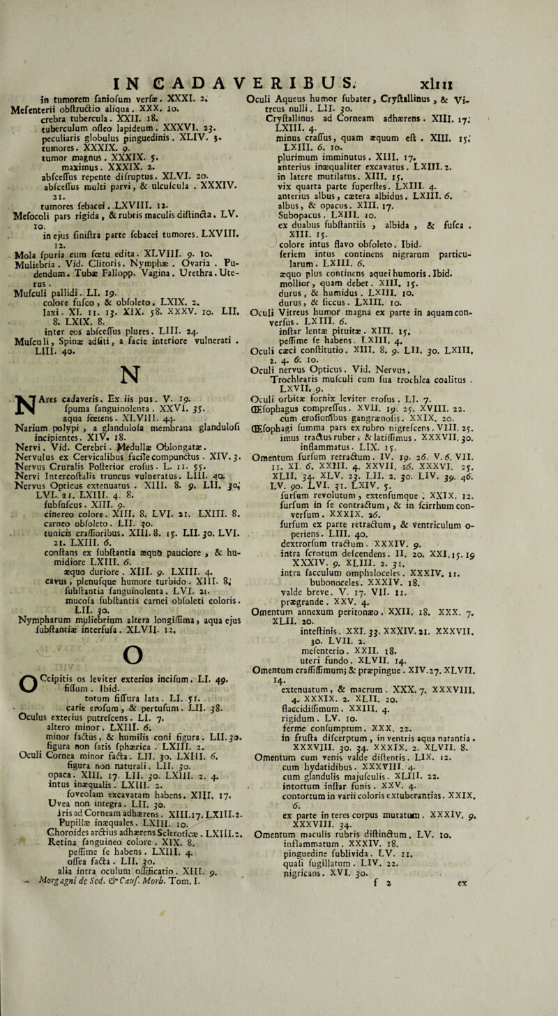 in tumorem faniofum verfe. XXXI. 2; Mefenterii obftru&io aliqua. XXX. 10. crebra tubercula. XXII. 18. tuberculum ofleo lapideum. XXXVI. 25. peculiaris globulus pinguedinis. XLIV. 3. tumores. XXXIX. 9. tumor magnus. XXXIX. 5. maximus. XXXIX. 2. abfceflus repente difruptus. XLVI. 20. abfceflus multi parvi, & ulculcula . XXXIV. 21. tumores febacei. LXVIII. 12. Mefocoli pars rigida, & rubris maculis diftincla. LV. i°. in ejus finiftra parte febacei tumores. LXVIII. 12. Mola fpuria cum fcetu edita. XLVI1I. 9. 10. Muliebria. Vid. Clitoris. Nymphae . Ovaria . Pu¬ dendum. Tubas Fallopp. Vagina. Urethra.Ute¬ rus • Mufculi pallidi. LI. 19. colore fufco , & obfoleto. LXIX. 2. laxi. XI. 11. 13. XIX. 58. XXXV. 10. LII. 8. LXIX. 8. inter eos abfceflus plures. LIII. 24. Mufculi, Spinae adliti, a facie interiore vulnerati . LIII. 40. N NAres cadaveris. Ex iis pus. V. 19. fpuma fanguinolenta. XXVI. 35. aqua fcetens. XLVIII. 44. Narium polypi , a glandulofa membrana glandulofi incipientes. XIV. 18. Nervi. Vid. Cerebri. Medullae Oblongatae. Nervulus ex Cervicalibus facilecompundtus. XIV. 5. Nervus Cruralis Poflerior erofus. L. 11. 55. Nervi Intercoftalis truncus vulneratus. LIII. 40. Nervus Opticu6 extenuatus . XIII. 8. 9, LII. 30^ LVI. 2i. LXIII. 4. 8. fubfufcus. XIII. 9. cinereo colore. XIII. 8. LVI. 21. LXIII. 8. carneo obfoleto. LII. 30. tunicis craffioribus. XIII. 8. iy. LII. 30. LVI. 21. LXIII. 6. conflans ex fubflantia aequb pauciore , & hu- midiore LXIII. 6. aequo duriore . XIII. 9. LXIII. 4. cavus, plenufque humore turbido. XIII. 8^ fubflantia fanguinolenta. LVI. 2t. mucofa fubflantia carnei obfoleti coloris. LII. 30. Nympharum mpliebrium altera longiffima, aqua ejus fubflantia interfufa. XLVII. 12, o \ OCcipitis os leviter exterius incifum. LI. 49. fidum . Ibid- totum fiflura lata. LI. jr. tarie erofum, & pertufum. LII. 38. Oculus exterius putrefcens. LI. 7. altero minor. LXIII. 6. minor fa&us, & humilis coni figura. LII.30. figura non fatis fphserica . LXIII. 2. Oculi Cornea minor fafta. LII. 30. LXIII. 6. figura non naturali. LII. 30. opaca. XIII. 17. LII. 30. LXIII. 2. 4. intus inaequalis. LXIII. 2. foveolam excavatam habens. XIII. 17. Uvea non integra. LII. 30. Iris ad Corneam adhaerens. XIII.I7* LXIII.2. Pupillae inaequales. LXIII. 10. Choroides ardfcius adhaerens Scleroticae. LXIII.2. Retina fanguineo colore . XIX. 8. pelfime fe habens. LXIII, 4. oflea fadta . LII. 30. alia intra oculum offificatio. XIII. 9. -1 Morgagni de Sed. & Cauf. Morb. Tom. I. Oculi Aqueus humor fubater, Cryftallinus, & yf. treus nulli. LII. 30. Cryftallinus ad Corneam adhaerens . XIII. i-j: LXIII. 4. minus craflus, quam aequum eft . XIII. 15.' LXIII. 6. 10. plurimum imminutus. XIII. 17, anterius inaequaliter excavatus. LXIII. 2. in latere mutilatus. XIII. 15. vix quarta parte fuperftes. LXIII. 4. anterius albus, caetera albidus. LXIII. 6. albus, & opacus. XIII. 17. Subopacus. LXIII. jo. ex duabus fubftantiis , albida , & fufca „ XIII. 15. colore intus flavo obfoleto. Ibid. feriem intus continens nigrarum particu¬ larum. LXIII. 6. aequo plus continens aquei humoris. Ibid. mollior, quam debet. XIII, iy. durus, & -tumidus. LXIII. 10. durus, & ficcus. LXIII. 10. Oculi Vitreus humor* magna cx parte in aquamcon- verfus. LXIII. 6. inftar lentae pituitae. XIII. iy, pelfime fe habens. LXIII. 4. Oculi caeci conftitutio. XIII. 8. 9. LII. 30. LXIII, 2. 4. 6: 10. Oculi nervus Opticus. Vid. Nervus. Trochlearis mulculi cum fua trochlea coalitus . LXVII, 9. Oculi orbitae fornix leviter erofus. LI. 7. QEfophagus compreflus. XVII. 19. 25. XVIII. 22. cum erofionlbus gangrsenolis. XXIX. 20. QEfophagi fumma pars ex rubro nigrefcens. VIII. 25. imus traftus ruber, &lati(fimus. XXXVII. 30. inflammatus. LIX. iy. Omentum furfum retra&um. IV. 19. 26. V. 6. VII. 11. XI. 5. XXIII. 4. XXVII. 16. XXXVI. 2y. XLII. 34. XLV. 23. LII. 2. 30. LIV. 39. 46. LV. 90. LVI. 31. LXIV. y. furfum revolutum , extenfumque i XXIX. 12. furfum in fe contra&um, & in fcirrhumcon- verfum. XXXIX. 26. furfum ex parte retra&um, & ventriculum o- periens. LIII. 40. dextrorfum tra&um. XXXIV. 9. intra fcrotum delcendens. II. 20. XXI.iy.io XXXIV. 9. XLIII. 2. 31. intra facculum omphaloceles. XXXIV. n. bubonoceles. XXXIV. 18. valde breve. V. 17. VII. 11. praegrande. XXV. 4. Omentum annexum peritonaeo. XXII. 18. XXX. 7. XLII. 20. inteftinis. XXI. 33. XXXIV. 21. XXXVII. 30. LVII. 2. mefenterio. XXII. 18. uteri fundo. XLVII. 14. Omentum crafliffimumj & praepingue. XIV.27. XLVII. 14. extenuatum , & macrum . XXX. 7. XXXVIII. 4. XXXIX. 2. XLII. 20. flaccidilfimum. XXIII. 4. rigidum . LV. 10. ferme confumptum. XXX, 22. in frufta difcerptum , in ventris aqua natantia . XXXVIII. 30. 34. XXXIX. 2. XLVII. 8. Omentum cum venis valde diftentis. LIX. 12. cum hydatidibus. XXXVIII. 4. cum glandulis majufculis. XLIII. 22. intortum inftar funis. XXV. 4. contortum in varii coloris extuberandas. XXIX. 6. ex parte in teres corpus mutatum. XXXIV. 9. XXXVIII. 34. Omentum maculis rubris diftinftum. LV. 10. inflammatum. XXXIV. 18. pinguedine fublivida . LV. n. quali fugillatum . LIV. 22. nigricans. XVI. 30. f 2 ex