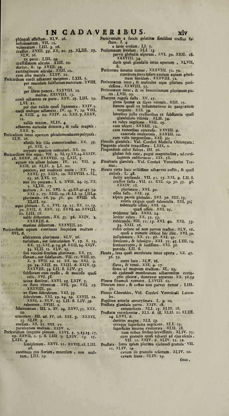 phlogofi affedum • XLV. 16. inflammatum. VII. n. vulneratum. LIII. 3. 26. craffius. XVIII. 34. XX. 20. 45- XLUI. 17. XLV. 16. ex parte. LIII. 29. crafliffimum alicubi. XXII. 10. durius. X. 19. XVIII. 34. cartilagineum alicubi. XXII. 10. cum alba macula. XXXV. 12. Pericardium cordi adhaerere incipiens. LXII. 5* per mucofam fubflavam materiam. XVIII. 25. per fibras paucas. XXXVIII. 22. multas. XXXVIII. 13. cordi adhaerens ex parte. XXV. 15. LIII. 29. LVI. 12. per duo valida quafi ligamenta . XXIV.2. cordi undique adhaerens. IV. 19. V. 19. VIII. 6. XXII. 4. IO. XXIV. u. XXX. 7. XXXV. 12. valide nexum. XLIX. 4. adhaerens auriculae dexterae , & vafis magnis . XXX. 7. Pericadium intus opertum pfeudomembrana polypofa. XLV. id. albidis hic illic concretionibus. XX. 35. 36. XXI. 2. corpore quodam reticulari. XX. 20. Pericardium fine aqua. VII. 2. XI. 13.XX.24.XXXIV. j8. XXXV. 16. XXXVIII. 13. LXII. 5. aquam vix ullam habens. IV. 21. VII. 9. XXII. 16. XLIX. 2. LI. 20. paucam, aut mediocri copia . XX. 53. XXVI. 37. XXIX. 10. XXXVIII. 2. XL. 23. 26. LVI. 17. non ita paucam. I. 2. XVII. 14. 25. XX. 2. XLlU. 17. multam. X. u. XVI. 2. 43.XX.41.47. 39. XXI 2. 17. XXII. 14. 18. LI. 19- LIII.9. plurimam. id. 34. 36. 40. XVIII. 28. XLI1I. 29. aqua plenum. X. 2. XVI. 19. 21. XX. 11.13. 30. XXII. 6. XXV. 13. XXVI. 20. XXVIII. 12. LIII. 18. valde diflentum. XX. 35. 35. XXIV. 2, XXXVIII. 6. maxime diflentum. XXXVIII. 10. Pericardium aquam continens limpidam multam . XVI. d. albicantem plurimam . XLV. 16. turbidam, aut fubturbidam V. 17. X. 13. XX. 33.XXL9. 24.3d.XXII.24. XXIV. 34. XLII. 11. XLV. 23. feri vaccini fimilem plurimam. XX. 37. flavam, aut fubflavam. VII. n. VIII. 27. X. 7. XVII. -io. 21. XX. 20. XXI. 9. 30. 34. XXII. 22. XXIII. d. XXIV. 13. XXXVIII. 34. LII. 8. LIV. 37. fubflavam cum craffis , & raucofis quafi telis. XVI. 38. urinae fimilem. XXVI. $3. LXIV. 3. ex flavo virentem . XVI. ao.y XXL 17. XXXVIII. 30. > ex flavo fubrubram. XXI. 33. fubrubram. XXI. 19. 24. 29. XXVII. 12. XXXI. 2. XLV. 23. LII. 8. LIV. 39. rubentem. XVIII. 2. fubcruentam. III. 2. IV. 24. XXVI.33. XXX. 10. cruentam. III. 2d. IV. 2d. XXI. 3. XXXVI. 23. XLIV. 3. eradam. XI, n. xvi. 17. purulentam multam. XXIV. 2. Pericardium fanguine plenum . XXVI. 3. 7 13 13 17. 19. XXVII.' 2. y. 8. LIII. 7. LXIV. U 13. LXIX. 4. 3 femiplenum. XXVI. 21. XXVII, 28. LIII. 2d. continens pus flavum, mucofum , non mul¬ tum. LUI. 29. Pericranium a fuccis gelatinae fimilibus craffius fa- fium. I. 4. a fanie erofum. LI. 5. Peritonaeum lividum. XLI. 13. parvis globulis afperum. XVI. 30. XXII. 18. XXXVIII. 34. duris quafi glandulis intus opertum , XLVII, 8. Peritonaeo innatus tumor. XXXVIII. 31. 32. continens intra ipfum erofum aquam pluri¬ mam foetidam. XXXVIII. 32. Peritonaeum inter, & mufculos aqua plurima puti- diffima. XXXVIII. 51. Peritonaeum inter, & os Innominatum plurimum pu¬ ris . LVII. 20. Pharynx rugpfa fada. XV. 13. plena fpumae ex flavo virentis. VIII. 23. foetens quafi ex inflammatione in gangraenam vergente. XXI. 29. lateribus jufto craffioribus ex fubftantia quafi glandulofo vifeida . XLII. 34. ex rubra nigricans. VIII. 25. cum ulcere. XXVIII. 12. cum tumoribus cancrofis. XXVIII. 9. cancrofis exulceratis. XXVIII. 10. cum vafis turgentibus. XXI. 30. Pinealis glandula. Vid. Cerebri Medulla Oblongata Pinguedo alicubi tenaciflima . LXIX, 2. Pinguedinis color fufeus. III. 26. globus fub cute, pugni magnitudine, ad carti¬ laginem enfiformem . XIX. 38. Pituitaria glandula. Vid. Cerebri Ventriculus Ter¬ tius. Pleura certo loco ardiffirae adhaerens coftis, & quafi callofa. L. 48. facile avellenda. VII. u. 13. XXI. 9. LII. 8. cralfior fada. VII. 11. XXI. 29. 30. 33. 26. XXXIV. 18. plurimum . XVI. 30. oflea fada. XXI. 19. afpera parvis globulis. XVI. 30. XIX. 13. rubris exiguis quafi tuberculis. XXI. 32; tuberculis ofleis. XXI. 19. quafi ofleis. XXI. 23. evidenter Isela. xxxi. 14. leviter rubra. XX. 31. 33. rubicunda. VII. 11. 13. XVI. 40. XXI. 33. 34. XXII. 16. rofeo colore ad non parvos tradus. XLV. id. quafi a minutis idibus hic illic. XVI.30. inflammata . XX. 33. 35. XXI. 45. livefcens, & fubnigra. XXI. 3^. 43. LIII. 14. femicorrupta, & laxiflima. XXI. 36. putrida. LII. 8. Pleura, laxa quafi membrana intus operta . XX. 47. 5d. 59. certo loco . XLV. id. flava, & tenui. XXI. 9. 17. firma ad magnum tradum. XL. 23^ ob ejufmodi membranam adhaerentem corru¬ ptio pleurae, dumtaxat apparens. XX. 56.59 Pleurae ftrumofi tumores. LXVIII. 12. Pleuram inter , & coftas non parvus tumor . LIII. 32. Plexus Choroides. Vid. Cerebri Ventriculi Latera¬ les. Poplites arteris aneuryfmata. L. 9. 10. Proflata glandula parva. XXIV. 18. extumefeens. XLI. 13. XLIX. 18. Proftats excrefcentis . XLI. d. 18. XLII. n.XLIII. 24. LXVI. 6. durities magna. XLI. 13. utraque fuperficies nigricans. XLI. 13. fuperficies interna exulcerata . XLII. 28. cum tribus finibus breviflimis. XLIV. 13. cum granulis quafi tabacci ad ejus ofcula . VII. II. XXIV. 6. XLIV. 21. 22. Proflata. Intra ipfam plurima ejufmodi granula * VII. n. XLIV. 19. cavum iis granulis refertum. XLIV. 20. cavum inane. XLIV. 19. finus,