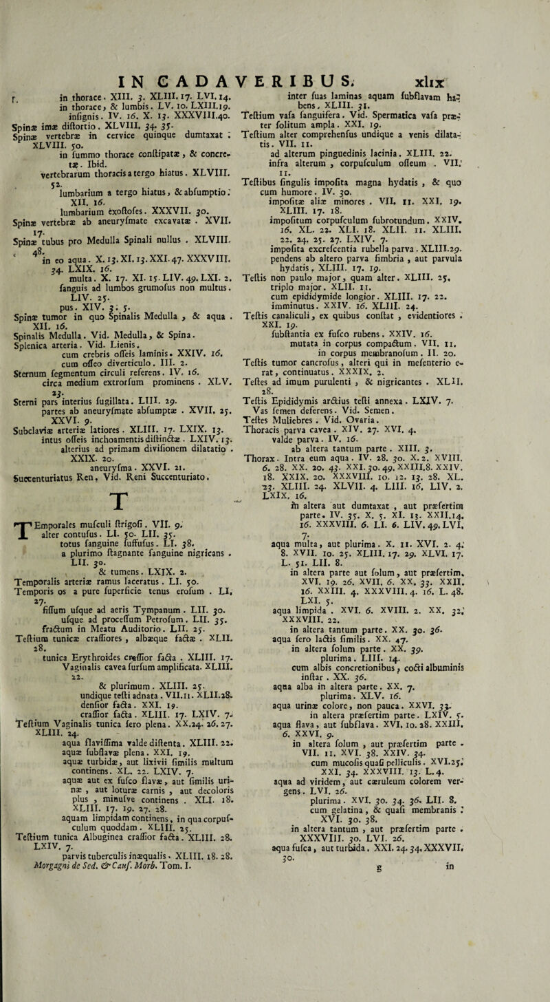 f_ in thorace. XIII. 3. XLIII. 17. LVI. 14. in thorace» & lumbis. LV. 10. LXIII.19, infignis. IV. i<5. X. 13• XXXVIII.40. Spinae imae diftortio. XLVIII. 54. 35. Spin^ vertebras in cervice quinque dumtaxat ; XLVIII. 50. in fummo thorace conllipatae, & concre¬ tae . Ibid. vertebrarum thoracis a tergo hiatus. XLVIII. 52. lumbarium a tergo hiatus, &abfumptio: XII. 16. lumbarium exoftofes. XXXVII. 30. Spinae vertebrae ab aneuryfmate excavatae . XVII. 17. Spinae tubus pro Medulla Spinali nullus . XLVIII. in eo aqua. X. 13.XI. 15.XXI.47* XXXVIII. ?4. LXIX. 16. multa. X. 17. XI. 15. LIV. 49. LXI. 2. fanguis ad lumbos grumofus non multus. LIV. 2j. pus. XIV. 3: $. Spinae tumor in quo Spinalis Medulla , & aqua . XII. 16. Spinalis Medulla. Vid. Medulla, & Spina. Splenica arteria. Vid. Lienis. cum crebris olTeis laminis. XXIV. 16. cum ofleo diverticulo. III. 2. Sternum fegmentum circuli referens. IV, 16. circa medium extrorfum prominens . XLV. 23- Sterni pars interius fugillata. LIII. 29. partes ab aneuryfmate abfumptae . XVII. 25. XXVI. 9. Subclaviae arteriae latiores. XLIII. 17. LXIX. 13. intus odeis inchoamentisdiftindae. LXIV. 13. alterius ad primam divifionem dilatatio . XXIX. 20. aneuryfma. XXVI. 2t. Succenturiatus Ren. Vid. Reni Succenturiato. T TEmporales mufculi ftrigofi. VII. 9. alter contufus. LI. 50. LII. 35. totus fanguine fuffufus. LI. 38. a plurimo ftagnante fanguine nigricans . LH. 30. & tumens. LXIX. 2. Temporalis arteriae ramus laceratus. LI. 50. Temporis os a pure fuperficie tenus erofum . LI, *7- fidum ufque ad aeris Tympanum . LII. 30. ufque ad procedum Petrofum. LII. 33. fradum in Meatu Auditorio. LII. 25. Teftiuna tunicae cralfiores , albaeque fadae . XLII. 28. tunica Erythroides cpaflior fada . XLIII. 17. Vaginalis cavea furfum amplificata. XLIII. 22. & plurimum. XLIII. 23. undique tetti adnata . VII.11. XLII.28-. denfior fada. XXI. 19. craflior fada. XLIII. 17. LXIV. jj Teftium Vaginalis tunica fero plena. XX.24. 26.27. XLIII. 24. aqua flaviffima valde diftenta. XLIII. 22. aquae fubflavae plena. XXI. 19. aquae turbidae, aut lixivii fimilis multum continens. XL. 22. LXIV. 7. aquae aut ex fufco flavae, aut fimilis uri¬ nae , aut loturae carnis , aut decoloris plus , minufve continens . XLI. 18. XLIII. 17. 19. 27. 28. aquam limpidam continens, inquacorpuf- culum quoddam. XLIII. 25. Teftium tunica Albuginea craflior fada. XLIII. 28. LXIV. 7. parvis tuberculis inaequalis. XLIII. 18.28. Morgagni de Sed. &Canf. Morb. Tom. I. inter fuas laminas aquam fubflavam ha^ bens, XLIII. 31. Teftium vafa fanguifera. Vid. Spermatica vafa praer' ter folitum ampla. XXI. 19. Teftium alter comprehenfus undique a venis dilata¬ tis. VII. 11. ad alterum pinguedinis lacinia. XLIII. 22. infra alterum , corpufculum odeum . VII; 11. Teftibus lingulis impofita magna hydatis , & quo cum humore. IV. 30. impolitae aliae minores . VII, u. XXI. 19. XLIII. 17. 18. impolitum corpufculum fubrotundum. XXIV. 16. XL. 22. XLI. 18. XLII. 11. XLIII, 22. 24. 25. 27. LXIV. 7. impofita excrefcentia rubella parva . XLIII.29. pendens ab altero parva fimbria , aut parvula hydatis, XLIII. 17. 19. Teftis non paulo major, quam alter. XLIII. 25, triplo major. XLII. 11. cum epididymide longior. XLIII. 17. 22. imminutus. XXIV. 16. XLIII. 24. Teftis canaliculi, ex quibus conftat , evidentiores . XXI. 19. fubftantia ex fufco rubens. XXIV. 16. mutata in corpus compadum. VII. u, in corpus meaabranofum. II. 20. Teftis tumor cancrofus, alteri qui in mefenterio e- rat, continuatus. XXXIX. 2. Teftes ad imum purulenti , & nigricantes . XLII. 28. Teftis Epididymis ardius tefti annexa. LXIV. 7, Vas femen deferens. Vid. Semen. Teftes Muliebres. Vid. Ovaria. Thoracis parva cavea . XIV. 27. XVI. 4. valde parva. IV. 16. ab altera tantum parte . XIII. 3. Thorax. Intra eum aqua. IV. 28. 30. X.2. XVIII. 6. 28. XX. 20. 43. XXI. 30. 49. XXIII.8. XXIV. 18. XXIX. 20. XXXVIII. 10. 12. 13. 28. XL. 23. XLIII. 24. XLVII. 4. LIII. 16, LIV. 2. LXIX. 16. in altera aut dumtaxat , aut praefertim parte. IV. 35-. X. 3. XI. 13. XXII.14. 16. XXXVIII. 6. LI. 6. LIV. 49. LVI, 7- aqua multa, aut plurima. X. 11. XVI. 2. 4; 8. XVII. 10. 25. XLIII. 17. 29. XLVI. 17. L. 51. LII. 8. in altera parte aut folum, aut praefertim» XVI. 19. 26. XVII. 6. XX. 33. XXII. 16. XXIII. 4. XXXVIII. 4. 16. L. 48. LXI. 5. aqua limpida . XVI. 6. XVIII. 2. XX. 32,’ XXXVIII. 22. in altera tantum parte. XX. 30. 36. aqua fero ladis fimilis. XX. 47. in altera folum parte. XX. 39. plurima. LIII. 14. cum albis concretionibus, codi albuminis inftar . XX. 36. aqua alba in altera parte. XX. <7. plurima. XLV. 16. aqua urinae colore, non pauca. XXVI. 33. in altera praefertim parte. LXIV. <3. aqua flava, aut fubflava. XVI, 10.28. XXIII. 6. XXVI. 9. in altera folum , aut praefertim parte - VII. II. XVI. 38. XXIV. 34. cum mucofis quaG pelliculis. XVI.25.’ XXI. 34. XXXVIII. 13. L.4. aqua ad viridem, aut caeruleum colorem ver¬ gens . LVI. 26. plurima. XVI. 30. 34. 36, LII. 8. cum gelatina, & quali membranis XVI. 30. 38. in altera tantum , aut praefertim parte . XXXVIII. 30. LVI. 26. aquafufca, aut turbida. XXI. 24.34,XXXVII» 3°’ . . g m 1