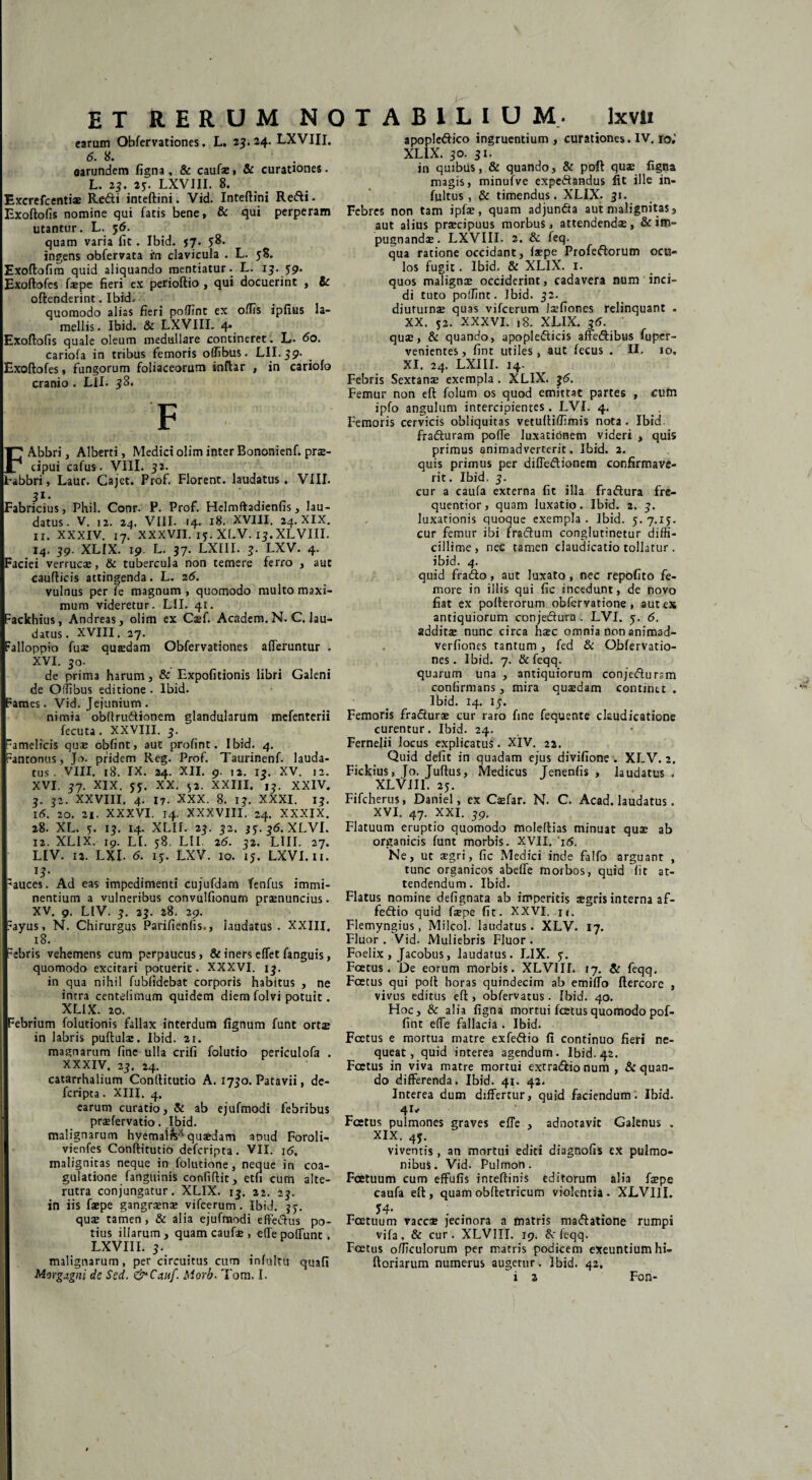 carum Obfervationes. L. 23. 24. LXVIII. 6. 8. . aarundem figna, & caute, & curationes. L. 23. 25. LXVIII. 8. Excrcfccntiae Redi inteftini. Vid. Inteftini Redi. Exoftofis nomine qui fatis bene, & qui perperam utantur. L. 36. quam varia Iit. Ibid. 57. 58. ingens obfervata in clavicula . L. 58. Exoftofim quid aliquando mentiatur. L. 13. 59. Exoftofes tepe fieri ex perioftio , qui docuerint , & oftenderint. Ibid. quomodo alias fieri poffint ex offis ipfius la¬ mellis. Ibid. & LXVIII. 4» Exoftofis quale oleum medullare contineret. L* 60. cariofa in tribus femoris offibus. LII. 39. Exoftofes, fungorum foliaceorum inftar , in cariofo cranio . LII. 38. F - T^Abbri, Alberti, Medici olim inter Bononienf. prae- J/ cipui cafus. VIII. 32. Fabbri, Laur. Cajet. Prof. Florent, laudatus. VIII. 31. Fabricius, Phil. Conr. P. Prof. Hclmftadienfis, lau¬ datus. V. u. 24. VIII. 14. 18. XVIII. 24. XIX. ir. XXXIV. 17. XXXVII. 1y.XLV.i3.XLVIII. 14. 39. XLIX. 19. L. 37. LXIII. 3. LXV. 4. Faciei verrucae, & tubercula non temere ferro , auc caufticis attingenda. L. 26. vulnus per fe magnum , quomodo multo maxi¬ mum videretur. LII, 41. Fackhius, Andreas, olim ex Ctef. Academ. N. C. lau¬ datus . XVIII. 27. Falloppio fuae quaedam Obfervationes afferuntur . XVI. 30. de prima harum, & Expolitionis libri Galeni de Offibus editione . Ibid. Fames. Vid. Jejunium. nimia obftrudionem glandularum mefenterii fecuta. XXVIII. 3. :amelicis quae obfint, aut profint. Ibid. 4. Fantomts, Jo. pridem Reg. Prof. Taurinenf. lauda¬ tus. VIII. 18. IX. 24. XII. 9. t2. 13. XV. 12. XVI. 37. XIX. 55. XX. 32. XXIII. 13. XXIV. 3. 32. XXVIII. 4. 17. XXX. 8. 13. XXXI. 13. 16. 20. 21. XXXVI. 14. XXXVIII. 24. XXXIX. 28. XL. 3. 13. 14. XLII. 23. 32. j?. 36. XLVI. 12, XLIX. 19. LI. 58. LII. 2(5. 32. LIII. 27. LIV. 12. LXI. 6. 15. LXV. 10. 15. LXVI. ii. H- 'auces. Ad eas impedimenti cujufdam fenfus immi¬ nentium a vulneribus convulfionum praenuncius. XV. 9. LIV. 3. 23. 28. 29. Fayus, N. Chirurgus Parifienlis., laudatus . XXIII. 18. Febris vehemens cum perpaucus, & iners effet fanguis, quomodo excitari potuerit. XXXVI. 13. in qua nihil fubfidebat corporis habitus , ne intra centefimum quidem diem folvi potuit. XLIX. 20. Febrium folutionis fallax interdum lignum funt ortte in labris puftute. Ibid. 21. magnarum fine ulla crifi folutio periculofa . XXXIV. 23. 24. catarrhalium Conftitutio A. 1730. Patavii, de- fcripta. XIII. 4. earum curatio, St ab ejufmodi febribus praefervatio. Ibid. malignarum hyemal&A quaedam apud Foroli- vienfes Conftitutio defcripta. VII. i<5, malignitas neque in folutione, neque in coa¬ gulatione fanguinis confiftit, etfi cum alte¬ rutra conjungatur. XLIX. 13. 22. 23. in iis tepe gangraenae vifcerum. Ibid. 35-. quae tamen, & alia ejufmodi effe&us po¬ tius illarum , quam caute , effepoffunc . LXVIII. 3. malignarum, per circuitus cum infulru quafi Morgagni de Sed. tyCauf. Morb. Tom. I. apoplcftico ingruentium, curationes. IV. 10,' XLIX. 30. 31. in quibus, & quando, & poft quae figna magis, minufve expe&andus fit ille in- fultus , & timendus. XLIX. 31. Febres non tam ipte, quam adjundta aut malignitas, aut alius praecipuus morbus, attendendae, &im= pugnandae. LXVIII. 2. & feq. qua ratione occidant, tepe Profeftorum ocu¬ los fugit. Ibid. & XLIX. I. quos malignae occiderint, cadavera num inci¬ di tuto poffint. Ibid. 32. diuturnae quas vifcerum tefiones relinquant . XX. 52. XXXVI. 18. XLIX. 36. quae, & quando, apoplefticis affe<ftibus fuper- venientes, fint utiles, aut fecus . II. 10, XI. 24. LXIII. 14. Febris Sextanae exempla . XLIX. 36. Femur non eft folum os quod emittat partes , cum ipfo angulum intercipientes . LVI. 4. Femoris cervicis obliquitas vetuftiffimis nota. Ibid. fradturam poffe luxationem videri , quis primus animadverterit. Ibid. 2. quis primus per diffedionetn confirmave¬ rit. Ibid. 3. cur a caufa externa fit illa fra&ura fre- quentior, quam luxatio. Ibid. 2. 3. luxationis quoque exempla . Ibid. 5. 7.15. cur femur ibi fraclum conglutinetur diffi¬ cillime, nec tamen claudicatio tollatur . ibid. 4. quid fraSo , aut luxato , nec repofito fe¬ more in illis qui fic incedunt, de novo fiat ex polterorum obfervatione, aut ex antiquiorum conjedurn . LVI. 5. 6. additae nunc circa htec omnia non animad- verfiones tantum , fed & Obfervatio¬ nes. Ibid. 7. &feqq. quarum una , antiquiorum conjedursm confirmans, mira quaedam continet . Ibid. 14. ij. Femoris fracturae cur raro fine fequente claudicatione curentur. Ibid. 24. Fernelii locus explicatus. XIV. 22. Quid defit in quadam ejus divifione . XLV. 2. Fickius, Jo. Juftus, Medicus Jenenfis , laudatus. XLVIII. 25. Fifcherus, Daniel, ex Caefar. N. C. Acad. laudatus. XVI. 47. XXI. 39. Flatuum eruptio quomodo moleftias minuat quae ab organicis funt morbis. XVII. '16. Ne, ut aegri, fic Medici inde falfo arguant , tunc organicos abeffe morbos, quid fit at¬ tendendum. Ibid. Flatus nomine defignata ab imperitis aegris interna af- fe&io quid tepe fit. XXVI. n. Flemyngius, Milcol. laudatus. XLV. 17. Fluor. Vid. Muliebris Fluor. Foelix , Jacobus, laudatus. LIX. 5. Foetus. De eorum morbis. XLVIII. ij. & feqq. Foetus qui poft horas quindecim ab emiffo ftercore , vivus editus eft , obfervatus. Ibid. 40. Hoc, &c alia figna mortui fcetusquomodo pof¬ fint effe fallacia . Ibid. Foetus e mortua matre exfeftio fi continuo fieri ne¬ queat, quid interea agendum. Ibid. 42. Foetus in viva matre mortui extraflionum , & quan¬ do differenda. Ibid. 41. 42. Interea dum differtur, quid faciendum. Ibid. 4^v Festus pulmones graves effe , adnotavit Galenus . XIX. 45. viventis, an mortui editi diagnofis ex pulmo¬ nibus. Vid. Pulmon. Fcetuum cum effufis inteftinis editorum alia tepe caufa eft, quamobftetricum violentia. XLVIII. H- ; Fcetuum vaccae jecinora a matris ma&atione rumpi vifa, & cur. XLVIII. 19. & feqq. Foetus officulorum per matris podicem exeuntium hi- ftoriarum numerus augetur. Ibid. 42. i 2 Foh-