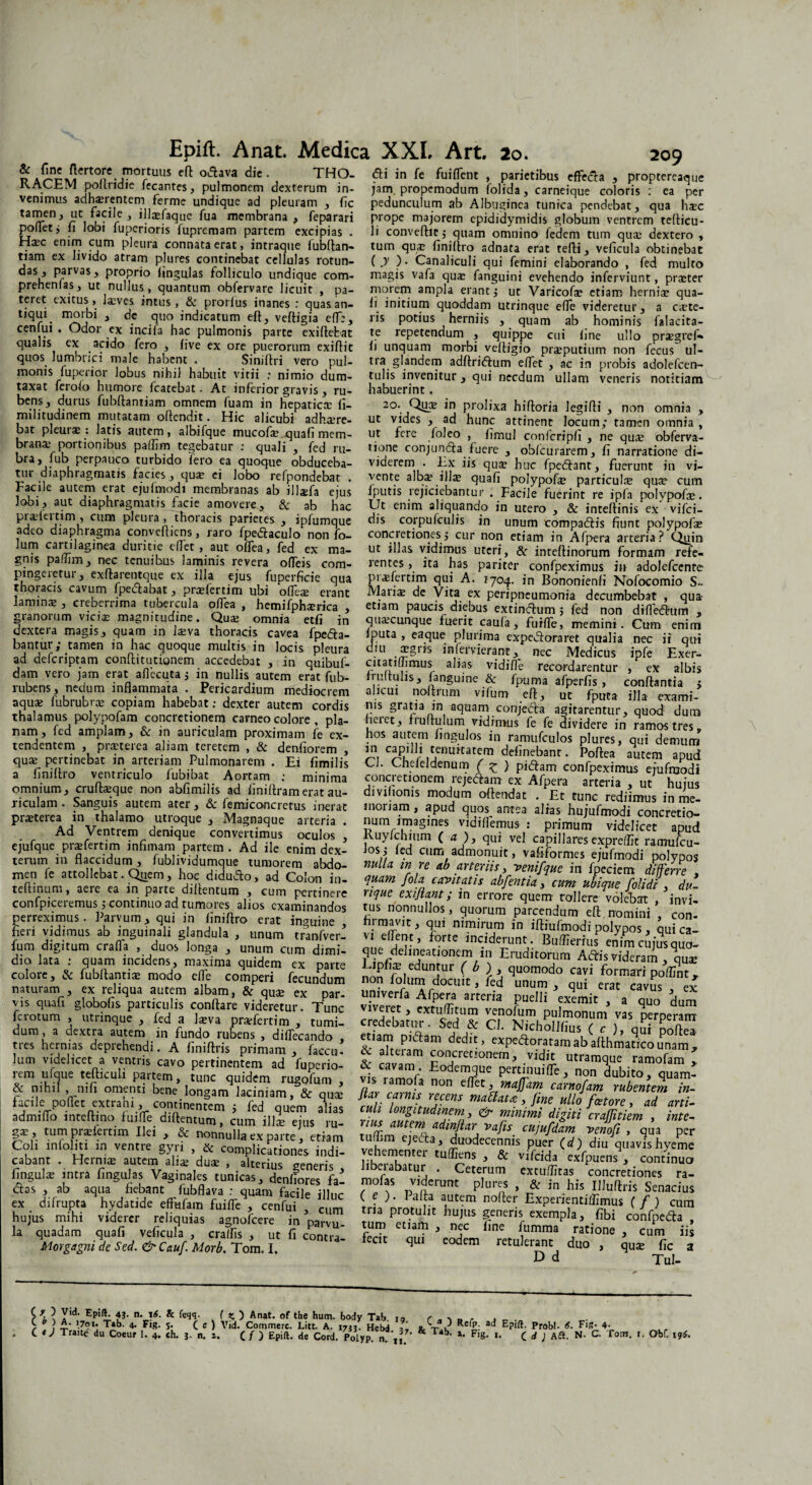 Sc fine ftertore mortuus eft odfava die. THO- RACEM pollridie fecantes, pulmonem dexterum in¬ venimus adhaerentem ferme undique ad pleuram , fic tamen, ut facile , illasfaque fua membrana, feparari pollet j fi lobi fuperioris iupremam partem excipias . Hxc enim cum pleura connata erat, intraque fubftan- tiam ex livido atram plures continebat cellulas rotun¬ das, parvas, proprio lingulas folliculo undique com- prehenfas, ut nullus , quantum obfervare licuit , pa¬ teret exitus, laeves intus, prorlus inanes .■ quas an¬ tiqui morbi , dc quo indicatum eft, veftigia elTe, cenfui . Odor ex incila hac pulmonis parte exiftebat qualis ex acido fero , live ex ore puerorum exiftit quos lumbrici male habent . Siniftri vero pul¬ monis fuperior lobus nihil habuit vitii : nimio dum¬ taxat ferolo humore fcatebat. At inferior gravis, ru¬ bens, durus fubftantiam omnem fuam in hepaticae II- militudinem mutatam oftendit. Hic alicubi adhaere¬ bat pleui2 : latis autem, albifque mucofae quafi mem¬ brana' portionibus paffim tegebatur : quali , fed ru¬ bra, fub perpauco turbido fero ea quoque obduceba¬ tur diaphragmatis facies, quae ei lobo refpondebat . Facile autem erat ejufmodi membranas ab illsfa ejus lobi, aut diaphragmatis facie amovere, 8c ab hac praeieitim , cum pleura , thoracis parietes , ipfumque adeo diaphragma conveftiens, raro fpe&aculo nonfo- lum cartilaginea duritie edet, aut odea, fed ex ma¬ gnis paffim, nec tenuibus laminis revera odeis com¬ pingeretur, exftarentque ex illa ejus fuperficie qua thoracis cavum fpedfabat, preelertim ubi offeee erant laminae , creberrima tubercula odea , hemifphserica granorum viciae magnitudine. Qua: omnia etfi in dextera magis, quam in iaeva thoracis cavea {peda¬ bantur; tamen in hac quoque multis in locis pleura ad deferiptam conftitutionem accedebat , in quibuf- dam vero jam erat afiecuta j in nullis autem erat fub- rubens, nedum inflammata . Pericardium mediocrem 209 di in fe fuiflent , parietibus effedfa , proptereaque jam propemodum folida, carneique coloris : ea per pedunculum ab Albuginea tunica pendebat, qua hxc prope majorem epididymidis globum ventrem tefticu- li conveftitj quam omnino fedem tum quae dextero , tum qua: finiftro adnata erat tefti, vellcula obtinebat ( y )• Canaliculi qui femini elaborando , fed multo magis vafa qua: fanguini evehendo inferviunt, praeter morem ampla erant,* ut Varicofa? etiam herniae qua¬ li initium quoddam utrinque efle videretur, a caete- ris potius herniis , quam ab hominis falacita- te repetendum , quippe cui fine ullo praegref» fi unquam morbi veftigio preputium non fecus ul¬ tra glandem adftridhim effiet , ac in probis adolefcen- tulis invenitur, qui necdum ullam veneris notitiam habuerint. 2°. Quae in prolixa hiftoria legifti , non omnia , ut vides , ad hunc attinent locum; tamen omnia , ut fere Iolco , fimul confcripfi , ne qua: obferva- tione conjunda fuere , obfcurarem, fi narratione di¬ viderem . Ex iis quse huc fpedfant, fuerunt in vi¬ vente alba: ill;E quafi polypofa: particula quee cum fputis rejiciebantur . Facile fuerint re i pia polypofa:. Ut enim aliquando in utero , & inteftinis ex vifei- dis corpufculis in unum compadis fiunt polypofae concretiones; cur non etiam in Af{>era arteria? Qiiin ut illas vidimus uteri, &• inreftinorum formam refe¬ rentes , ita has pariter confpeximus in adolefcente praefertim qui A. 1704. in Bononienfi Nofocomio S~ Mariae de Vita ex peripneumonia decumbebat , qua etiam paucis diebus extindum ; fed non difledum , quaecunque fuerit caula, fuiffie, memini. Cum enim Iputa , eaque plurima expedoraret qualia nec ii qui . 1 infervierant, nec Medicus ipfe Exer- citatiffimus alias vidiffie recordarentur , ex albis rriutulis, fanguine & fpuma afperfis , conftantia ; alicui noftrum vilum eft, ut fpura illa exami- ri 1 . 1 , ,-,-vjium eit y ut fDirta fla exami aqu* fubrubra cop.am habebat: dexter autem cordis nis gratia in aquam conjefta agitarentur, quod dum tha amus no vnofam rnnrrermnpm farncncoloe» ’ r r 5. . . . 3 Huou nutu thalamus polypofam concretionem carneo colore, pia nam, fed amplam, & in auriculam proximam fe ex¬ tendentem , praeterea aliam teretem , & denfiorem , qua: pertinebat in arteriam Pulmonarem . Ei fimilis a finiftro ventriculo lubibat Aortam ; minima omnium, cruftaeque non abfimilis ad finiftramerat au¬ riculam . Sanguis autem ater, & femiconcretus inerat praeterea in thalamo utroque , Magnaque arteria . Ad Ventrem denique convertimus oculos . r n 1 J-u5u«uiuu , UUUU UUlt fieiet, fruftulum vtdrmus fe fe dividere in ramos tres» hos autem fiugulos in ramufculos plures, qui demum C^Pl’ r ijenu“atem definebant. Poftea autem apud Cl. Cheleldenurn ( ^ ) pidam confpeximus ejufmodi concretionem rejedam ex Afpera arteria , ut hujus divifioms modum offendat . Et tunc rediimus in me¬ moriam , apud quos antea alias hujufmodi concretio- num imagines vidiflemus : primum videlicet apud Kuyichmm ( a ), qui vel capillares expreffit ramufeu- nc .• i Pri rnrr _/' r ‘ r t. ejufque pratfertim infimam partem . Ad ile enim dex- losi fed cum terutnm flaccidum, fubltvtdumoue tumorem abdo- mlla in re „b arteriis, renifaue in fpec men fe attollebat. Oiiem, hoc d.dufto, ad Colon in. quam fila cavitatis abfintia, cum El rdidf du tefimimi, aere ea in parte d.llentum , cum pertinere rique exiflant; in errore quem tollere ™1& ’in, ' confp.ceremus j continuo ad tumores al.os examinandos tus nonnullos, quorum parcendum eft nomini ’ c„„ perreximus. Parvum, qui in finiftro erat inauine firmavit nui j- i’ fon‘ fieri vidimus ab inguinali glandula , unum tranfver- vi eflent* forte incidemnr P0^y.P0S j .qui ca- fum digitum craila , duos^longa /unum cumS. que^^delineationem^ fa*fraditomm AftisWd^irqU0' eoiore, * uibitantiae modo efie coipe ” «SfciSfcftt 1“ S* cofc fidS„,eX TPuanc Vitlf muffituTven uo ’dum fetotum utrinque , fed a l*va prXlimV SKtd& ^3^ dum a dextra autem m fundo rubens , diffircando , etiam piftam dedit, exDeaoratam V.ftk ’ ? P°!lcl tres hermas deprehendi. A finitas primam, faccu- & alteram concretionem,^ vidh unaloue ramT3”’ lum videlicet a ventris cavo pertinentem ad fuperio- & cavam. Eodemque peninuiffe nnnTkit ^ ’ rJr: t !:zf*non facile pqilet extrahi, continentem ; fed quem alas culi ImgitZZZZ&ZininiZdd fcrMf' •?' ru'r- >7^ X diftupta hydatide effufam fuiiTe “Venfui ij h ^ * fKm nMcr Bxpaiauitomt t/) cum mius mihi viderer reliquias agnofeere m»»“. “J“s |eerls «empia, fibi confpefla , hujus mihi viderer reliquias agnofeere m parvu¬ la quadam quafi veficula , cra/fis , ut fi contra- Morgagni de Sed. & Cauf. Morb. Tom. I. tum etiam fecit qui , nec fine fumma eodem ratione , cum iis retulerant duo , qua: fic a D d Tul- £ \ \ Y,d- 4J- n. I(f. & feqq. ( K ) Anat. of the hum. body Tab io r , . „ . ; * ? A* '7°1', T*b- 4. Fig. 5. ( e ) Vid. Commere. Litt. A. 1733. Hebd , s, V ? Re|P: ad Probi. 6. Fig- 4-