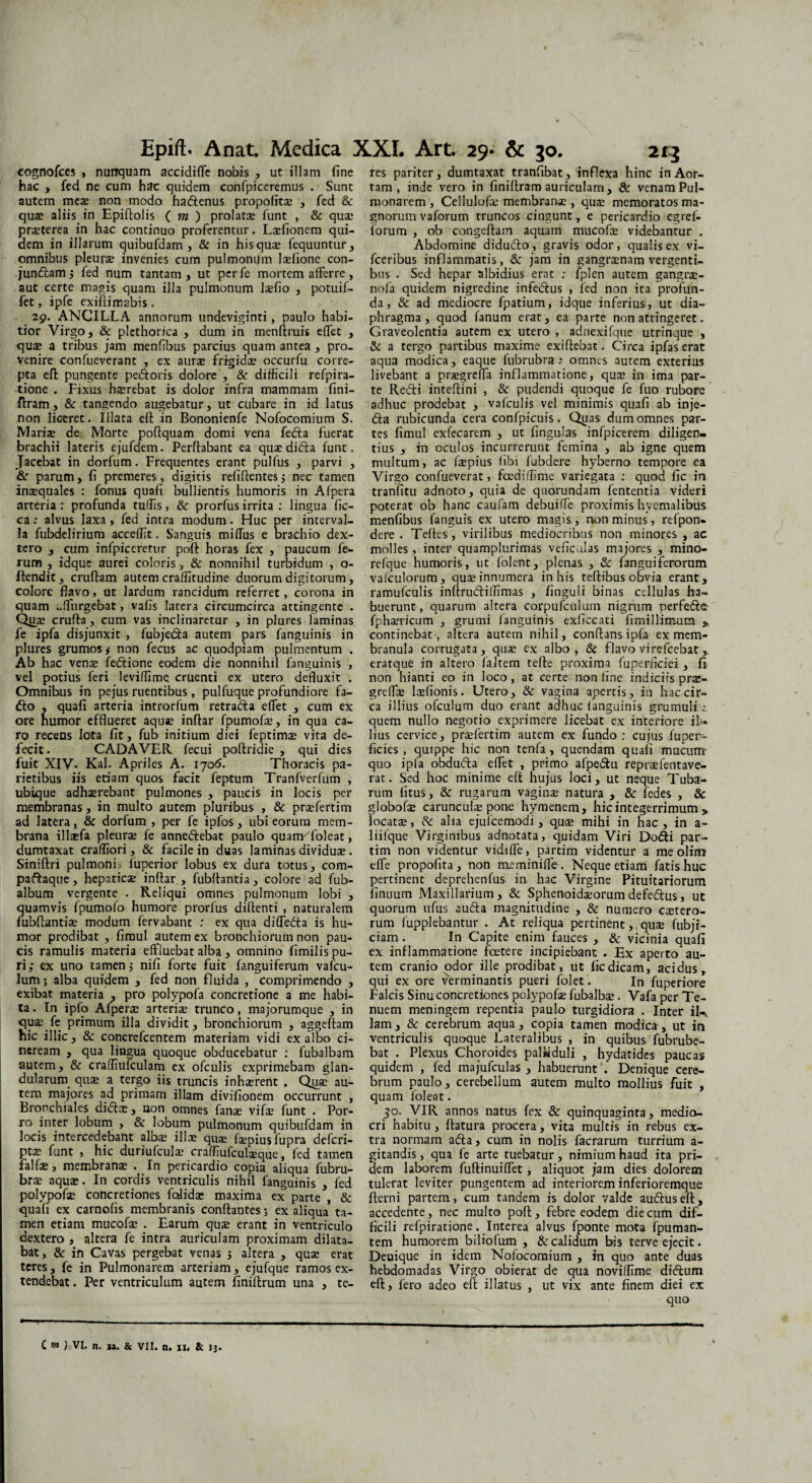 eognofces , nurrquam accidiffe nobis , ut illam fine hac , fed ne cum hac quidem confpiceremus . Sunt autem mea; non modo hadenus propofit* , fed & quae aliis in Epiflolis ( m ) prolatae funt , & quae praeterea in hac continuo proferentur. Laefionem qui¬ dem in illarum quibufdam, & in his quae fequuntur, omnibus pleurae invenies cum pulmonum laefione con- jundam $ fed num tantam , ut per fe mortem afferre , aut certe magis quam illa pulmonum laefio , potuif- fet, ipfe exiftimabis. 29. ANCILLA annorum undeviginti, paulo habi¬ tior Virgo, & plcthorica , dum in menftruis effet , quae a tribus jam menfibus parcius quam antea , pro¬ venire confueverant , ex aurae frigidae occurfu corre¬ pta eft pungente pedoris dolore , & difficili refpira- tione , Fixus haerebat is dolor infra mammam fini- flram, & tangendo augebatur, ut cubare in id latus non liceret. Illata eff in Bononienfe Nofocomium S. Mari* de Morte poftquam domi vena feda fuerat brachii lateris ejufdem. Perflabant ea quae dida funt. Jacebat in dorfum. Frequentes erant pulfus , parvi , & parum , fi premeres, digitis refiffentes; nec tamen inaequales : fonus quali bullientis humoris in Afpera arteria: profunda tuffis, & prorfus irrita : lingua fic- ca: alvus laxa , fed intra modum. Huc per interval¬ la fubdelirium acceffit. Sanguis miffus e Drachio dex- tero , cum infpiceretur poft horas fex , paucum fe¬ rum , idque aurei coloris, & nonnihil turbidum , o- flendit, cruftam autem cra/iitudine duorum digitorum, colore flavo, ut lardum rancidum referret, corona in quam uflurgebat, vafis larera circumcirca attingente . Qu* crufta , cum vas inclinaretur , in plures laminas fe ipfa disjunxit , fubjeda autem pars fanguinis in plures grumos * non fecus ac quodpiam pulmentum . Ab hac venae fedione eodem die nonnihil fanguinis , vel potius feri levifflme cruenti ex utero defluxit . Omnibus in pejus ruentibus, pulfuque profundiore fa- do , quafi arteria introrfum retrada effet , cum ex ore humor efflueret aqu* inflar fpumof*, in qua ca¬ ro recens lota fit, fub initium diei feptimae vita de¬ fecit. CADAVER fecui pollridie , qui dies fuit XIV- Kal. Apriles A. 1706. Thoracis pa¬ rietibus iis etiam quos facit feptum Tranfverfum , ubique adhaerebant pulmones , paucis in locis per membranas, in multo autem pluribus , & prsefertim ad latera, & dorfum , per fe ipfos, ubi eorum mem¬ brana illsefa pleurae fe annedebat paulo quamdoleat, dumtaxat craffiori, & facile in duas laminas dividu*. Siniftri pulmonis luperior lobus ex dura totus, com- paftaque, hepaticae inffar , fubffantia, colore ad fub- album vergente . Reliqui omnes pulmonum lobi , quamvis fpumolo humore prorfus diftenti , naturalem fubftanti* modum fervabant : ex qua di (fed a is hu¬ mor prodibat , firaul autem ex bronchiorum non pau¬ cis ramulis materia effluebat alba , omnino fimilis pu¬ ri ; ex uno tamen 3 nifi forte fuit fanguiferum vafcu- lum; alba quidem , fed non fluida , comprimendo , exibat materia , pro polypofa concretione a me habi¬ ta . In ipfo Afper* arteriae trunco, majorumque , in quae fe primum illa dividit, bronchiorum , aggeftam hic illic , & concrefcentem materiam vidi ex albo ci¬ neream , qua lingua quoque obducebatur ; fubalbam autem, & crafliufculam ex ofculis exprimebam glan- dularurn qu* a tergo iis truncis inhaerent . Quae au¬ tem majores ad primam illam divifionem occurrunt , Bronchiales didae, non omnes fanae vifae funt . Por¬ ro inter lobum , & lobum pulmonum quibufdam in locis intercedebant alb* ili* qu* ffepiusfupra defcri- pt* funt , hic duriufcul* craffiufcul*que, fed tamen falf* , membran* . In pericardio copia aliqua fubru- br$ aqu*. In cordis ventriculis nihil fanguinis , fed polypof* concretiones fcflid* maxima ex parte , & quafi ex carnofis membranis conflantes; ex aliqua ta¬ men etiam mucof* . Earum qu* erant in ventriculo dextero , altera fe intra auriculam proximam dilata¬ bat, & in Cavas pergebat venas j altera , qu* erat teres, fe in Pulmonarem arteriam, ejufque ramos ex¬ tendebat . Per ventriculum autem finiflrum una , te¬ res pariter, dumtaxat tranfibat, inflexa hinc in Aor¬ tam , inde vero in finiffram auriculam, & venam Pul¬ monarem , Cellulof* membran* , qu* memoratos ma¬ gnorum vaforum truncos cingunt, e pericardio egref- iorum , ob congeftam aquam mucof* videbantur . Abdomine didudo, gravis odor, qualis ex vi- fceribus inflammatis, & jam in gangr*nam vergenti¬ bus . Sed hepar albidius erat ; fplen autem gangr*- nofa quidem nigredine infedus , fed non ita profun¬ da, & ad mediocre fpatium, idque inferius, ut dia¬ phragma, quod fanum erat, ea parte non attingeret. Graveolentia autem ex utero , adnexifque utrinque , & a tergo partibus maxime exi flebat. Circa ipfaserat aqua modica, eaque fubrubra: omnes autem exterius livebant a pr*grefla inflammatione, qu* in ima par¬ te Redi inteflini , & pudendi quoque fe fuo rubore adhuc prodebat , vafculis vel minimis quafi ab inje- da rubicunda cera confpicuis. Quas dum omnes par¬ tes fimul exfecarem , ut fingulas infpicerem diligen¬ tius , in oculos incurrerunt femina , ab igne quem multum, ac f*pius fibi fubdere hyberno tempore ea Virgo confueverat, fcedidime variegata : quod fic in tranfitu adnoto, quia de quorundam fententia videri poterat ob hanc caufam debuiffe proximis hycmalibus menfibus fanguis ex utero magis, non minus, refpon» dere . Teftes, virilibus mediocribus non minores , ac molles , inter quamplurimas veficulas majores , mino- refque humoris, ut folent, plenas , & fanguiferorum valculorum, qu* innumera in his teflibus obvia erant, ramufculis infirudiilimas , finguli binas cellulas ha¬ buerunt, quarum altera corpufculum nigrum perfede fph*ricum , grumi fanguinis exficcati firnillimum > continebat , altera autem nihil, conflans ipfa ex mem¬ branula corrugata, qu* ex albo, & flavo vi refeebat eratque in altero faltem tefle proxima fuperheiei , fi non hianti eo in loco, at certe non fine indiciis pr*- grefl* l*fionis. Utero, & vagina apertis, in hac cir¬ ca illius ofculum duo erant adhuc fanguinis grumuli i quem nullo negotio exprimere licebat ex interiore if» lius cervice, pr*fertim autem ex fundo: cujus fuper- ficies , quippe hic non tenfa , quendam quafi mucum' quo ipfa obduda effet , primo afpedu repr*fentave- rat. Sed hoc minime eft hujus loci, ut neque Tuba¬ rum fitus, & rugarum vagin* natura , & fedes , & globof* caruncul* pone hymenem, hic integerrimum > locat*, <'k alia ejufcemodi, qu* mihi in hac, in a- liifque Virginibus adnotata, quidam Viri Dodi par- tim non videntur vidiffe, partim videntur a me olim e fle propofita, non meminiffe. Neque etiam fatis huc pertinent deprehenfus in hac Virgine Pituitariorum finuum Maxillarium, & Sphenoid*orum defedus, ut quorum ufus auda magnitudine , & numero c*tero- rum fupplebantur . At reliqua pertinent,, qu* fubji- ciam . In Capite enim fauces , & vicinia quafi ex inflammatione foetere incipiebant . Ex aperto au¬ tem cranio odor ille prodibat, ut fic dicam, acidus, qui ex ore verminantis pueri folet. In fuperiore Falcis Sinu concretiones polypof* fubalb*. Vafa per Te¬ nuem meningem repentia paulo turgidiora . Inter il-. lam, & cerebrum aqua, copia tamen modica, ut in ventriculis quoque Lateralibus , in quibus fubrube- bat . Plexus Choroides palliduli , hydatides paucas quidem , fed majufculas , habuerunt . Denique cere¬ brum paulo, cerebellum autem multo mollius fuit , quam foleat. 30. VIR annos natus fex & quinquaginta, medio¬ cri habitu, flatura procera, vita multis in rebus ex¬ tra normam ada, cum in nolis facrarum turrium a- gitandis, qua fe arte tuebatur, nimium haud ita pri¬ dem laborem fuftinuiffet, aliquot jam dies dolorem tulerat leviter pungentem ad interiorem inferioremque flerni partem, cum tandem is dolor valde audusefl, accedente, nec multo poft, febre eodem die cum dif¬ ficili refpiratione. Interea alvus fponte mota fpuman- tem humorem biliofum , & calidum bis terve ejecit. Deuique in idem Nofocomium , in quo ante duas hebdomadas Virgo obierat de qua novilfime didum eft, fero adeo eft illatus , ut vix ante finem diei ex quo C W ) VI. n. ia. & VII. n. xi. & 13.