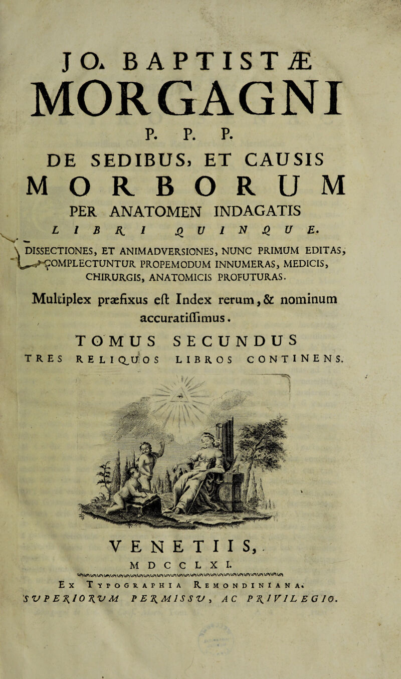 JCX BAPTISTAE MORGAGNI P. P. P. DE SEDIBUS, ET CAUSIS MORBORUM PER ANATOMEN INDAGATIS L l B H. I QUINQUE. DISSECTIONES, ET ANIMADVERSIONES, NUNC PRIMUM EDITAS, ^COMPLECTUNTUR PROPEMODUM INNUMERAS, MEDICIS, CHIRURGIS, ANATOMICIS PROFUTURAS. Multiplex praefixus efl: Index rerum,& nominum accuratiflimus. TOMUS SECUNDUS TRES R E L I Q_U O S LIBROS CONTINENS. VENETUS, M D C C L X I. \&\ \&\ l&i \0\ \&\ \0\ UTI \0\ WJ7» U51» '~0\ ^ Ex Typographia Remondiniana. SVPERlORVM PERMISSU, AC PRIVILEGIO.