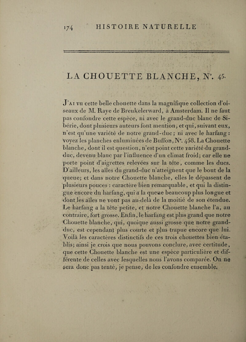 LA CHOUETTE BLANCHE, N°. U- J’ai vu cette belle chouette clans la magnifique collection d’oi¬ seaux de 1\I. Raye de Breukelerward, à Amsterdam. II ne faut pas confondre cette espèce, ni avec le grand-duc blanc de Si¬ bérie, dont plusieurs auteurs font mention, et qui, suivant eux, n’est qu’une variété de notre grand-duc; ni avec le harfang : voyez les planches enluminées de Buffon, N9. 4-58. La Chouette blanche, dont il est question, n’est point cette variété du grand- duc, devenu blanc par l’influence d’un climat froid; car elle ne porte point d’aigrettes relevées sur la tète, comme les ducs. D’ailleurs, les ailes du grand-duc n’atteignent que le bout de la queue; et dans notre Chouette blanche, elles le dépassent de plusieurs jmuces : caractère bien remarquable, et qui la distin¬ gue encore du harfang, qui a la queue beaucoup plus longue et dont les ailes ne vont pas au-delà de la moitié de son étendue. Le harfang a la tête petite, et notre Chouette blanche l’a, au contraire, fort grosse. Enfin, le harfang est plus grand que notre Chouette blanche, qui, quoique aussi grosse que notre grand- duc, est cependant plus courte et plus trapue encore que lui. Voilà les caractères distinctifs de ces trois chouettes bien éta¬ blis; ainsi je crois que nous pouvons conclure, avec certitude, que cette Chouette blanche est une espèce particulière et dif¬ férente de celles avec lesquelles nous l’avons comparée. On ne sera donc pas tenté, je pense, de les confondre ensemble, i