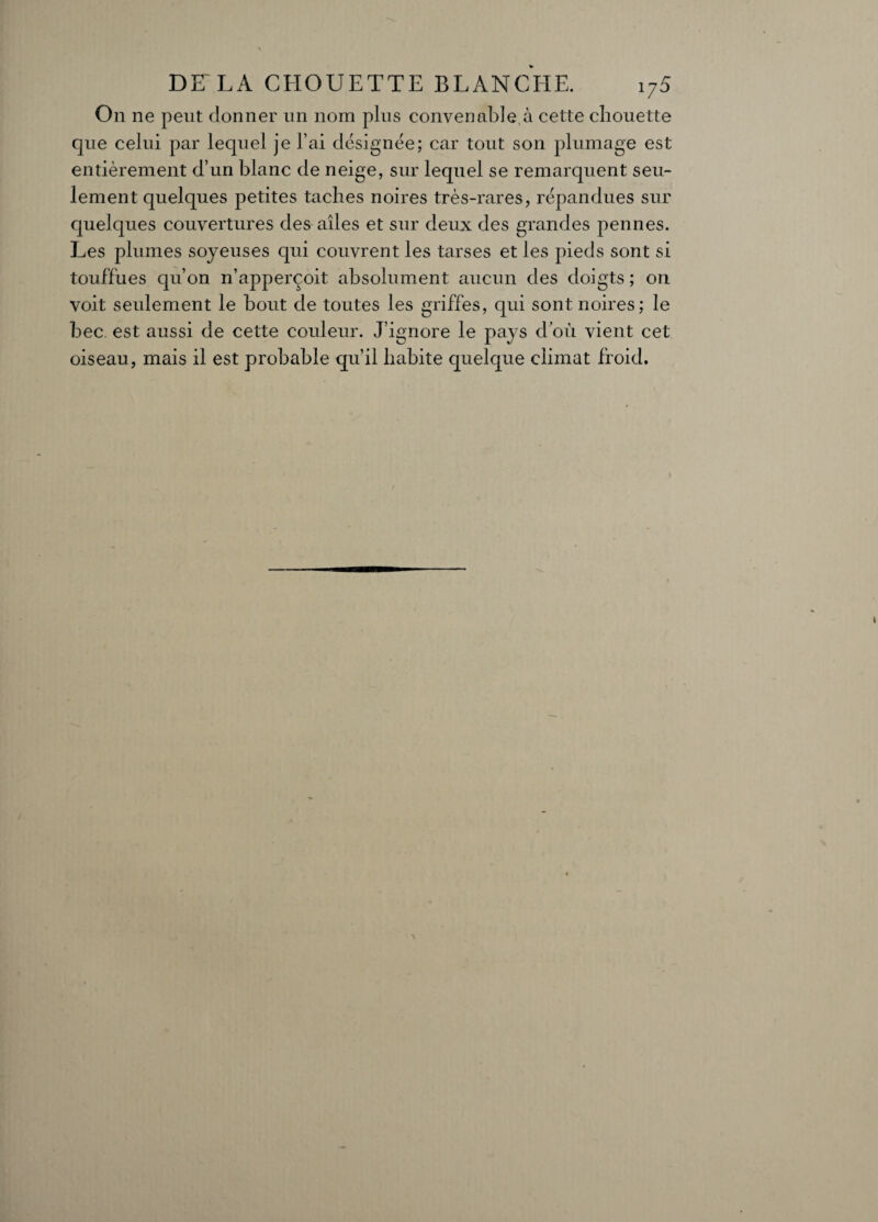 On ne peut donner un nom plus convenable à cette chouette que celui par lequel je l’ai désignée; car tout son plumage est entièrement d’un blanc de neige, sur lequel se remarquent seu¬ lement quelques petites taches noires très-rares, répandues sur quelques couvertures des ailes et sur deux des grandes pennes. Les plumes soyeuses qui couvrent les tarses et les pieds sont si touffues qu’on n’apperçoit absolument aucun des doigts ; on voit seulement le bout de toutes les griffes, qui sont noires; le bec est aussi de cette couleur. J’ignore le pays d’où vient cet oiseau, mais il est probable qu’il habite quelque climat froid.