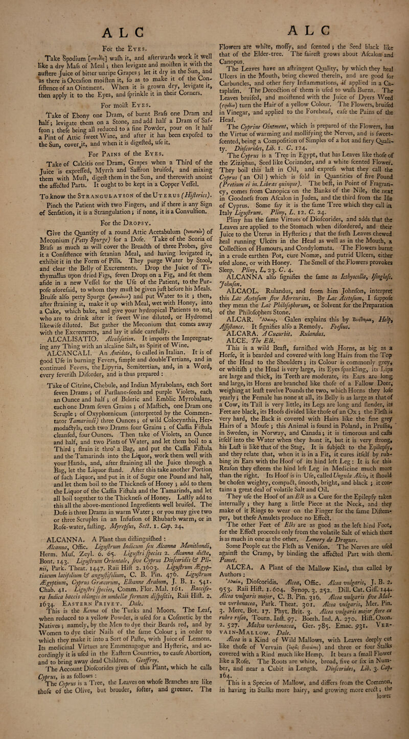 For the Eyes, Take Spodium [<wo^?] wa(h it, and afterwards work it Well like a dry Mafs of Meal ; then levigate and moiften it with the auftere Juice of bitter unripe Grapes ; let it dry in the Sun, and as there is Occafion moiften it, fo as to make it of the Con- fiftence of an Ointment. When it is grown dry, levigate it, then apply it to the Eyes, and fprinkle it in their Corners. For moift Eyes. Take of Ebony one Dram, of burnt Brafs one Dram and half; levicrate them on a Stone, and add half a Dram of oaf- fron ; thefe being all reduced to a fine Powder, pour on it half a Pint of Attic fweet Wine, and after it has been expofed to the Sun, cover Jt, and when it is digefted, ufe it. For Pains of the Eyes. Take of Calcitis one Dram, Grapes when a Third of the Juice is exprefled, Myrrh and Saffron bruifed, and mixing them with Muft, digeft them in the Sun, and therewith anoint the affe&ed Parts. It ought to be kept in a Copper Veflel. To know the Strangulation of theUTERus (Hijierics). Pinch the Patient with two Fingers, and if there is any Sign of Senfation, it is a Strangulation; if none, it is a Convulfion. For the Dropsy. Give the Quantity of a round Attic Acetabulum (tawrxov) of Meconium (Petty Spurge) for a Dole. Take of the Scoria of Brafs as much as will cover the Breadth of three Probes, give it a Confiftence with fetanian Meal, and having levigated it, exhibit it in the Form of Pills. They purge Water by Stool, and clear the Belly of Excrements. Drop the Juice of Ti- thymallus dpon dried Figs, feven Drops on a Fig, and fet them afide in a new Veflel for the Ufe of the Patient, to the Pur- pofe aforefaid, to whom they muft be given juft before his Meals. Bruife alfo petty Spurge ancf put Water to it ; then, after {training it, make it up with Meal, wet with Honey, into a Cake, which bake, and give your hydropical Patients to eat, who are to drink after it fweet Wine diluted, or Hydromel likewife diluted. But gather the Meconium that comes away with the Excrements, and lay it afide carefully. ALCALISATIO. Alcalifation. It imports the Impregnat¬ ing any Thing with an alcaline Salt, as Spirit of Wine. ALCANCALI. An Antidote, fo called in Italian. It is of good Ufe in burning Fevers, fimple and doubleTertians, and in continued Fevers, the Lipyria, Semitertian, and, in a Word, every feverifh Diforder, and is thus prepared : Take of Citrine, Chebule, and Indian Myrabolans, each Sort feven Drams; of Purflane-feeds and purple Violets, each an Ounce and half; of Beleric and Emblic Myrobalans* each one Dram feven Grains ; ofMaftich, one Dram one Scruple ; of Oxyphoenicum (interpreted by the Commen¬ tator Tamarindi) three Ounces; of wild Colocynthis, Her- moda&yls, each two Drams four Grains ; of Gaffia Fiftula cleanfed, four Ounces. Then take of Violets, an Ounce and half, and two Pints of Water, and let them boil to a Third ; {train it thro’ a Bag, and put the Caflia Fiftula and the Tamarinds into the Liquor, work them well with your Hands, and, after {training all the Juice through a Bag, let the Liquor ftand. After this take another Portion of fuch Liquor, and put in it of Sugar one Pound and half, and let them boil to the Thicknefs of Honey ; add to them the Liquor of the Caflia Fiftula and the Tamarinds, and let all boil together to the Thicknefs of Honey. Laftly add to this all the above-mentioned Ingredients well bruifed. The Dofe is three Drams in warm Water ; or you may give two or three Scruples in an Infufion of Rhubarb warm, or in Rofe-water, faffing. Myrepfus, Sett. I. Cap. 24, ALCANNA. A Plant thus diftinguiftied : Alcanna, Offic. Ligujlrum Indicurn feu Alcanna Manithondi, Herm. Muf. Zeyl. 6. 65. Ligujlrifpecies 2. Alcanna didia, Bont. 143. Ligujlrum Orientate, five Cyprus Diofcoridis & Pli- nii. Park. Theat. 1447. Raii Hift 2. 1603. Ligujlrum dEgyp- tiacum latijolium & angujlifolium, C. B. Pin. 476. Ligujlrum /Egyptium, Cyprus Gracorum, Elhanne Arabian, J. B. I. 541, Chab. 41. Ligujlri fpecies, Comm. Flor. Mai. 161. Baccife- ra Indica baccis oblongis in umbellcs formam difpofitis, Raii Hift. 2. 1634. Eastern Privet. Dale. This is the Kentia of the Turks and Moors. The Leaf, when reduced to a yellow Powder, is ufed for a Cofmetic by the Natives ; namely, by the Men to dye their Beards red, and by Women to dye their Nails of the fame Colour ; in order to which they make it into a Sort of Pafte, with Juice of Lemons. Its medicinal Virtues are Emmenagogue and Hyfteric, and ac¬ cordingly it is ufed in the Eaftern Countries, to caufe Abortion, and touring away dead Children. Geoffroy. The Account Diofcorides gives of this Plant, which he calls Cyprus, is as follows : The Cyprus is a Tree, the Leaves on whofe Branches are like thofc of the Olive, but broader, fofter, and greener. The Flowers afe white, mofly, and fcented ; the Seed black like that of the Elder-tree. The faireft grows about Afcalon and Canopus. The Leaves have an aftringent Quality, by which they heal Ulcers in the Mouth, being chewed therein, and are good for Carbuncles, and other fiery Inflammations, if applied in a Ca- taplafm. The Decodlion of them is ufed to wafh Burns. The Leaves bruifed, and moiftened with the Juice of Dyers Weed (r^y0i») turn the Hair of a yellow Colour. The Flowers, bruifed in Vinegar, and applied to the Forehead, eafe the Pains of the Head. The Cyprine Ointment, which is prepared of the Flowers, has the Virtue of warming and mollifying the Nerves, and is fweet- fcented, being a Compofition of Simples of a hot and fiery Quali¬ ty. Diofcorides, Lib. I. C. 124. The Cyprus is a Tree in Egypt, that has Leaves like thofe of the Ziziphus, Seed like Coriander, and a white fcented Flower. They boil this laft in Oil, artd exprefs what they call the Cyprus (an Oil ) which is fold in Quantities of five Pound (Pretium ei in. Libras quinque). The beft, in Point of Fragran- cy, comes from Canopica on the Banks of the Nile, the next in Goodnefs from Afcalon in Judea, and the third from the Ifle of Cyprus. Some fay it is the fame Tree which they call in Italy Ligujlrum. Pliny, L. 12. C. 24. Pliny has the fame Virtues of Diofcorides, and adds that the Leaves are applied to the Stomach when difordered, and their Juice to the Uterus in Hyfterics ; that the frefh Leaves chewed heal running Ulcers in the Head as well as in the Mouth, a Collection of Humours* and Condylomata. The Flowers burnt in a crude earthen Pot, cure Nomae, and putrid Ulcers, either ufed alone, or with Honey. The Smell of the Flowers provokes Sleep. Pliny, L, 23. C. 4. ALCANNA alfo fignifies the fame as Icthyocolla, Ifinglaf. Johnfon. ALCAOL. Rulandus, and from him Johnfon, interpret this Lac Acetofum five Mercurius. By Lac Acetofum, I fuppofe they mean the Lac Philofophorum, or Solvent for the Preparation of the Philofophers Stone. ALCAR. AXxa§. Galen explains this by Bo«9Help, AJfJlance. It fignifies alfo a Remedy. Foefius. ALCAR A. A Cucurbit. Rulandus. ALCE. The Elk. This is a wild Beaft, furniflied with Horns, as big as a Horfe, it is bearded and covered with long Hairs from the Top of the Head to the Shoulders ; its Colour is commonly grey* or whitilh ; the Head is very large, its Eyes fparkling, its Lips are large and thick, its Teeth are moderate, its Ears are long and large, its Horns are branched like thofe of a Fallow Deer, weighing at leaft: twelve Pounds the two, which Horns they lofe yearly; the Female has none at all, its Belly is as large as that of a Cow, its Tail is very little, its Legs are long and (lender, its Feet are black, its Hoofs divided like thofe of an Ox ; the Flefh is very hard, the Back is covered with Hairs like the fine grey Hairs of a Moufe ; this Animal is found in Poland, in Prufiia, in Sweden, in Norway, and Canada; it is timorous and calls itfelf into the Water when they hunt it, but it is very ftrong, his Luft is like that of the Stag. It is fubjeCt to the Epilepfy, and they relate that, when it is in a Fit, it cures itfelf by rub¬ bing its Ears with the Hoof of its hind left Leg : It is for this Reafon they efteem the hind left Leg in Medicine much more than the right. Its Hoof is in Ufe, called Ungula Aids, it fhould be chofen weighty, compact, fmooth, bright, and black ; it con¬ tains a great deal of volatile Salt and Oil. They ufe the Hoof of an Elk as a Cure for the Epilepfy taken internally ; they hang a little Piece at the Neck, and they make of it Rings to wear on the Finger for the fame Diftem- per, but thefe Amulets produce no Effect. The other Feet of Elks are as good as the left hind Foot, for the Effedl proceeds only from the volatile Salt of which there is as much in one as the other. Lemery de Drogues. Some People eat the Fle{h as Venifon. The Nerves are ufed againft the Cramp, by binding the affected Part with them. Pomet. ALCE A. A Plant of the Mallow Kind, thus called by Authors : ’AMI*, Diofcoridis. Alcea, Offic. Alcea vulgaris, J. B. 2. 953. Raii Hift. 1. 604. Synop. 3. 252. Dill. Cat. Giffi 144* Alcea vulgaris major, C. B. Pin. 316. Alcea vulgaris five MaL va verbenacea, Park. Theat. 301. Alcea vulgaris, Mer. Pin. 3. Merc, Bot. 17. Phyt. Brit. 3. Alcea vulgaris major fore ex rubro rofeo, Tourn. Inft. 97. Boerh. Ind. A. 270. Hift. Oxon. 2.527. Malva verbenacea, Ger. 785. Emac. 5731. Ver¬ vain-Mallow. Dale. Alcea is a Kind of Wild Mallows, with Leaves deeply cut like thofe of Vervain (^a; fiorduvs) and three or four Stalks covered with a Rind much like Hemp. It bears a fmall Flower like a Rofe. The Roots are white, broad, five or fix in Num¬ ber, and near a Cubit in Length. Diofcorides, Lib. 3. Cap* 164. This is a Species of Mallow, and differs from the Common, in having its Stalks more hairy, and growing more eredt; the lower