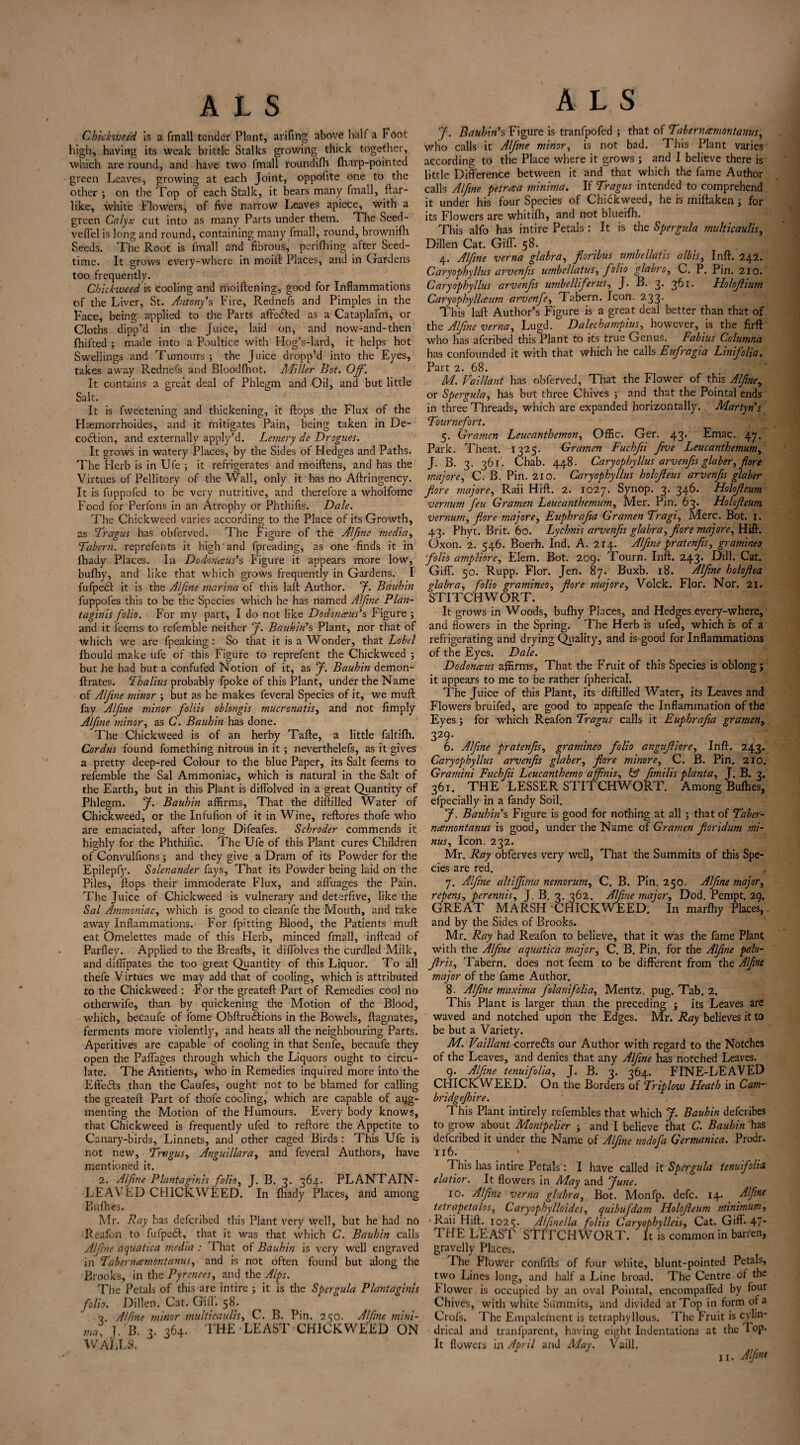 Chickweed is a fmall tender Plant, arifing above half a Foot high, having its weak brittle Stalks growing thick together, which are round, and have two fmall roundilh (harp-pointed green Leaves, growing at each Joint, oppofite one to the other ; on the Top of each Stalk, it bears many fmall, ftar- like, white Flowers, of five narrow Leaves apiece, with a green Calyx cut into as many Parts under them. The Seed- veflel is long and round, containing many fmall, round, brownifh Seeds. The Root is fmall and fibrous, perifhing after Seed¬ time. It grows every-where in moill Places, and in Gardens too frequently. Chickweed is cooling and moiftening, good for Inflammations of the Liver, St. Antony’s Fire, Rednefs and Pimples in the Face, being applied to the Parts affe&ed as a Cataplafnl, or Cloths dipp’d in the Juice, laid on, and now-and-then (hifted ; made into a Poultice with Hog’s-lard, it helps hot Swellings and Tumours; the Juice dropp’d into the Eyes, takes away Rednefs and Bloodfhot. Miller Bot. Off. It contains a great deal of Phlegm and Oil, and but little Salt. It is fweetening and thickening, it (lops the Flux of the Haemorrhoides, and it mitigates Pain, being taken in De¬ coction, and externally apply’d. Lemery de Drogues. It grows in watery Places, by the Sides of Hedges and Paths. The Herb is in Ufe ; it refrigerates and moiftens, and has the Virtues of Pellitory of the Wall, only it' has no Aftringency. It is luppofed to be very nutritive, and therefore a wholfome Food for Perfons in an Atrophy or Phthifis. Dale. The Chickweed varies according to the Place of its Growth, as 'Tragus has obferved. The Figure of the Alfme media, Tabcrn. reprefents it high'and fpreading, as one finds it in lhady Places. In Dodonreus’s Figure it appears more low, bufhy, and like that which grows frequently in Gardens. I fufpedt it is the Alfine marina of this lad Author, f. Bauhin fuppofes this to be the Species which he has named Alfme Plan¬ taginis folio. For my part, I do not like Dodonceus’s Figure ; and it feems to refemble neither f. Bauhin’?, Plant, nor that of which we are fpeaking: So that it is a Wonder, that Lobel (hould make ufe of this Figure to reprefent the Chickweed ; but he had but a confufed Notion of it, as f. Bauhin demon- ftrates. Thalius probably fpoke of this Plant, under the Name of Alfine minor ; but as he makes feveral Species of it, we mud fay Alfme minor foliis oblongis mucronatis, and not fimply Alfme minor, as C. Bauhin has done. The Chickweed is of an herby Tade, a little faltilh. Cordus found fomething nitrous in it ; neverthelefs, as it gives a pretty deep-red Colour to the blue Paper, its Salt feems to refemble the Sal Ammoniac, which is natural in the Salt of the Earth, but in this Plant is diffolved in a great Quantity of Phlegm. y. Bauhin affirms, That the diddled Water of Chickweed, or the Infufion of it in Wine, redores thofe who are emaciated, after Ions: Difeafes. Schroder commends it highly for the Phthific. The Ufe of this Plant cures Children of Convulfions; and they give a Dram of its Powder for the Epilepfy. Solenander fays, That its Powder being laid on the Piles, dops their immoderate Flux, and alfuages the Pain. The Juice of Chickweed is vulnerary and deterfive, like the Sal Ammoniac, which is good to cleanfe the Mouth, and take away Inflammations.- For fpitting Blood, the Patients mud eat Omelettes made of this Flerb, minced fmall, indead of Parfley. Applied to the Breads, it diflolves the curdled Milk, and diffipates the too great Quantity of this Liquor. To all thefe Virtues we may add that of cooling, which is attributed to the Chickweed : For the greated Part of Remedies cool no otherwife, than by quickening the Motion of the Blood, which, becaufe of fome Obdrudlions in the Bowels, dagnates, ferments more violently, and heats all the neighbouring Parts. Aperitives are capable of cooling in that Senfe, becaufe they open the Paffages through which the Liquors ought to circu¬ late. The Antients, who in Remedies inquired more into the Effects than the Caufes, ought not to be blamed for calling the greated Part of thofe cooling, which are capable of aug¬ menting the Motion of the Humours. Every body knows, that Chickweed is frequently ufed to redore the Appetite to Canary-birds, Linnets, and other caged Birds: This Ufe is not new, Tragus, Anguillara, and feveral Authors, have mentioned it. 2. Alfme Plantaginis folio, J. B. 3. 364. PLANTAIN¬ LEAVED CHICKWEED. In (hady Places, and among Bufhes. Mr. Ray has deferibed this Plant very well, but he had no Reafon to fufpedt, that it was that which C. Bauhin calls Alfme aquatica media : I hat of Bauhin is very well engraved in 7abernamontanus, and is not often found but along the Brooks, in the Pyrenees, and the Alps. The Petals of this are intire ; it is the Spergula Plantaginis folio. Dillen. Cat. Gill. 58. o, Alfine minor multicaulis, C. B. Pin. 250. Alfine mini¬ ma, J.'B. 3. 364. THE-LEAST CHICKWEED ON WALLS, y. Bauhin’s Figure is tranfpofed ; that of Tabernamontanus, who calls it Alfme minor, is not bad. This Plant varies according to the Place where it grows; and I believe there is little Difference between it and that which the fame Author calls Alfme petrcea minima. If Tragus intended to comprehend it under his four Species of Chickweed, he is midaken ; for its Flowers are whitifh, and not blueifh. This alfo has intire Petals : It is the Spergula multicaulis, Dillen Cat. Giff. 58. 4. Alfme verna glabra, fioribus umbellatis albis, Inft. 242. Caryophyllus arvenfs umbellatus, folio glabro, C. P. Pin. 210. Caryophyllus arvenfs umb differ us, J. B. 3. 361. Holofium Caryophyllceum arvenfe, Tabern. Icon. 233. This lad Author’s Figure is a great deal better than that of the Alfine verna, Lugd. Dalechampius, however, is the fird who has aferibed this Plant to its true Genus. Fabius Columna has confounded it with that which he calls Eufragia Linifolia. Part 2. 68. M. Vaillant has obferved, That the Flower of this Alfme, or Spergula, has but three Chives ; and that the Pointal ends in three Threads, which are expanded horizontally. Martyn’s Tournefort. 5. Gramen Leucanthemon, Offic. Ger. 43. Emac. 47. Park. Thea-t. 1325. Gramen Fuchfti five Leucanthemum, J. B. 3. 361. Chab. 448. Caryophyllus arvenfs glaber, fore majore, C. B. Pin. 210. Caryophyllus holofeus arvenfs glaber fore majore, Raii Hid. 2. 1027. Synop. 3. 346. Holofeum vernum feu Gramen Leucanthemum, Mer. Pin. 63. Holofeum vernum, fore majore, Euphrafa Gramen Tragi, Merc. Bot. 1. 43. Phyt. Brit. 60. Lychnis arvenfs glabra, fore majore. Hid. Oxon. 2. 546. Boerh. Ind. A. 214. Alfine pratenfis, gramineo folio ampliore, Elem. Bot. 209. Tourn. Ind. 243. Dill. Cat. Giff. 50. Rupp. Flor. Jen. 87. Buxb. 18. Alfine holofea glabra, folio gramineo, fore majore, Volck. Flor. Nor. 21. STITCHWORT. It grows in Woods, bufhy Places, and Hedges every-where, and flowers in the Spring. The Herb is ufed, which is of a refrigerating and drying Quality, and is good for Inflammations of the Eyes. Dale. Dodonaus affirms. That the Fruit of this Species is oblong; it appears to me to be rather fpherical. The Juice of this Plant, its diddled Water, its Leaves and Flowers bruifed, are good to appeafe the Inflammation of the Eyes ; for which Reafon Tragus calls it Euphrafa gramen, 329. 6. Alfine pratenfs, gramineo folio angufiore, Ind. 243. Caryophyllus arvenfs glaber, fore minore, C. B. Pin. 210. Gramini Fuchfi Leucanthemo a finis, & fmills planta, J. B. 3. 361. THE LESSER STITCHWORT. Among Bulhes, efpecially in a fandy Soil. y. Bauhin’s Figure is good for nothing at all; that of Taber- mzmontanus is good, under the Name of Gramen foridum mi¬ nus, Icon. 232. Mr. Ray obferves very well, That the Summits of this Spe¬ cies are red. 7. Alfine altiffuna nemorum, C. B. Pin. 250. Alfine major, repens, perennis, J. B. 3. 362. Alfine major, Dod. Pempt. 29. GREAT MARSH CHICKWEED. In marffiy Places, and by the Sides of Brooks. Mr. Ray had Reafon to believe, that it was the fame Plant with the Alfine aquatica major, C. B. Pin. for the Alfine palu- firis, Tabern. does not feem to be different from the Alfme major of the fame Author. 8. Alfine maxima folanifolia, Mentz. pug. Tab. 2. This Plant is larger than the preceding j its Leaves are waved and notched upon the Edges. Mr. Ray believes it to be but a Variety. M. Vaillant corrects our Author with regard to the Notches of the Leaves, and denies that any Alfine has notched Leaves. 9. Alfine tenuifolia, J. B. 3. 364. FINE-LEAVED CHICKWEED. On the Borders of Triplow Heath in Cam- bridgejhire. This Plant intirely refembles that which f. Bauhin deferibes to grow about Montpelier ; and I believe that C. Bauhin has deferibed it under the Name of Alfine no do fa Germanica. Prodr. 116. • Tins has intire Petals : I have called it Spergula tenuifolia, elatior. It flowers in May and fune. 10. Alfine verna glabra, Bot. Monfp. defc. 14. Alfine tetrapetalos, Caryophylloides, quibufdam Holofeum minimum, •Raii Hid. 1025. Affinella foliis Caryophylleis, Cat. Giff* 47* THE LEAST STITCHWORT. It is common in barren, gravelly Places. The Flower confifts of four white, blunt-pointed Petals, two Lines long, and half a Line broad. The Centre of the I lower is occupied by an oval Pointal, encompaffed by four Chives, with white Summits, and divided at Top in form of a Crofs. The Empale/nent is tetraphyllous. The Fruit is cylin¬ drical and tranfparent, having eight Indentations at the Top* It flowers in April and May. Vaill. 11. Alfine