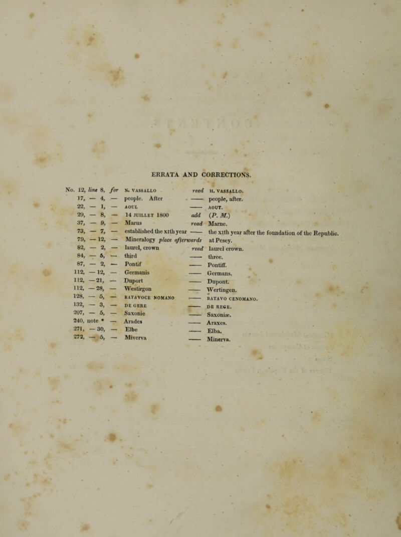 % h ERRATA AND CORRECTIONS. No. 12, line 8, for N. VASSALLO read H. VASSALLO. >7, — 4, .— people. After people, after. 22, — 1, — AOUL — AOUT. 29, — 8, — 14 JUILLET 1800 add (P. M.) 37, - 9, — Marus read Marne. 73, — 7, — established the xith year — the xith year after the foundation of the Republic. 79, —12, — Mineralogy place afterwards at Pesey. ci 1 cf 00 — laurel, crown read laurel crown. 84, — 6, >— third -. three. 87, — 2, — Pontif — Pontiff. 112, —12, — Germanis — Germans. 112, —21, — Duport Dupont. 112, —28, — Westirgon Wertingen. 128, — 5, — BATAVOCE NOMANO BATAVO CEN0MAN0. 132, - 3, — DE GERE — DE REGE. 207, - 6, — Saxonie ■ . Saxoniae. 240, note * — Arades Araxes. 271, —30, — Elbe Elba. 272, — 6, — Miverva ______ Minerva.