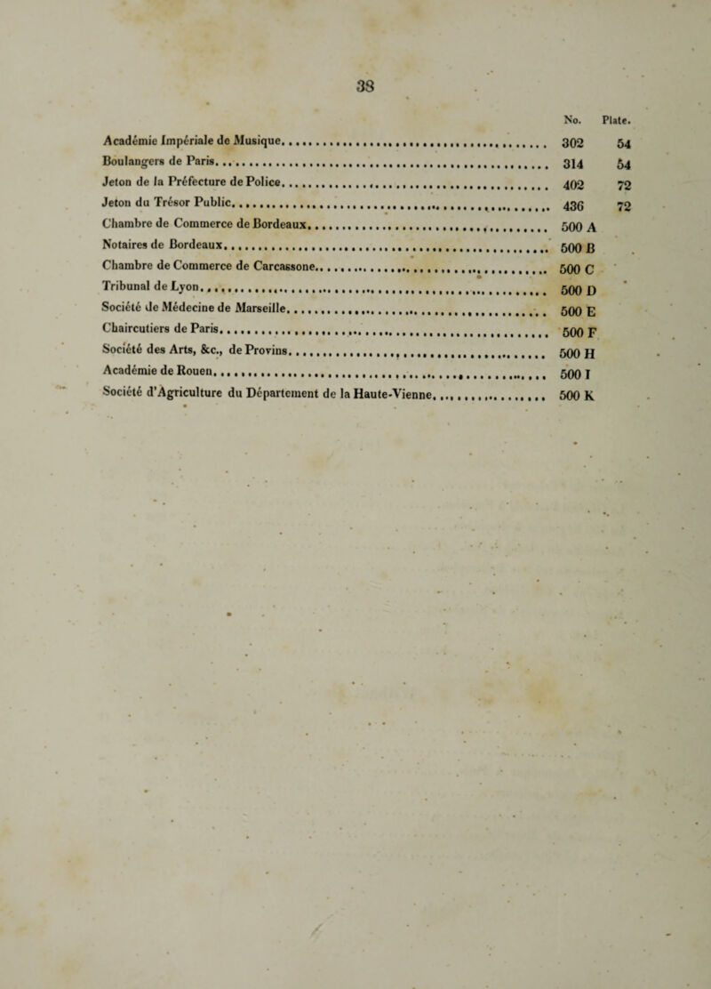 No. Plate. Academie Imp£riale de Musique..... 302 54 Boulangers de Paris.... 314 54 Jeton de la Prefecture de Police. 402 72 Jeton du Tr6sor Public.... 435 72 Chambre de Commerce de Bordeaux...... 50O A Notaires de Bordeaux... 500 B Chambre de Commerce de Carcassone., ...500 C Tribunal de Lyon. ,,,........ 500 D Societe de Medecine de Marseille....... 500 E Chaircutiers de Paris......... 500 F Societe des Arts, &c., de Provius, ..... 500 H Academie de Rouen...... 500 I Societe d’Agriculture du Departcment de la Haute-Vienne....... 500 K