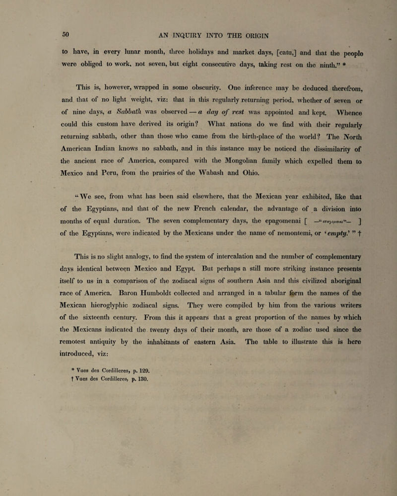 to have, in every lunar month, three holidays and market days, [catu,] and that the people were obliged to work, not seven, but eight consecutive days, taking rest on the ninth.” * This is, however, wrapped in some obscurity. One inference may be deduced therefrom, and that of no light weight, viz: that in this regularly returning period, whether of seven or of nine days, a Sabbath was observed — a day of rest was appointed and kept. Whence could this custom have derived its origin? What nations do we find with their regularly returning sabbath, other than those who came from the birth-place of the world? The North American Indian knows no sabbath, and in this instance may be noticed the dissimilarity of the ancient race of America, compared with the Mongolian family which expelled them to Mexico and Peru, from the prairies of the Wabash and Ohio. “We see, from what has been said elsewhere, that the Mexican year exhibited, like that of the Egyptians, and that of the new French calendar, the advantage of a division into months of equal duration. The seven complementary days, the epagomenai [ —11 erayiy.wtu'i— J of the Egyptians, were indicated by the Mexicans under the name of nemontemi, or ‘ empty.’’ ” f This is no slight analogy, to find the system of intercalation and the number of complementary days identical between Mexico and Egypt. But perhaps a still more striking instance presents itself to us in a comparison of the zodiacal signs of southern Asia and this civilized aboriginal race of America. Baron Humboldt collected and arranged in a tabular form the names of the Mexican hieroglyphic zodiacal signs. They were compiled by him from the various writers of the sixteenth century. From this it appears that a great proportion of the names by which the Mexicans indicated the twenty days of their month, are those of a zodiac used since the remotest antiquity by the inhabitants of eastern Asia. The table to illustrate this is here introduced, viz: * Vues des Cordilleres, p. 129. t Vues des Cordilleres, p. 130.