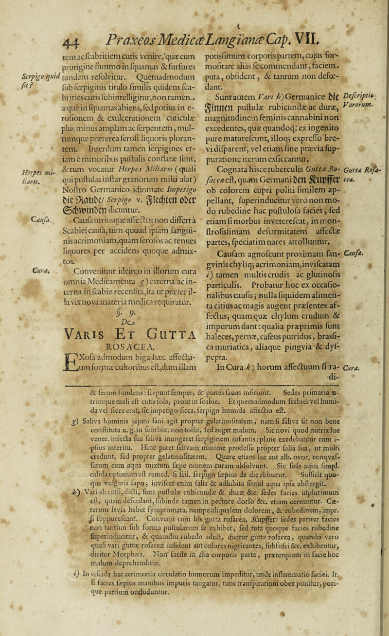I 4 44 Praxeos MedicaLangiana Cap. VII. tem ac fcabritiem cutis venire,'quas cum prurigine finnmo in fquamas & furfures Skrptgo quid tandem refolvitur. Quemadmodum fu- flib ferpiginis titulo fimilis quidem fca- brities cutis fubintelligitur,non tameru» xque in fquamas abiens, fed potius in e- rolionem & exulcerationem cuticula plus minus amplam ac ferpentem, mul¬ tumque pr^terea ferofi liquoris ploran¬ tem. Interdum tamen ferpigines et¬ iam e minoribus pullulis conflatas limt, Heypes mi- &tum vocatur Herpes Miliaris (quali haris. qui pullulas in llar granorum milii alat) Noftro Germanico idiomate Impetigo fciC £HCUlbC/ Serpigo v. gkdjfill ObCt4 ©djWmttfn dicuntur. Caufa. Caula utriusque affe&us non differt a Scabiei caula, tum quoad ipfam /angui¬ nis acrimoniam,quam lerofos ac tenues liquores per accidens quoque admix¬ tos. Cura* Conveniunt idcirco in illorum cura omnia Medicamenta g) externa ac in¬ terna infcabie recenflta.ita ut praster il¬ la vix nova materia medica requiratur. §• 9• Varis Et Gutta ROSACEA. f^Xola admodum biga haec affeclu- _jum formas cultoribus elt,dum illam potislimum corporis partem, cujus for- molitate alias fe commendant, faciem., puta, oblident, & tantum non defos- dant. Sunt autem Vari h) Germanice bfa Defcriptu - gimicn pullulae rubicundae ac durae, Varorum. magnitudinem feminis cannabini non excedentes, qua; quandoq; ex ingenito purematurefeunt, illoqj exprefifo bre¬ vi difparent, vel etiam fine praeviafup- puratione iterum exficcantur* Cognata hisce tuberculis Gutta Ro- Gutta Rofa- facea eft, quam Germani bCH i^UpffCF cca, ob colorem cupri politi fimilem ap¬ pellant, fuperinducitur vero non mo¬ do rubedine hac puilulofa facies, fed etiam fi morbus inveterefeat, inmon- flrofisfimam deformitatem affedlae partes, fpeciatim nares attolluntur* Caufam agnofeunt proximam fan* Cauf*. gvinischyliq} acrimoniam, invifeatam i) tamen multis crudis ac glutinofis particulis. Probatur hoc ex occafio- nalibus caufis $ nulla fiquidem alimen¬ ta citius ac magis augent praefentes af- fedlus, quam quae chylum crudum & impurum dant'.qualia prxprimis funt haleces, pernx, cafeus putridus, brasfi- camuriatica, aliaque pingvia & dyf- pepfa. In Cura k) horum affe&uum fi ra- Cura. di¬ de ferum fundens: ferpunt femper, & partes faaas inficiunt. Sedes primaria u- triusque mali eft cutis fola, prout infcabie. Et quemadmodum fcabies vel humi- davel licca erat, lic impetigo licca, ferpigo humida affedlio ell. g) Saliva hominis jejuni fani agit propter gelatinofitatem, nam Ii laliva fit non bene conftituta e. g. in fcorbut. non tollit, fed auget malum. Sic novi quod nutrix lue vener. infecta fua faliva inungeretferpiginem infantis:plane exedebantur cum i- pfius interitu. Hinc patet falivam minime prodelfe propter filia fua, ut multi credunt, fed propter gelatinofitatem. Quare etiam lac aut alb. ovor, conqvaf- latum cum aqua mixtum fiepe omnem curam abfolvunt. Sic fola aqua fimpl. calida optimum eft remed. Ii lcii. ferpigo ikpius de die abluatur. Sufficit quo¬ que vulgaris lapo; invifeat enim lalia & adhibita fimul aqua ipfa abftergit. k) Vari al: colli, didi, funt pullulae rubicunda: & dura: & c. fedes facies utplurimum eft, quam defcedant, fubinde tamen in pedore dorfo &c. etiam cernuntur. Cae- terum levia habet lymptolnata,nempealiqualem dolorem, & rubedinem,impr. /i fuppurefcant. Convenit cum his gutta rofacea, dvupffer/ fedes pariter facies non tanthm fub forma pullularum fe exhibet, fed tota quoque facies rubedine fuperinducitur, & quamdiu rubedo adeft, dicitur gutt3 rofacea, quando vero quali vari guttae rofiiceae infident aut colores nigricantes, fubfulci&c. exhibentur, dicitur Morphxa. Non'facile in alia corporis parte, praeterquam in facie hoc malum deprehenditur. i) Invifcida hac acrimonia circulatio humorum impeditur, unde inflammatio faciei. It. fi facies faepius manibus impuris tangatur, tunc tranlpirationi obex ponitur, poa- que partium occluduntur.