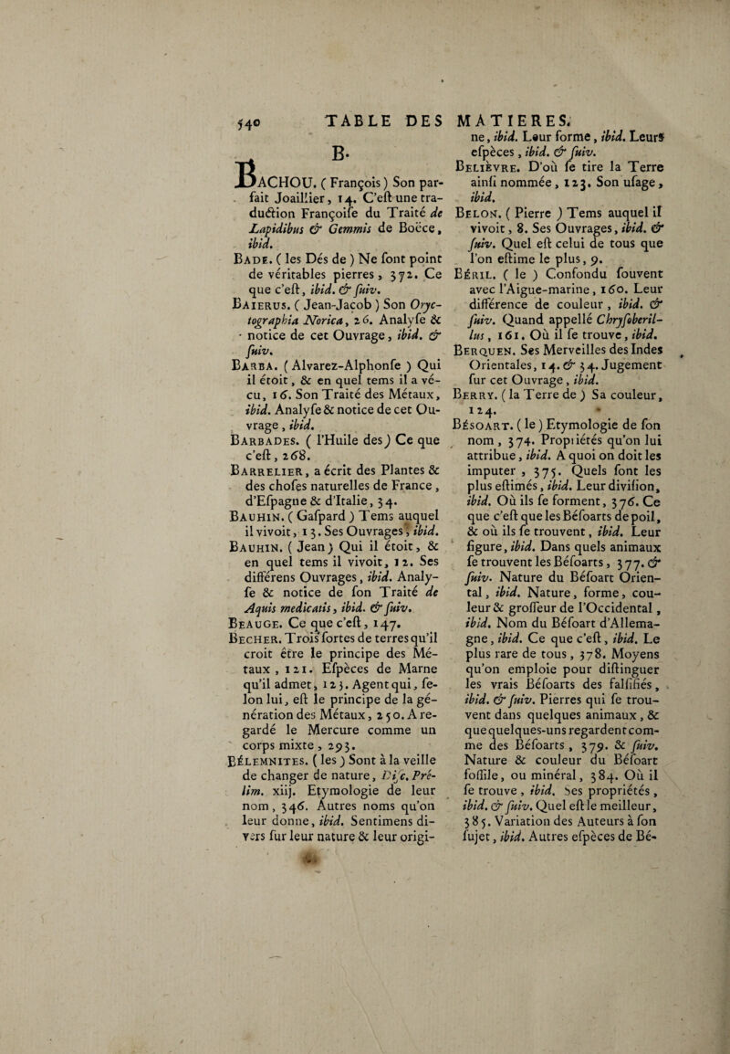 54® B TABLE DES B- ^ACHOU. ( François ) Son par¬ fait Joaillier, 14. C’eft une tra¬ duction Françoife du Traité de Lapidibus & Gemmis de Boëce, ibid. Bade. ( les Dés de ) Ne font point de véritables pierres, 372. Ce que c’eft, ibid. & fuiv. Baierus. ( Jean-Jacob ) Son Oryc- tographia Norica, 26. Analyfe & • notice de cet Ouvrage, ibid. & fuiv. Barba. ( Alvarez-Alphonfe ) Qui il étoit, & en quel tems il a vé¬ cu, 16. Son Traité des Métaux, ibid. Analyfe & notice de cet Ou¬ vrage , ibid. Barbades. ( l’Huile des) Ce que c’eft, 2 6'8. Barrelier, a écrit des Plantes & des chofes naturelles de France , d’Efpagne & d’Italie ,34. Bauhin. ( Gafpard ) Tems auquel il vivoit, 1 3. Ses Ouvrages, ibid. Bauhin. ( Jean) Qui il étoit, & en quel tems il vivoit, 12. Ses différens Ouvrages, ibid. Analy¬ fe & notice de fon Traité de Aquis medicutis, ibid. & fuiv. Beauge. Ce que c’eft, 147. Becher. Trois*fortes de terres qu’il croit être le principe des Mé¬ taux ,121. Efpèces de Marne qu’il admet ,123. Agent qui, fé¬ lon lui, eft le principe de la gé¬ nération des Métaux, 2 5 o. A re¬ gardé le Mercure comme un corps mixte , 293. Bélemnites. ( les ) Sont à la veille de changer de nature, Difc. Pré- lim, xiij. Etymologie de leur nom, 346. Autres noms qu’on leur donne, ibid. Sentimens di¬ vers fur leur nature & leur origi- ii MATIERES, ne, ibid. Leur forme, ibid. Leurs efpèces, ibid. & fuiv. Belièvre. D’où fe tire la Terre ainli nommée, 123, Son ufage, ibid. Belont. ( Pierre ) Tems auquel il vivoit, 8. Ses Ouvrages, ibid. & fuiv. Quel eft celui de tous que l’on eftime le plus, 9. Eéril. ( le ) Confondu fouvent avec l’Aigue-marine, 160. Leur différence de couleur , ibid. & fuiv. Quand appellé Chryfeberil- lus, 161. Où il fe trouve, ibid. Berquen. Ses Merveilles des Indes Orientales, 14.^ 34. Jugement fur cet Ouvrage , ibid. Berry. ( la Terre de ) Sa couleur, 124. * Bésoart. ( le ) Etymologie de fon nom, 374* Propiiétés qu’on lui attribue, ibid. A quoi on doit les imputer , 375. Quels font les plus eftimés, ibid. Leur divifion, ibid. Où ils fe forment, 376. Ce que c’eft que les Béfoarts de poil, & où ils fe trouvent, ibid. Leur figure, ibid. Dans quels animaux fe trouvent les Béfoarts, 177. & fuiv- Nature du Béfoart Orien¬ tal , ibid. Nature, forme, cou¬ leur & groffeur de l’Occidental, ibid. Nom du Béfoart d’Allema¬ gne , ibid. Ce que c’eft, ibid. Le plus rare de tous ,378. Moyens qu’on emploie pour diftinguer les vrais Béfoarts des falfifiés, ibid. & fuiv. Pierres qui fe trou¬ vent dans quelques animaux , & que quelques-uns regardentcom- me des Béfoarts , 379. & fuiv. Nature & couleur du Béfoart foflile, ou minéral, 384. Où il fe trouve , ibid. ses propriétés , ibid. & fuiv. Quel eft le meilleur, 385. Variation des Auteurs à fon fujet, ibid. Autres efpèces de Bé-
