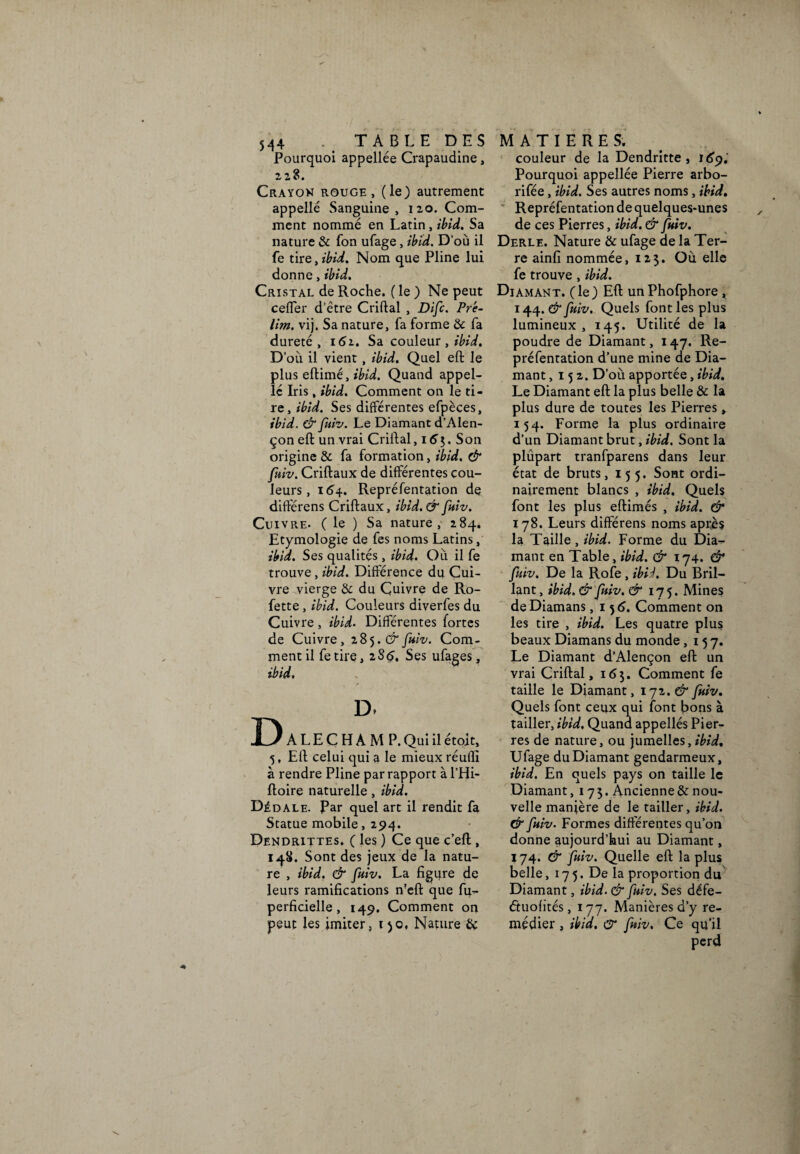 Pourquoi appellée Crapaudine, Z2.8. Crayon rouge , (le) autrement appelle Sanguine , 120. Com¬ ment nommé en Latin, ibid. Sa nature & fon ufage, ibid. D’où il fe tirq y ibid. Nom que Pline lui donne, ibid. Cristal de Roche. ( le ) Ne peut ceffer d’être Criftal , Difc. Pre- lim. vij. Sa nature, fa forme & fa dureté, 16z. Sa couleur , ibid. D’où il vient , ibid. Quel eft le plus eftimé, ibid. Quand appel¬ le Iris, ibid. Comment on le ti¬ re, ibid. Ses différentes efpèces, ibid. & fuiv. Le Diamant d’Alen¬ çon eft un vrai Criftal, 16$. Son origine & fa formation, ibid. & fuiv. Criftaux de différentes cou¬ leurs, 164. Repréfentation de differens Criftaux, ibid. & fuiv. Cuivre. ( le ) Sa nature, 284. Etymologie de fes noms Latins, ibid. Ses qualités, ibid. Où il fe trouve , ibid. Différence du Cui¬ vre vierge & du Çuivre de Ro- fette, ibid. Couleurs diverfes du Cuivre, ibid. Différentes fortes de Cuivre, 285. & fuiv. Com¬ ment il fetire, 2 S6. Ses ufages, ibid. D D. ALECHAMP. Qui il était» 5, Eft celui qui a le mieux réufîi à rendre Pline par rapport à l’Hi- ftoire naturelle, ibid. Dédale. Par quel art il rendit fa Statue mobile, 294. Dendrittes. ( les ) Ce que c’eft, 148. Sont des jeux de la natu¬ re , ibid. & fuiv. La figure de leurs ramifications n’eft que fiu. perficielle, 149. Comment on peut les imiter, 150, Nature & couleur de la Dendritte, 169, Pourquoi appellée Pierre arbo- rifée, ibid. Ses autres noms, ibid. Repréfentation de quelques-unes de ces Pierres, ibid. & fuiv. Derle. Nature & ufage de la Ter¬ re ainfi nommée, 12$. Où elle fe trouve , ibid. Diamant, (le) Eft unPhofphore, 144. & fuiv. Quels font les plus lumineux , 145. Utilité de la poudre de Diamant, 147. Re¬ préfentation d’une mine de Dia¬ mant ,152. D’où apportée, ibid. Le Diamant eft la plus belle & la plus dure de toutes les Pierres, 154. Forme la plus ordinaire d’un Diamant brut, ibid. Sont la plupart tranfparens dans leur état de bruts, 155. Sont ordi¬ nairement blancs , ibid. Quels font les plus eftimés , ibid. & 178. Leurs différens noms après la Tailie , ibid. Forme du Dia-- mant en Table, ibid. & 174. & fuiv. De la Rofe, ibid. Du Bril¬ lant , ibid. & fuiv. & 17 j. Mines deDiamans ,156. Comment on les tire , ibid. Les quatre plus beaux Diamans du monde ,157. Le Diamant d’Alençon eft un vrai Criftal, 16$. Comment fe taille le Diamant, 172.Grfuiv. Quels font ceux qui font bons à tailler, ibid. Quand appellés Pier¬ res de nature, ou jumelles,ibid. Ufage du Diamant gendarmeux, ibid. En quels pays on taille le Diamant ,173. Ancienne & nou¬ velle manière de le tailler, ibid. & fuiv. Formes différentes qu’on donne aujourd’hui au Diamant, 174. & fuiv. Quelle eft la plus belle, 175. De la proportion du Diamant, ibid. & fuiv. Ses défe- étuofités, 177. Manières d’y re¬ médier , ibid. 0“ fuiv. Ce qu’il perd
