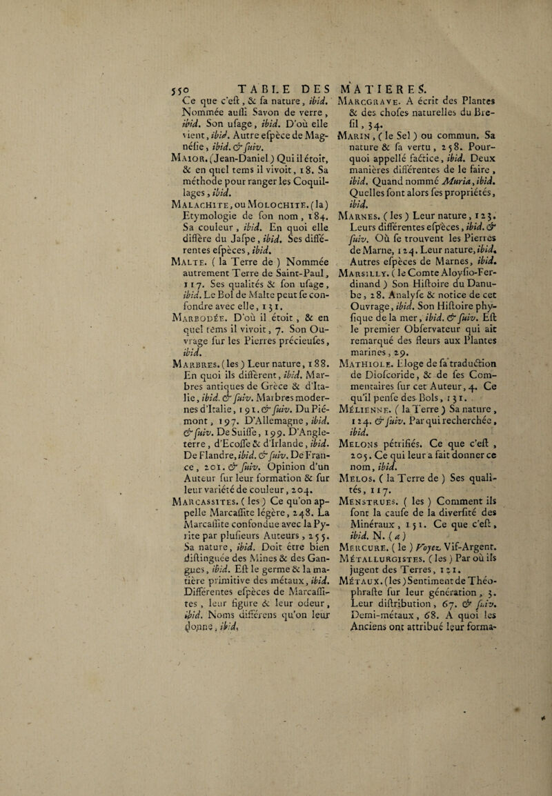Ce que c’efl , & Ta nature, ibid. Nommée aulli Savon de verre, ibid. Son ufage, ibid. D’où elle vient, ibid. Autre efpèce de Mag- néfîe, ibid. & fuiv. M Aïo R. ('Jean-Daniel ) Qui il étoit, & en quel tems il vivoit, 18. Sa méthode pour ranger les Coquil¬ lages , ibid. Malachite, ou Molochite. (la) Etymologie de fon nom, 184. Sa couleur , ibid. En quoi elle, diffère du Jafpe, ibid. Ses diffé¬ rentes efpèces, ibid. Malte. ( la Terre de ) Nommée autrement Terre de Saint-Paul, 117. Ses qualités & fon ufage, ibid. Le Bol de Malte peut fe con¬ fondre avec elle, 1 3 1. Marbodée. D’où il étoit , & en quel rems il vivoit, 7. Son Ou¬ vrage fur les Pierres précieuîes, ibid. Marbres, (les ) Leur nature, 188. En quoi ils different, ibid. Mar¬ bres antiques de Grèce & d’Ita¬ lie, ibid. & fuiv. Marbres moder¬ nes d’Italie, 1 91. & fuiv. Du Pié¬ mont , 197. D’Allemagne , ibid. & fuiv. De Suifle ,199. D’Angle¬ terre , d’Ecoffe & d’Irlande, ibid. De Flandre, ibid. & fuiv. De Fran¬ ce , 201. & ftiv. Opinion d’un Auteur fur leur formation & fur leur variété de couleur, 204. Marcassites. ( les ) Ce qu’on ap¬ pelle Marcafïite légère, 248. La MarcaiTite confondue avec la Py¬ rite par plufieurs Auteurs » 25 5. Sa nature, ibid. Doit être bien diflinguée des Mines & des Gan¬ gues , ibid. Eli le germe & la ma¬ tière primitive des métaux, ibid. Différentes efpèces de Marcaffi- tes , leur figure àc leur odeur, ibid. Noms différons qu’on leur tjogné, ibid, Marcgrave- A écrit des Plantes & des chofes naturelles du Bre- fil, $4. Marin , ( le Sel ) ou commun. Sa nature & fa vertu, 258. Pour¬ quoi appellé faétice, ibid. Deux manières différentes de le faire , ibid. Quand nommé Afuria, ibid. Quelles font alors fes propriétés, ibid. Marnes. ( les ) Leur nature ,123. Leurs différentes efpèces, ibid. & fuiv. Ou fe trouvent les Pierres de Marne, 124. Leur nature, ibid* Autres efpèces de Marnes, ibid• Marsilly. ( le Comte Aloyfio-Fer- dinand ) Son Hifloire du Danu¬ be, 28. Analyfe & notice de cet Ouvrage, ibid. Son Hifloire phy- fique de la mer, ibid. & fuiv. Eft le premier Obfervateur qui ait remarqué des fleurs aux Plantes marines, 29. Mathiole. Éloge de fa traduélion de Diofcoride, & de fes Com¬ mentaires fur cet Auteur, 4. Ce qu’il penfe des Bols ,131. Mélienne. ( la Terre) Sa nature, 1 24. & fuiv. Par qui recherchée, ibid. Melons pétrifiés. Ce que c’efl , 205. Ce qui leur a fait donner ce nom, ibid. Melos, ( la Terre de ) Ses quali¬ tés, 117. Menstrues. ( les ) Comment ils font la caufe de la diverfité des Minéraux , 151. Ce que c’efl » ibid. N. (a) Mercure. ( le ) Foyez, Vif-Argent. Métallurgistes. ( les ) Par où ils jugent des Terres, 1 -1. Métaux, (les) Sentiment de Théo- phrafle fur leur génération, 5. Leur diflribution , 67. & fuiv. Demi-métaux , 68. A quoi les Anciens ont attribué leur forma-