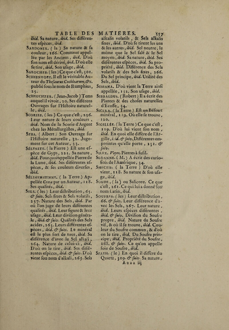 Ibid, Sa nature, ibid. Ses différen¬ tes efpèces, ibid. Sardonix. ( la ) Sa nature & fa couleur, 166. Comment appel- lée par les Anciens, ibid. D'où, fon nom eft dérivé, ibid. D’où elle fe tire , ibid. Son ufage, ibid, Saroches. ( les ) Ce que c’eft, 301. Scheinvoet. Il eft le véritable Au¬ teur du Thefaurus Cochlearum,&c. publié fous le nom de Rumphius, 25. Scheuchzer. ( Jean-Jacob ) Tems auquel il vivoit ,20. Ses dilférens Ouvrages fur l’Hiftoire naturel¬ le , ibid. Scories. ( les ) Ce que c’eft ,25 6. Leur nature & leurs couleurs , ibid. Nom de la Scorie d’Argent chez les Métallurgiftes, ibid. Seba. ( Albert ) Son Ouvrage fur l’Hiftoire naturelle , 32. Juge¬ ment fur cet Auteur, 3 3. Sélenite. ( la Pierre ) Eft une ef- pèce de Gy ps ,221. Sa nature , ibid. Pourquühappellée Pierre de la Lune , ibid. Ses différentes ef- pèces, & fes couleurs diverfes, ibid. Sélinensienne. ( la Terre) Ap¬ pelée Creta par un Auteur, 11 8. Ses qualités, ibid* Sels. ( les ) Leur diftribution ,65. & fuiv. Sels fixes & Sels volatils, 257. Nature des Sels, ibid. Par où l’on juge de leurs différentes qualités, ibid. Leur figure & leur ufage , ibid. Leur divifion généra¬ le , ibid.& fuiv. Qualités des Sels acides ,265. Leurs différentes ef- pèces, ibid. & fuiv. Le minéral eft le plus fort de tous, ibid. Sa différence d’avec le Sel alkaü 264. Nature de celui-ci , ibid. D’où on le tire , ibid. Ses diffé¬ rentes efpèces, ibid. & fuiv. D’où ■yicnt fon nom d’alkali, 263. Sels alkalis volatils , & Sels alkalis fixes , ibid. D’où fe tirent les uns & les autres , ibid. Sel neutre , le même que le Sel falé & le Sel moyen , ibid. Sa nature, ibid. Ses différentes efpèces, ibid. Sa pro¬ priété , ibid. Différence des Sels volatils & des Sels fixes, 266. Du Sel principe, ibid. Utilité des Sels, ibid. Sessana. D’où vient la Terre ainft appellée ,132. Son ufage , ibid. Sibbaldus. ( Robert ) Il a écrit des Plantes & des chofes naturelles d’Ecoffe, 34. SiCula. ( la Terre ) Eft un Béfoart minéral, 119. Où elle fe trouve, 120. Sigillée. ( la Terre ) Ce que c’eft, 119. D’où lui vient fon nom , ibid. En quoi elle diffère de l’Ar- gille, i: id. &fm/. Différentes-em¬ preintes qu’elle porte , 13 1. & Juiv. Silex. Ployez. Pierres à fufiî. Sloanne. ( M. ) A écrit des curio- fités de l’Amérique, 34. Smf.ctis. ( la Terre ) D’où elle vient, 118. Sa nature & fon ufa¬ ge , ibid. Soude , ( la ) ou Salicore. Ce que c’eft, 2 61. Ce qui lui a donné forf nom Latin, ibid. Soufres. ( les ) Leur diftribution , 66. & fuiv. Leur différence d’a ¬ vec les Sels, 267. Leur nature , ibid. Leurs efpèces différentes , ibid. & fuiv. Divifion du Soufre propre, ibid. Nature du Soufre vif, & où il fe trouve, ibid. Cou¬ leur du Soufre commun , & d’où on le tire , ibid. Du Soufre prin¬ cipe , ibid. Propriété du Soufre, 2ùS. & fuiv. Ce qu’on appelle foie de Soufre, ibid. Spath. (Te ) En quoi il diffère du Quartz, 309. & fuiv. Sa nature 8, A a a a iij;