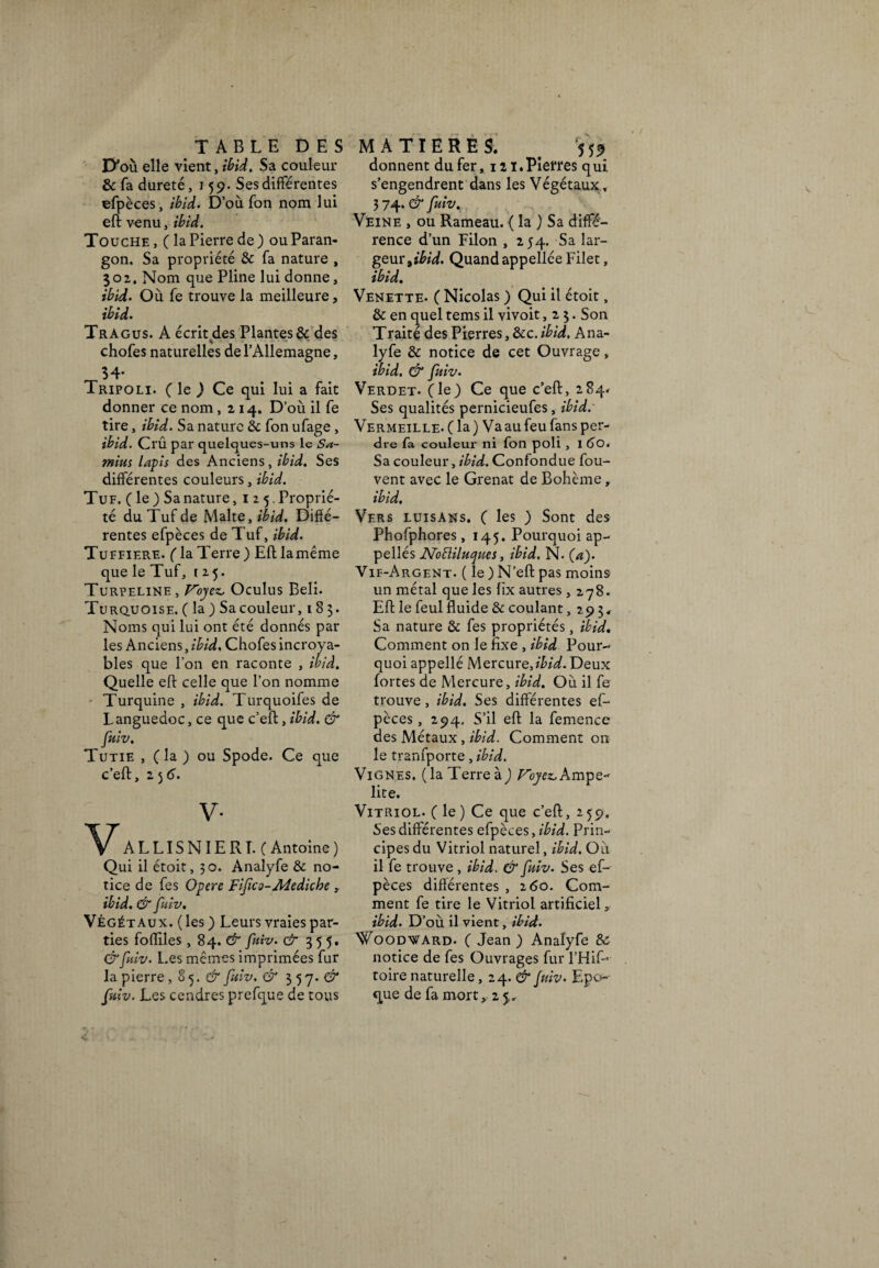 D’où elle vient, ibid. Sa couleur & fa dureté, 159. Ses différentes efpèces, ibid. D’où fon nom lui eft venu, ibid. Touche, (la Pierre de) ou Paran¬ gon. Sa propriété & fa nature , 302. Nom que Pline lui donne, ibid. Où fe trouve la meilleure, ibid. Tragus. A écrit des Plantes & des chofes naturelles de l’Allemagne, 54- Tripoli. ( le ) Ce qui lui a fait donner ce nom ,214. D’où il fe tire, ibid. Sa nature 3c fon ufage , ibid. Crû par quelques-uns le Sa- mius lapis des Anciens, ibid. Ses différentes couleurs, ibid. Tuf. (le) Sa nature, 1 2 5. Proprié¬ té du Tuf de Malte, ibid. Diffé¬ rentes efpèces de Tuf, ibid. Tuffiere. ( la Terre ) Eft lamême que le Tuf, 125. Turpeline, Voyez, Oculus Bell. Turquoise. ( la ) Sa couleur, 183. Noms qui lui ont été donnés par les Anciens, ibid, Chofes incroya¬ bles que l’on en raconte , ibid. Quelle eft celle que l’on nomme Turquine , ibid. Turquoifes de Languedoc, ce que c’eft, ibid. & fuiv. Tutie , ( la ) ou Spode. Ce que c’eft, 2 5 6. v- ALLISNIERI. (Antoine) Qui il étoit, 30. Analyfe & no¬ tice de fes Opéré Fifico-Mediche, ibid. & fuiv. Végétaux. ( les ) Leurs vraies par¬ ties foffiles, 84. & fuiv. & 3 5 5. & fuiv. Les mêmes imprimées fur la pierre , S 5. & fuiv. & 357.$* fuiv. Les cendres prefque de tous donnent du fer, 12 ï.Pierres qui s’engendrent dans les Végétaux, 3 74. & fuiv. Veine , ou Rameau. ( la ) Sa diffé¬ rence d’un Filon , 254. Sa lar¬ geur tibid. Quand appellée Filet, ibid. Venette- ( Nicolas ) Qui il étoit, & en quel tems il vivoit ,23. Son Traité des Pierres, &c. ibid, Ana¬ lyfe & notice de cet Ouvrage, ibid. & fuiv. Verdet. (le) Ce que c’eft, 284. Ses qualités pernicieufes, ibid.' Vermeille, (la) Va au feu fans per- die fa couleur ni fon poli , 1 £>0. Sa couleur, ibid. Confondue fou- vent avec le Grenat de Bohème, ibid. Vers luisans. ( les ) Sont des Phofphores, 145. Pourquoi ap- pellés JSToBiluques, ibid. N. (a). Vif-Argent. ( le)N’eftpas moins un métal que les fïx autres, 278. Eft le feul fluide & coulant, 293. Sa nature & fes propriétés, ibid. Comment on le fixe , ibid Pour¬ quoi appellé Mercure, ibid. Deux fortes de Mercure, ibid. Où il fe trouve, ibid. Ses différentes ef¬ pèces , 294. S’il eft la femence des Métaux, ibid. Comment on le tranfporte, ibid. Vignes, (la Terre à) Voyez,Ampe- lite. Vitriol. ( le ) Ce que c’eft, 259. Ses différentes efpèces, ibid. Prin¬ cipes du Vitriol naturel, ibid. Où il fe trouve , ibid. & fuiv. Ses ef¬ pèces différentes , 260. Com¬ ment fe tire le Vitriol artificiel > ibid. D’où il vient, ibid. 'Woodvard. ( Jean ) Anafyfe 3c notice de fes Ouvrages fur l’Hif- toire naturelle, 24. & fuiv. Epo¬ que de fa mort, 2 5.„