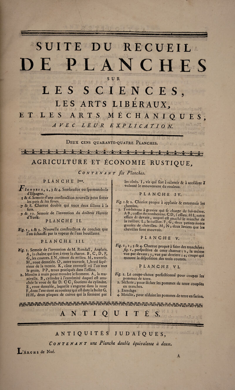 DE PLA C H E S SUR E T LES SCIENCES, LES ARTS LIBÉRAUX, LES ARTS MÉCHANIQUES AVEC LEUR EXPLICATION. _ • * ê \. | ' * L A * >, ' i . Ÿ .1 Deux cens quarante-quatre Planches. —A. * ■* , AGRICULTURE ET ÉCONOMIE RUSTIQUE, ‘ . , . ‘ . j fhrj Contenant Jlx Planches. PLANCHE l«*. .Z**! g ures i y i, £ &4. Sembrador ou fpermatobole d’Efpagne. f & t>. Semoir d’une conftruétion nouvelle pour femer les pois & les feves. ;7 & S. Charrue double qui trace deux /liions à la fois. . , ' ri*,- ff Sc 10. Semoir de l’invention du docteur Humer d’York PLANCHE IL tig. i, 2 & $. Nouvelle conflruction de couches que l’on échauffe par la vapeur de l’eau bouillante. PLANCHE III. Fig. 1. Semoir de l’invention deM. Rundall, Anglois. A, la chaîne qui fert à tirer la charue. B , C, D, F, G, les coutres.EN,timon du milieu. M, traverfe. H, roue dentelée. O, autre traverfe. I,bord fupé- rieur de la tremie. K, cône renverfé où l’on met le grain. PP, trous pratiqués dans l’effieu. à. Moulin à main pour moudre le froment. A, la ma¬ nivelle. B , cylindre à l’extrémité duquel eft atta¬ chée la roue de fer D. C C , foutiens du cylindre. E , roue dentelée, laquelle s’engrene dans la roue E,dont l’axe tient au rouleau qui eft dans la boîte G. HH, deux plaques de cuivre qui la ferment par les côtés. I, vis qui fert à ralentir 8c à accélérer a volonté le mouvement du rouleau. PLANCHE IV. Fig. I & L. Chariot propre à appianir & entretenir les chemins. }. Tombereau à gravier qui fe charge de lui-même, ffi ’ Cj j d ,omberaf'- C D, Teffieu. HI, autre effieu,de devant, *ï,?ue'eft«taché 1= manche de la cuilhei. L, la cuilher. F, G, deux petites roues garnies de chevilles. M, N , deux leviers que les chevilles ront mouvoir* PLANCHE V. — - - • ; ■ M r- > ,t ' • * • * » ♦ *■ } .( v? ‘» ■ »• S ' > *• T *• Fig. t 2, 3 8c 4. Charrue propre à faire des tranchées : fig. r, perfpective de cette charrue i 2, la même vue par devant s $, vue par derrière ; 4, coupe qui montre la dilpontion des trois coutrcs. PLANCHE VI. Fig. î. Le coupe-choux perfectionné pour couper les pommes de terre. 2. Séchoir, pour fécher les pommes de terre coupées en tranches. ^ 3. Etendage. 4. Moulin, pour réduire les pommes de terre en farine* ANTIQUITÉS. ANTIQUITÉS JUDAÏQUES, Contenant une Planche double équivalente à deux. L’Arc h î de Noé.