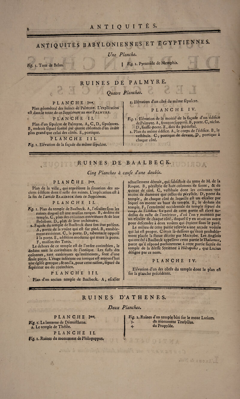 £ antiquités. ANTIQUITÉS BABYLONIENNES ET EGYPTIENNES. Une Planche. Fig. Tout Je Belus. . I Kg. i. Pyramide de Memphis. RUINES DE PALMYRE, Quatre Planches. PLANCHE iere. Plan géométral des ruines de Palmyre. L’explication eft dans le texte de ce Supplément au mot Palmyre. < P L A NC H E I I. Plan d’un fépulcre de Palmyre. A, C, D, fépultures. B, endroit féparé formé par quatre colonnes d’un ordre plus grand que celui des côtés. E, portique. Hanche iil Fig. i. Elévation de la façade du même fépulcre. 1. Elévation d’un côté du même fépulcre. PLANCHE IV. rr- - A L J* Fig. i. Elévation de la moitié de la façade d un édifice de Palmyre. A, fronton fuppofe. B, porte. C, niche» D, fauftê-porte. E, dais du piédeftal.^ i. Plan du même édifice. A, le corps de l’édifice. B , le veftibule. C , portique de devant. P, portique à chaque côté. RUINES DE B A A L B E C K. * + - J*. • - ' &.%■%.-•** C i * -vrf* -J». Cinq Planches à caufe et une double. PLANCHE Ier'. . J S > - » .' 4 Plan de la ville, qui repréfente la fituation des an¬ ciens édifices dont il refte des ruines. L’explication eft à la fin de Y article Baalbeck dans ce Supplément. PLANCHE II. Fig. i. Plan du temple de Baalbeck. A, fefcalier fous les ruines duquel eft une maifon turque. B, dedans du temple. C, plan des colonnes extérieures 8c de leur ftylobate. D, plan de leur architrave, a. Façade du temple de Baalbeck dans fon état préfent. A, partie de la voûte qui eft fur pied. B, entable¬ ment extérieur. C, la porte. D, tabernacle oppofé à la porte. E, addition moderne qui mure la porte. F, maifon des Turcs. Le dehors de ce temple eft de l’ordre corinthien, le 'dedans unit le corinthien 8c l’ionique. Les fufts des colonnes , tant extérieures qu’intérieures , font d’une feule piece. L’étage inférieur ou ionique eft aujourd’hui une églife grecque} 8c on ï’a, pour cette raifon, féparé du fupérieur ou du corinthien. PLANCHE III. c Plan d’un ancien temple de Baalbeck. A, cfcalier actuellement détruit, qui fubfiftott du tems de M. de la Roque. B, périftyle de huit colonnes de front, 8c de quinze de côté. C, veftibule dont les colonnes ont moins de diamètre que celles du péryftile. D 3 porte du temple , de chaque côté de laquelle eft un efcalier par lequel on monte au haut du temple. E, le dedans du temple. F, l’extrémité occidentale du temple féparé du corps He ificc. Le pavé de cette partie eft élevé au- defius du refte de l’intérieur, d’où Ton y montoit par un efcalier de chaque côté, duquel il y en avoir un autre pour defeendre à deux voûtes qui étoient fous le pavé. Le milieu de cette partie relevée aune arcade voûtée qui lui eft propre. C’étoit là-deffous qu’étoit probable¬ ment placée la ftatue décrite par Macrobe. Les Anglois qui ont été à Baalbeck appellent cette partie \tThalamusy parce qu’il répond parfaitement à cette partie fàcrée du temple de la déefte Syrienne à Hiêrapolis , que Lucien défigne par ce nom. PLANCHE IV. Elévation d’un des côtés du temple dont le plan eft fur la planche précédente. RUINES D’A T H E N E S. Deux Planches• PLANCHE I««. ing. i: La lanterne de Démofthene. PLANCHE II. Fig. i. Ruines du monument de Philopappus* Fig. i. Ruines d’un temple bâti fur le mont Larium, 3. du monument Trufyllus,