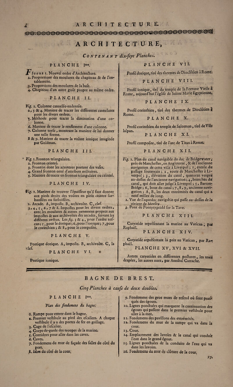 architecture. ARCHITECTURE, Contenant dix-fept Planches. PLANCHE I=«. leu re i. Nouvel ordre d’Architedlure. 2. Proportions des moulures du chapiteau 8c de l’en¬ tablement. jj. Proportions des moulures de la baie. 4. Chapiteau d’un autre goût propre au même ordre. PLANCHE II. Kg. 1. Colonne cannelée-rudentêe. 2.3 8c 4. Maniéré de tracer les différentes cannelures pour les divers ordres. ^.Méthode pour tracer la diminution d’une co¬ lonne. 6. Maniéré de tracer le renflement d’une colonne. 7. Colonne torfe, montrant la maniéré de lui donner ' une telle forme. $ 8c 9. Maniéré de tracer la volute ionique imaginée par Goldman. PLANCHE III. * Fig. 1. Fronton triangulaire. 2. Fronton ceintré. 3. Fronton dont les acroteres portent des vafes. 4. Grand fronton orné d’attributs militaires. f. Manière de tracer un fronton triangulaire ou ceintré. PLANCHE IV. Fig. ï. Maniéré de trouver l’épaifleur qu’il faut donner aux pieds droits des voûtes en plein ceintre fur- hauflées ou furbaiflees. i. Arcade. A,impolie. B, archivolte. C, clef 3.4 , f , 6,7 & 8. Impolies pour les divers ordres, avec les moulures 8c autres ornemens propres aux impolies & aux archivoltes des arcades, fuivantles différens ordres. Les fig. 3 8c 4, pour l’ordre tof- can; f , pour le dorique 3 6, pour l’ionique j 7,pour le corinthien j 8c 8, pour le compolite. PLANCHE V. Portique dorique. A,impolie. B, archivolte. C, la :clef. PLANCHE VI, • Portique ionique. PLANCHE VII. Profil dorique, tiré des thermes de Dioclétien a Rome; PLANCHE VIII. Profil ionique, tiré du temple de la Fortune Virile a Rome, aujourd’hui l’églife de Sainte Mare Egyptienne,. * . • , a * PLANCHE IX. Profil corinthien, tiré des thermes de Dioclétien 3 Rome. PLANCHE X. Profil corinthien du temple de Salomon, tiré de Vite lalpan. PLANCHE XI. 4 Profil compolite, tiré de l’arc de Titus àRome^ PLANCHE XII. Fig. 1. Plan du canal navigable du duc de Bridgevater;; près de Mancheller, en Angleterre, 8c de l’ancienne navigation de cette ville à Liverpol •, 1, entrée du paflage fouterrain *, 2 , route de Mancheller à Li¬ verpol -, 3 , élévation du canal , quatorze verges: au-deflus de l’ancienne navigation*, 4,branches du canal, qui doit aller jufqu’à Liverpol 3 f , Barton-, Bridge ; 6, bout du canal >7,8,9, ancienne navi¬ gation ; A, B , les deux extrémités du canal qui a neuf milles de long. 2. Vue de l’aqueduc navigable qui paffe au-deflus de la rivière de Merfey- $. Pont de Pontytypridd fur la Tave; PLANCHE XIII. V Caryatide repréfentant la marine au Vatican : pas Raphaël. PLANCHE XIV. Caryatide repréfentant la paix au Vatican , par Ra-* phaël. PLANCHE XV, XVI 8c XVII. Autres caryatides en différentes pollures, les une$ drapées, les autres nues, par Annibal Carrache. à»1» ■ :- BAGNE DE BREST. Cinq Planches à caufe de deux douhlesy PLANCHE Rre. Flan dès fondemens du bagne: lÿ. Rampe pour entrer dans le bagne. 2. Premier vellibule au pied des efcaliers. A chaque vellibule il y a des portes de fer en grillage. 3. Cage de l’efcalicr. 4. Corps-de-garde des troupes de la marine, f. Corridors pour aller dans les caves. 6. Caves. 7. Fondemens du mur de façade des falles du côté du port. }8. Idem du côté de la cour. 9. Fondemens des gros murs de refend où font pra# qués des égouts. 10. Lignes pondluées qui marquent la continuation des égouts qui pafîent dans le premier vellibule pour aller à la mer. 11. Fondemens des pavillons des extrémités. 12. Fondemens du mur de la rampe qui va dans la cour. 13. Cour. 14. Emplacement des lavoirs 8c le canal qui conduit l’eau dans le grand égout. iy. Lignes ponéluées de la conduite de l’eau qui va dans les lavoirs. 16, Fondemens du mur dve clôture de la cour. i7«